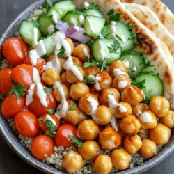 - 1 can (15 oz) chickpeas, drained and rinsed - 2 tablespoons olive oil - 1 tablespoon ground cumin - 1 tablespoon ground coriander - 1 teaspoon smoked paprika - 1 cup cooked quinoa or brown rice - 1 cup cherry tomatoes, halved - 1 cucumber, diced - 1/2 red onion, finely chopped - 1 cup fresh parsley, chopped - 1/2 cup tahini - Juice of 1 lemon - Water as needed for tahini sauce The chickpeas are the star of this dish. They give flavor and protein. I love how easy it is to make them tasty. You simply rinse and drain the chickpeas. Toss them in olive oil and spices. I often use cumin and coriander for warmth. Smoked paprika adds a nice depth. Next, you can prepare your base. I prefer quinoa or brown rice. Both add a nutty flavor. They also give a nice texture. Then, you can add fresh veggies. Cherry tomatoes and cucumbers bring crunch. Red onion adds a bit of zing. Fresh parsley gives a bright touch. Finally, the tahini sauce ties it all together. Just mix tahini with lemon juice. Thin it out with water if needed. This sauce is creamy and rich. It enhances every bite. You can find the full recipe in the article. Enjoy making your Chickpea Shawarma Bowl! - Preheat your oven to 400°F (200°C). - Gather all ingredients for easy access. - In a bowl, mix the rinsed chickpeas with olive oil, cumin, coriander, smoked paprika, turmeric, cayenne pepper, salt, and pepper. Toss well to coat the chickpeas evenly. - Spread the chickpeas on a baking sheet in a single layer. - Roast them in the oven for 20-25 minutes. Stir halfway for even cooking. - While the chickpeas roast, make the tahini sauce. - In a small bowl, whisk tahini, lemon juice, and enough water for a smooth sauce. Add salt to taste. - In bowls, layer cooked quinoa or brown rice as the base. - Top with roasted chickpeas, cherry tomatoes, cucumber, red onion, and parsley. - Drizzle the tahini sauce generously over the top. - Serve with warm, toasted pita bread on the side if you like. For the full recipe, check out the details above. Enjoy your healthy meal! To make your chickpeas shine, focus on spices. You can adjust the cayenne pepper to change the heat. For a milder bowl, use less cayenne. If you like spice, add a bit more. Spice blends can really enhance the flavor. Roasting time is key for texture. Roast the chickpeas for 20 to 25 minutes at 400°F (200°C). Check them halfway through. They should be crispy and golden brown. Keep an eye on them to avoid burning. Getting the tahini sauce right is easy. Start with tahini and lemon juice. Add water slowly until it reaches your desired thickness. You want it smooth and drizzle-able. Adding salt will enhance the taste, so don't skip it. You can create flavor variations for the tahini sauce. Try adding garlic for a punch. A bit of maple syrup can add sweetness. Experiment with herbs like parsley or cilantro for a fresh twist. The way you arrange your bowl matters. Start with the quinoa or rice at the base. Next, add the roasted chickpeas. Then layer on the cherry tomatoes, cucumbers, and onions. This creates a colorful display. Garnishing can take your bowl to the next level. Sprinkle fresh parsley on top for color. A drizzle of tahini sauce adds both flavor and beauty. A few slices of lemon can brighten the dish visually. For the full recipe, check the earlier section! {{image_2}} You can add grilled chicken or tofu for extra protein. Grilled chicken pairs well with the spices. Tofu is a great choice for a vegan option. Marinate tofu for even more flavor. Both options boost the meal's nutrition and taste. Incorporate roasted or sautéed vegetables for more color and flavor. Bell peppers, zucchini, or spinach are great choices. You can also add seasonal vegetables like asparagus in spring or squash in fall. This keeps your meal fresh and exciting. Substituting quinoa for rice makes this dish gluten-free. Quinoa has a nice texture and is full of protein. You can also try gluten-free grains like millet or farro. For low-carb options, use lettuce wraps instead of pita bread. This keeps the meal light and refreshing. You can keep leftover Chickpea Shawarma Bowl in the fridge. Use an airtight container to store it. This helps keep the flavors fresh and prevents spills. Enjoy leftovers within three days for the best taste. When reheating, use a microwave or stovetop. Heat only what you will eat to maintain quality. You can freeze chickpeas and tahini sauce separately. This keeps them fresh for longer. Place the chickpeas in a freezer-safe bag. Squeeze out the air before sealing. For tahini sauce, store it in a jar and leave some space at the top. If you want to freeze assembled bowls, do so without toppings like cucumbers and tomatoes. They are best fresh. Chickpeas can last about three to four days in the fridge. The tahini sauce also lasts about a week. If you freeze them, they can last up to three months. Always check for signs of spoilage. If you see mold or smell something off, it’s best to toss it. Enjoy your Chickpea Shawarma Bowl fresh for the best flavor! A Chickpea Shawarma Bowl is a tasty and healthy meal. It features roasted chickpeas, spices, and fresh veggies. You start with a base of cooked quinoa or brown rice. Then, you add roasted chickpeas seasoned with cumin, coriander, and paprika. Top it off with cherry tomatoes, cucumber, red onion, and parsley. Finally, drizzle a creamy tahini sauce on top for extra flavor. This dish is colorful and packed with nutrition. Yes, you can make parts of this Chickpea Shawarma Bowl ahead of time. Roast the chickpeas and prepare the tahini sauce in advance. Store them in airtight containers in the fridge. The roasted chickpeas stay crispy for days. You can also cook the quinoa or rice ahead of time. Just reheat everything when you're ready to eat. This recipe is perfect for meal prep. You can prepare all the ingredients in bulk. Roast a large batch of chickpeas and cook extra grains. Portion them into containers for easy lunches or dinners. You can mix and match the veggies for variety. This way, you enjoy a fresh meal without spending too much time cooking each day. You can easily adapt this dish for different diets. For a vegan option, this recipe is already vegan-friendly. To make it gluten-free, use quinoa instead of rice. If you have nut allergies, check your tahini for any nut content. You can swap tahini with sunflower seed butter for a nut-free version. Feel free to add or remove veggies to suit your taste and needs. A Chickpea Shawarma Bowl is a simple, tasty dish. We explored the main ingredients, like chickpeas and spices, to create this meal. I shared steps on preparing, cooking, and serving. You can customize it with proteins and veggies that you like. Remember to store leftovers properly so nothing goes to waste. Whether you want a quick meal or to impress guests, this bowl is a winner. Enjoy making it your way!