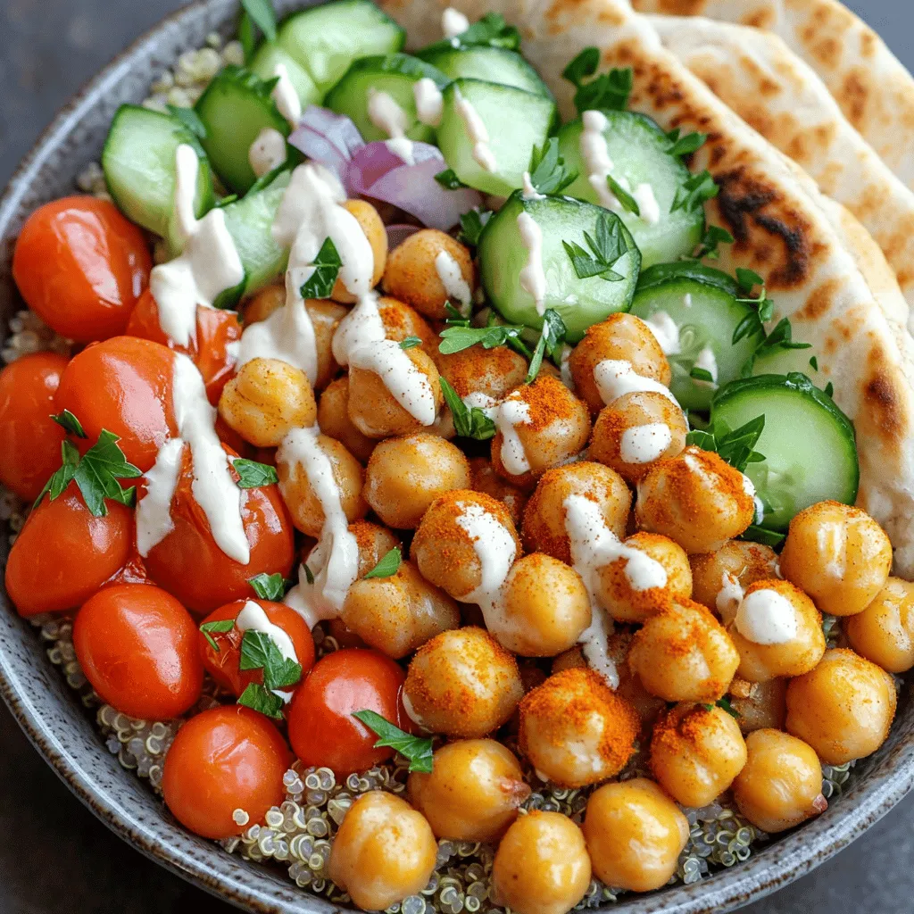 - 1 can (15 oz) chickpeas, drained and rinsed - 2 tablespoons olive oil - 1 tablespoon ground cumin - 1 tablespoon ground coriander - 1 teaspoon smoked paprika - 1 cup cooked quinoa or brown rice - 1 cup cherry tomatoes, halved - 1 cucumber, diced - 1/2 red onion, finely chopped - 1 cup fresh parsley, chopped - 1/2 cup tahini - Juice of 1 lemon - Water as needed for tahini sauce The chickpeas are the star of this dish. They give flavor and protein. I love how easy it is to make them tasty. You simply rinse and drain the chickpeas. Toss them in olive oil and spices. I often use cumin and coriander for warmth. Smoked paprika adds a nice depth. Next, you can prepare your base. I prefer quinoa or brown rice. Both add a nutty flavor. They also give a nice texture. Then, you can add fresh veggies. Cherry tomatoes and cucumbers bring crunch. Red onion adds a bit of zing. Fresh parsley gives a bright touch. Finally, the tahini sauce ties it all together. Just mix tahini with lemon juice. Thin it out with water if needed. This sauce is creamy and rich. It enhances every bite. You can find the full recipe in the article. Enjoy making your Chickpea Shawarma Bowl! - Preheat your oven to 400°F (200°C). - Gather all ingredients for easy access. - In a bowl, mix the rinsed chickpeas with olive oil, cumin, coriander, smoked paprika, turmeric, cayenne pepper, salt, and pepper. Toss well to coat the chickpeas evenly. - Spread the chickpeas on a baking sheet in a single layer. - Roast them in the oven for 20-25 minutes. Stir halfway for even cooking. - While the chickpeas roast, make the tahini sauce. - In a small bowl, whisk tahini, lemon juice, and enough water for a smooth sauce. Add salt to taste. - In bowls, layer cooked quinoa or brown rice as the base. - Top with roasted chickpeas, cherry tomatoes, cucumber, red onion, and parsley. - Drizzle the tahini sauce generously over the top. - Serve with warm, toasted pita bread on the side if you like. For the full recipe, check out the details above. Enjoy your healthy meal! To make your chickpeas shine, focus on spices. You can adjust the cayenne pepper to change the heat. For a milder bowl, use less cayenne. If you like spice, add a bit more. Spice blends can really enhance the flavor. Roasting time is key for texture. Roast the chickpeas for 20 to 25 minutes at 400°F (200°C). Check them halfway through. They should be crispy and golden brown. Keep an eye on them to avoid burning. Getting the tahini sauce right is easy. Start with tahini and lemon juice. Add water slowly until it reaches your desired thickness. You want it smooth and drizzle-able. Adding salt will enhance the taste, so don't skip it. You can create flavor variations for the tahini sauce. Try adding garlic for a punch. A bit of maple syrup can add sweetness. Experiment with herbs like parsley or cilantro for a fresh twist. The way you arrange your bowl matters. Start with the quinoa or rice at the base. Next, add the roasted chickpeas. Then layer on the cherry tomatoes, cucumbers, and onions. This creates a colorful display. Garnishing can take your bowl to the next level. Sprinkle fresh parsley on top for color. A drizzle of tahini sauce adds both flavor and beauty. A few slices of lemon can brighten the dish visually. For the full recipe, check the earlier section! {{image_2}} You can add grilled chicken or tofu for extra protein. Grilled chicken pairs well with the spices. Tofu is a great choice for a vegan option. Marinate tofu for even more flavor. Both options boost the meal's nutrition and taste. Incorporate roasted or sautéed vegetables for more color and flavor. Bell peppers, zucchini, or spinach are great choices. You can also add seasonal vegetables like asparagus in spring or squash in fall. This keeps your meal fresh and exciting. Substituting quinoa for rice makes this dish gluten-free. Quinoa has a nice texture and is full of protein. You can also try gluten-free grains like millet or farro. For low-carb options, use lettuce wraps instead of pita bread. This keeps the meal light and refreshing. You can keep leftover Chickpea Shawarma Bowl in the fridge. Use an airtight container to store it. This helps keep the flavors fresh and prevents spills. Enjoy leftovers within three days for the best taste. When reheating, use a microwave or stovetop. Heat only what you will eat to maintain quality. You can freeze chickpeas and tahini sauce separately. This keeps them fresh for longer. Place the chickpeas in a freezer-safe bag. Squeeze out the air before sealing. For tahini sauce, store it in a jar and leave some space at the top. If you want to freeze assembled bowls, do so without toppings like cucumbers and tomatoes. They are best fresh. Chickpeas can last about three to four days in the fridge. The tahini sauce also lasts about a week. If you freeze them, they can last up to three months. Always check for signs of spoilage. If you see mold or smell something off, it’s best to toss it. Enjoy your Chickpea Shawarma Bowl fresh for the best flavor! A Chickpea Shawarma Bowl is a tasty and healthy meal. It features roasted chickpeas, spices, and fresh veggies. You start with a base of cooked quinoa or brown rice. Then, you add roasted chickpeas seasoned with cumin, coriander, and paprika. Top it off with cherry tomatoes, cucumber, red onion, and parsley. Finally, drizzle a creamy tahini sauce on top for extra flavor. This dish is colorful and packed with nutrition. Yes, you can make parts of this Chickpea Shawarma Bowl ahead of time. Roast the chickpeas and prepare the tahini sauce in advance. Store them in airtight containers in the fridge. The roasted chickpeas stay crispy for days. You can also cook the quinoa or rice ahead of time. Just reheat everything when you're ready to eat. This recipe is perfect for meal prep. You can prepare all the ingredients in bulk. Roast a large batch of chickpeas and cook extra grains. Portion them into containers for easy lunches or dinners. You can mix and match the veggies for variety. This way, you enjoy a fresh meal without spending too much time cooking each day. You can easily adapt this dish for different diets. For a vegan option, this recipe is already vegan-friendly. To make it gluten-free, use quinoa instead of rice. If you have nut allergies, check your tahini for any nut content. You can swap tahini with sunflower seed butter for a nut-free version. Feel free to add or remove veggies to suit your taste and needs. A Chickpea Shawarma Bowl is a simple, tasty dish. We explored the main ingredients, like chickpeas and spices, to create this meal. I shared steps on preparing, cooking, and serving. You can customize it with proteins and veggies that you like. Remember to store leftovers properly so nothing goes to waste. Whether you want a quick meal or to impress guests, this bowl is a winner. Enjoy making it your way!
