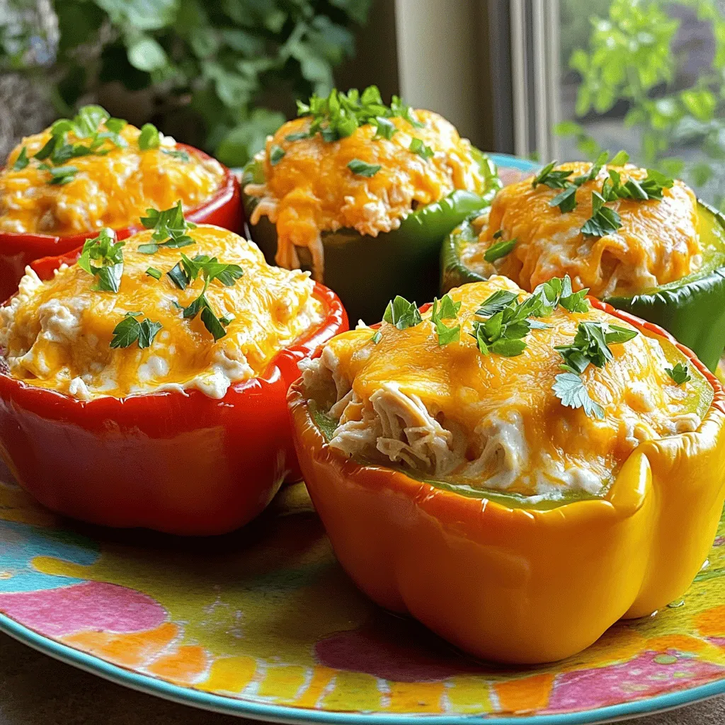 To make delicious Buffalo Chicken Stuffed Peppers, you will need the following items: - 4 large bell peppers (any color) - 2 cups cooked chicken, shredded - 1/2 cup buffalo sauce (adjust to taste) - 1/2 cup cream cheese, softened - 1 cup shredded cheddar cheese, divided - 1/2 cup Greek yogurt or sour cream - 1/4 cup chopped green onions - Celery salt, to taste - Pepper, to taste - Fresh parsley, for garnish These ingredients come together to create a tasty meal that everyone will love. If you have dietary needs, you can easily swap some ingredients. Here are a few ideas: - For a dairy-free option, use vegan cream cheese and cheese. - If you want to make it lighter, use shredded turkey instead of chicken. - You can replace Greek yogurt with dairy-free sour cream or omit it altogether. - For those who like less spice, use a mild sauce or barbecue sauce. These substitutions help you tailor the dish to your needs without losing flavor. Choosing the right bell peppers can enhance your dish. Here are some tips: - Look for firm peppers without soft spots or blemishes. - Choose peppers that feel heavy for their size; this means they are fresh. - Bright colors usually indicate better flavor, so pick red, yellow, or orange peppers. - If you can, smell the peppers; a fresh scent means they are ripe. Selecting the best bell peppers makes your stuffed peppers even more delicious. 1. First, preheat your oven to 375°F (190°C). 2. Take the bell peppers and slice the tops off. Remove the seeds and set the tops aside. 3. In a big bowl, mix shredded chicken, buffalo sauce, and softened cream cheese. 4. Add half of the shredded cheddar cheese, Greek yogurt, and green onions. Stir well. 5. Season the mix with celery salt and pepper to fit your taste. 6. Stuff each pepper with the buffalo chicken mix. Pack it tightly. 7. Place the stuffed peppers in a baking dish, standing upright. If needed, cut a little off the bottom. 8. Top each pepper with the other half of the cheddar cheese. 9. Cover the dish with foil and bake for 25 minutes. 10. Remove the foil and bake for 10-15 more minutes. Wait until the cheese is golden. 11. Let the peppers cool for a few minutes before adding fresh parsley on top. - Prep Time: 15 minutes - Total Time: 55 minutes Serve your stuffed peppers on a bright platter. Add extra green onions on top for color. You can also offer extra buffalo sauce or Greek yogurt on the side for dipping. For the full recipe, check out the details above. Enjoy your meal! To make the best stuffed peppers, start with fresh bell peppers. Choose firm ones without soft spots. Cut the tops off and remove the seeds. This step helps them cook evenly. When you stuff them, pack the filling tightly. This way, every bite is full of flavor. One common mistake is overcooking the peppers. Keep an eye on them while baking. If they get too soft, they may fall apart. Also, be sure to not skip seasoning. A little celery salt and pepper make a big difference. Make sure to taste the filling before stuffing. Adjust the buffalo sauce for your heat preference. To add more flavor, consider these tips. Mix in extra spices like garlic powder or onion powder. You can also add chopped jalapeños for heat. A splash of lime or lemon juice brightens the dish. Try drizzling extra buffalo sauce on top before serving. This adds a nice kick and looks great too. For the full recipe, check the detailed instructions. {{image_2}} You can easily make a vegetarian version of buffalo chicken stuffed peppers. Swap the chicken for chickpeas or cauliflower. Both options add great texture and flavor. Use the same buffalo sauce to keep the spicy kick. Cream cheese can be replaced with ricotta or a vegan cream cheese. This keeps the filling creamy and delicious. For a low-carb take, skip the peppers and use zucchini or eggplant instead. They have fewer carbs and soak up flavors well. You can still use the buffalo chicken mixture. Just hollow out the zucchini or eggplant and fill them up. This way, you enjoy the same great taste while staying on track with your diet. Don't be afraid to get creative with flavors! Try adding different cheeses like blue cheese or pepper jack for a twist. You can also mix in ingredients like black beans or corn for added texture. Experiment with spices, too. A little cumin or smoked paprika can change the whole dish. The beauty of stuffed peppers is their versatility. For the full recipe and cooking instructions, check out the [Full Recipe]. After you enjoy your buffalo chicken stuffed peppers, store any leftovers in a tight container. Place them in the fridge for up to three days. Make sure to let them cool down first. This keeps them fresh and tasty for your next meal. If you want to save stuffed peppers for later, freezing is a great option. Wrap each stuffed pepper in plastic wrap. Then, place them in a freezer-safe bag or container. Make sure to remove as much air as possible. You can freeze them for up to three months. When you're ready to eat, just thaw them in the fridge overnight. To reheat your stuffed peppers, preheat the oven to 350°F (175°C). Place the peppers in an oven-safe dish. Cover with foil to keep them moist. Heat for about 20-25 minutes until warm. You can also microwave them for faster results. Just place a pepper on a microwave-safe plate and heat for about 2-3 minutes. Enjoy your meal as if it was fresh from the oven! To make buffalo chicken stuffed peppers, first, gather your ingredients. You will need bell peppers, cooked chicken, buffalo sauce, cream cheese, cheddar cheese, Greek yogurt, and green onions. Preheat your oven to 375°F (190°C). Cut the tops off the bell peppers and clean out the seeds. In a bowl, mix shredded chicken, buffalo sauce, cream cheese, half the cheddar cheese, Greek yogurt, and green onions. Add celery salt and pepper to taste. Stuff the mixture into the peppers, top with cheese, and bake for 25 minutes covered, then 10-15 minutes uncovered. For the full recipe, check the earlier section. Yes, you can use various sauces. If you want a milder flavor, try barbecue sauce or ranch dressing. For a spicy kick, use a hot sauce like Sriracha or a spicy habanero sauce. You can also try teriyaki or sweet chili sauce for a unique twist. Just make sure the sauce complements the chicken well. If you need a substitute for cream cheese, try using Greek yogurt or cottage cheese. Both options add creaminess and a bit of tang. You can also use ricotta cheese for a lighter texture. Just remember that each option will change the flavor slightly, so pick one that fits your taste. This blog post covered ingredients, cooking steps, and variations for buffalo chicken stuffed peppers. We explored ingredient swaps for different diets and tips for picking the best peppers. I shared handy tips to avoid mistakes and enhance flavors. You can store leftovers well, freeze them, and reheat easily. Buffalo chicken stuffed peppers are fun to make and enjoy. With these insights, you can create tasty dishes your family will love. Happy cooking!