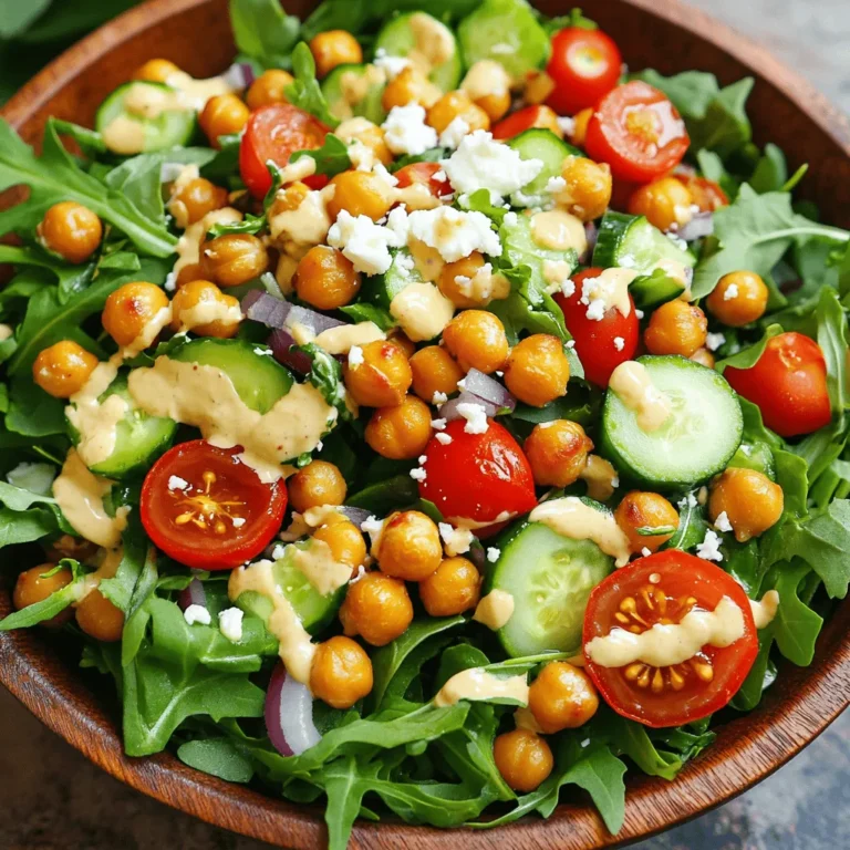 - Chickpeas and seasonings - 1 can (15 oz) chickpeas, drained and rinsed - 2 tablespoons olive oil - 1 teaspoon smoked paprika - 1/2 teaspoon garlic powder - Salt and pepper to taste - Salad base ingredients - 4 cups mixed greens (arugula, spinach, and romaine) - 1 cup cherry tomatoes, halved - 1 cucumber, diced - 1/4 red onion, thinly sliced - 1/4 cup feta cheese, crumbled (optional) - Tahini dressing components - 2 tablespoons tahini - 1 tablespoon lemon juice - 2 tablespoons water (to thin the tahini) - Fresh parsley for garnish This crispy chickpea salad is packed with flavor and health. Each ingredient adds its own charm. You’ll find the chickpeas are not just tasty; they add protein too. The mixed greens offer crunch and freshness. The cherry tomatoes and cucumber give a sweet and crisp bite. Tahini dressing ties everything together. It’s creamy yet light. Adding lemon juice brightens the flavors. Parsley adds a pop of color and freshness. You can find the full recipe at the end of this article. Enjoy crafting this dish that is both delicious and good for you! To prepare chickpeas for baking, start with a can of chickpeas. Drain and rinse them well. This step helps remove excess sodium. Next, spread the chickpeas on a baking sheet. Make sure they are in a single layer. This helps them cook evenly. For seasoning, drizzle two tablespoons of olive oil over the chickpeas. Then, sprinkle one teaspoon of smoked paprika and half a teaspoon of garlic powder. Add salt and pepper to taste. Toss everything together to ensure the chickpeas are well coated. In a large salad bowl, combine the salad base ingredients. Use four cups of mixed greens, such as arugula, spinach, and romaine. Then, add one cup of halved cherry tomatoes, one diced cucumber, and a quarter of a thinly sliced red onion. Mix these fresh veggies for a colorful base. Next, prepare the tahini dressing. In a small bowl, whisk together two tablespoons of tahini, one tablespoon of lemon juice, and two tablespoons of water. Adjust the water to make it drizzle-able. This dressing adds a creamy, nutty flavor to the salad. Once your chickpeas are golden and crispy, let them cool slightly. Then, add them to the salad. Drizzle your tahini dressing over the top and toss gently. If you like, add crumbled feta cheese for extra flavor. For garnishing, sprinkle fresh parsley on top. This adds a pop of color and freshness. Serve this salad right away for the best taste. Enjoy the crunch and flavors in every bite! For the full recipe, check out the details above. To make crispy chickpeas, start by drying them well. Use a kitchen towel to pat them dry after rinsing. This step helps them crisp up nicely. Next, spread them in a single layer on a baking sheet. Drizzle with olive oil and toss with spices like smoked paprika and garlic powder. Bake at 400°F for 25-30 minutes. Shake the pan halfway through for even cooking. If you don’t have an oven, try using an air fryer at 400°F for about 15-20 minutes. This method can also yield great results. You can customize tahini dressing to fit your taste. Add more lemon juice for tanginess or some honey for sweetness. You can mix in garlic or herbs like dill for extra flavor. Other dressings that pair well include balsamic vinaigrette or a simple olive oil and vinegar mix. Experiment with flavors you love to make it your own. Plating your salad can make it more inviting. Start by layering the mixed greens in a large bowl or plate. Then, add the colorful cherry tomatoes and diced cucumber. Scatter the crispy chickpeas on top for a nice crunch. For extra flair, sprinkle feta cheese and fresh parsley. A drizzle of dressing on top adds a beautiful finish. Use a colorful plate to enhance the salad's visual appeal. This makes it more enjoyable to eat. {{image_2}} You can change the salad with fresh, seasonal veggies. Try using sweet corn in summer or roasted squash in fall. These veggies add great flavor and color. You can also swap chickpeas for other legumes like black beans or lentils. Each legume gives a new taste and texture. This salad is easy to make vegan and gluten-free. Simply skip the feta cheese and use gluten-free grains like quinoa. For more protein, add grilled chicken, shrimp, or tofu. These options make the dish heartier and keep you full. Spices can change the whole dish. Consider adding cumin or chili powder for a kick. Fresh herbs like basil or cilantro can brighten the flavors. Don't forget toppings! Nuts or seeds add crunch and fun. You can also sprinkle some lemon zest for extra zing. To store your crispy chickpea salad, I recommend using an airtight container. This helps keep your meal fresh. Place the salad in the fridge right after serving. To keep the chickpeas crispy, avoid adding the dressing until you are ready to eat. Store the dressing separately. You can drizzle it on just before serving for the best taste. Can you freeze crispy chickpeas? Yes, but they may lose some crunch. If you want to freeze them, allow them to cool completely. Spread them on a baking sheet and freeze until solid. Then, transfer them to a freezer bag. You can freeze the salad's base too, but avoid freezing veggies like cucumbers or tomatoes. They can get mushy when thawed. How long will the salad last? The salad will stay fresh in the fridge for about three days. However, the chickpeas may lose their crunch after a day or two. Signs of spoilage to watch for include a sour smell or discoloration of the greens. If you see any mold, throw it away right away. Enjoy your crispy chickpea salad while it’s fresh! You can find the full recipe [Full Recipe]. I recommend using canned chickpeas for ease and flavor. Choose ones that are organic if possible. Look for chickpeas that are firm and free from any dark spots. Rinsing and draining them well improves their texture. If you prefer, you can also use dried chickpeas. Just soak and cook them beforehand for the best results. To add heat, mix in some red pepper flakes or cayenne pepper. You can also use a spicy dressing, like sriracha mixed with tahini. Another option is to add diced jalapeños or hot sauce to the salad. Just remember to balance the heat with the creamy tahini dressing. Yes, you can prep many parts ahead of time. Bake the chickpeas and store them in an airtight container. Chop the veggies and keep them in the fridge. Wait to mix the salad until just before serving. This keeps the chickpeas crunchy and the greens fresh. If you don’t have tahini, try using almond butter or sunflower seed butter. These options provide a similar creaminess. You can also use Greek yogurt for a tangy twist. Just mix it with lemon juice and a bit of water to thin it out. To add more protein, mix in grilled chicken or hard-boiled eggs. Quinoa or farro also work well as hearty grains. Adding nuts or seeds can provide a nice crunch and extra nutrients. You can even double the chickpeas for a protein boost. Check out the Full Recipe for more ideas! This blog post covers how to make a delicious salad using chickpeas. We explored ingredients, including seasonings and the tahini dressing. I shared step-by-step instructions on preparing chickpeas, mixing fresh ingredients, and adding final touches. I also provided tips for crispy chickpeas and dressing variations. Plus, you learned about seasonal ingredients and dietary modifications. Remember to store your salad properly to keep it fresh. With these steps, you can create a tasty salad that fits your taste and needs. Enjoy your culinary adventure!
