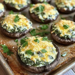 - 12 large portobello mushrooms - 2 cups fresh spinach - 1 cup cream cheese - 1/2 cup shredded mozzarella cheese - 1/4 cup grated Parmesan cheese - 2 cloves garlic - Black pepper - Red pepper flakes (optional) - Olive oil - Salt to taste - Fresh parsley for garnish Gathering the right ingredients is key to making Cheesy Spinach Stuffed Mushrooms. Start with fresh portobello mushrooms. You want them large and firm. Clean the mushrooms gently with a damp cloth. Remove the stems, making room for the filling. Next, fresh spinach adds color and nutrients. Chop it finely to mix well with cheeses. The cream cheese provides a rich base for the filling. Use softened cream cheese for easy mixing. Mozzarella adds that ooey-gooey texture. Parmesan gives a salty kick. You’ll also need garlic for flavor. Mince it finely so it blends into the filling. For seasoning, use black pepper. If you like heat, add red pepper flakes. Olive oil will help sauté the garlic and spinach. Don’t forget salt to taste. Finally, fresh parsley makes a lovely garnish. Check out the Full Recipe for all the steps! First, preheat your oven to 375°F (190°C). This step helps cook the mushrooms evenly. Next, clean the portobello mushrooms by wiping them with a damp cloth. Remove the stems and place the caps, open side up, on a baking sheet. In a medium skillet, heat one tablespoon of olive oil over medium heat. Add two minced garlic cloves and sauté for about one minute. The garlic should smell good but not burn. Next, stir in two cups of chopped fresh spinach. Cook it until it wilts, which takes about two to three minutes. Once done, take it off the heat. In a mixing bowl, combine the wilted spinach with one cup of softened cream cheese, half a cup of shredded mozzarella cheese, and a quarter cup of grated Parmesan cheese. Add a pinch of black pepper and red pepper flakes if you want some heat. Mix everything until it’s well blended. Now, use a spoon to fill each mushroom cap generously with this cheese and spinach mixture. Put the stuffed mushrooms in the preheated oven and bake them for 20 to 25 minutes. They are ready when the tops are golden and bubbly. After baking, take them out and let them cool for a few minutes. Finally, garnish with chopped fresh parsley before serving. Check out the Full Recipe for more tips and ideas! Using fresh spinach is best for this dish. It brings a bright flavor and nice texture. Frozen spinach can work, but you need to squeeze out the water. This step is key to avoid a soggy filling. When cleaning mushrooms, use a damp cloth. Do not soak them in water. This keeps them firm and flavorful. To avoid soggy mushrooms, bake them cap side up. This helps the moisture escape. You can also pre-bake the mushrooms for 5 minutes. This step dries them out a bit. Adjusting seasoning is easy. Taste your filling before stuffing the mushrooms. Add more salt or pepper to suit your taste. You can even mix in some herbs for extra flavor. {{image_2}} You can change the cheese in this recipe for more flavor. Try using feta, gouda, or cheddar. Each cheese gives a unique twist. You can also mix different cheeses for a richer taste. Adding chopped vegetables or herbs can boost flavor and nutrition. Bell peppers, onions, or artichokes work well. Fresh herbs like basil or thyme add a nice touch. Just make sure to chop them small for even cooking. If you want to make this dish dairy-free, use vegan cream cheese and dairy-free cheese. There are many great options available now. These will still give you a creamy filling. For gluten-free options, ensure your cheese and any added ingredients are gluten-free. Portobello mushrooms are naturally gluten-free, so you’re already on the right track! Enjoy your tasty creation without worry! To keep your cheesy spinach stuffed mushrooms fresh, store them in the fridge. Place them in an airtight container. They can last for about 3-4 days. When you want to reheat them, set your oven to 350°F (175°C). Place the mushrooms on a baking sheet. Bake for around 10-15 minutes until they're warm. If you want to freeze stuffed mushrooms, let them cool first. After that, put them in a freezer-safe container. You can keep them for up to 3 months. When you're ready to eat them, take them out of the freezer and thaw them in the fridge overnight. To reheat, bake them at 350°F (175°C) for 15-20 minutes. This keeps them tasty and warm. For more details on making the recipe, check the Full Recipe. Can I make Cheesy Spinach Stuffed Mushrooms ahead of time? Yes, you can make these stuffed mushrooms ahead. Prepare the filling and stuff the mushrooms. Cover them tightly and store in the fridge for up to 24 hours. When ready, bake them as directed. What can I serve with Cheesy Spinach Stuffed Mushrooms? These mushrooms pair well with many dishes. Serve them with a fresh salad, grilled chicken, or pasta. They also work great as a party appetizer. How long do Cheesy Spinach Stuffed Mushrooms last in the fridge? These stuffed mushrooms last about 3 days in the fridge. Store them in an airtight container. Reheat in the oven or microwave before serving. Can I use other types of mushrooms? Absolutely! You can use button or shiitake mushrooms if you prefer. Just adjust the baking time as needed. Larger mushrooms may need a bit more time to cook. What should I do if the filling is too watery? If the filling is too watery, squeeze out extra moisture from the spinach. You can also add more cream cheese to thicken it up. This will help keep your mushrooms firm and delicious. For the complete recipe, check out the [Full Recipe]. In this blog post, we explored how to make Cheesy Spinach Stuffed Mushrooms. You learned about the key ingredients, including portobello mushrooms, cheese, and fresh spinach. We also covered easy preparation steps, baking instructions, and useful tips to perfect your dish. Remember, you can customize the recipe with different cheeses or make it dairy-free. Enjoy experimenting with flavors and make these tasty bites your own. They are sure to impress at your next gathering!