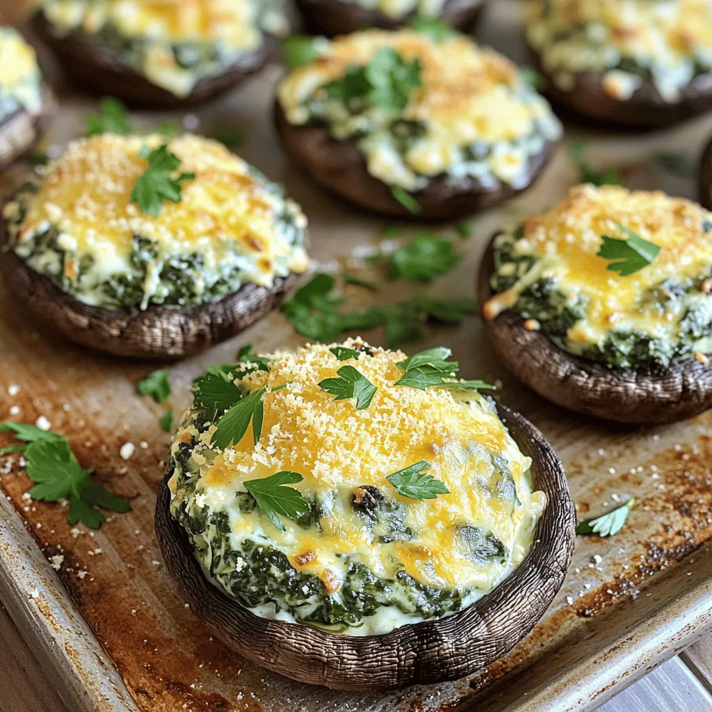 - 12 large portobello mushrooms - 2 cups fresh spinach - 1 cup cream cheese - 1/2 cup shredded mozzarella cheese - 1/4 cup grated Parmesan cheese - 2 cloves garlic - Black pepper - Red pepper flakes (optional) - Olive oil - Salt to taste - Fresh parsley for garnish Gathering the right ingredients is key to making Cheesy Spinach Stuffed Mushrooms. Start with fresh portobello mushrooms. You want them large and firm. Clean the mushrooms gently with a damp cloth. Remove the stems, making room for the filling. Next, fresh spinach adds color and nutrients. Chop it finely to mix well with cheeses. The cream cheese provides a rich base for the filling. Use softened cream cheese for easy mixing. Mozzarella adds that ooey-gooey texture. Parmesan gives a salty kick. You’ll also need garlic for flavor. Mince it finely so it blends into the filling. For seasoning, use black pepper. If you like heat, add red pepper flakes. Olive oil will help sauté the garlic and spinach. Don’t forget salt to taste. Finally, fresh parsley makes a lovely garnish. Check out the Full Recipe for all the steps! First, preheat your oven to 375°F (190°C). This step helps cook the mushrooms evenly. Next, clean the portobello mushrooms by wiping them with a damp cloth. Remove the stems and place the caps, open side up, on a baking sheet. In a medium skillet, heat one tablespoon of olive oil over medium heat. Add two minced garlic cloves and sauté for about one minute. The garlic should smell good but not burn. Next, stir in two cups of chopped fresh spinach. Cook it until it wilts, which takes about two to three minutes. Once done, take it off the heat. In a mixing bowl, combine the wilted spinach with one cup of softened cream cheese, half a cup of shredded mozzarella cheese, and a quarter cup of grated Parmesan cheese. Add a pinch of black pepper and red pepper flakes if you want some heat. Mix everything until it’s well blended. Now, use a spoon to fill each mushroom cap generously with this cheese and spinach mixture. Put the stuffed mushrooms in the preheated oven and bake them for 20 to 25 minutes. They are ready when the tops are golden and bubbly. After baking, take them out and let them cool for a few minutes. Finally, garnish with chopped fresh parsley before serving. Check out the Full Recipe for more tips and ideas! Using fresh spinach is best for this dish. It brings a bright flavor and nice texture. Frozen spinach can work, but you need to squeeze out the water. This step is key to avoid a soggy filling. When cleaning mushrooms, use a damp cloth. Do not soak them in water. This keeps them firm and flavorful. To avoid soggy mushrooms, bake them cap side up. This helps the moisture escape. You can also pre-bake the mushrooms for 5 minutes. This step dries them out a bit. Adjusting seasoning is easy. Taste your filling before stuffing the mushrooms. Add more salt or pepper to suit your taste. You can even mix in some herbs for extra flavor. {{image_2}} You can change the cheese in this recipe for more flavor. Try using feta, gouda, or cheddar. Each cheese gives a unique twist. You can also mix different cheeses for a richer taste. Adding chopped vegetables or herbs can boost flavor and nutrition. Bell peppers, onions, or artichokes work well. Fresh herbs like basil or thyme add a nice touch. Just make sure to chop them small for even cooking. If you want to make this dish dairy-free, use vegan cream cheese and dairy-free cheese. There are many great options available now. These will still give you a creamy filling. For gluten-free options, ensure your cheese and any added ingredients are gluten-free. Portobello mushrooms are naturally gluten-free, so you’re already on the right track! Enjoy your tasty creation without worry! To keep your cheesy spinach stuffed mushrooms fresh, store them in the fridge. Place them in an airtight container. They can last for about 3-4 days. When you want to reheat them, set your oven to 350°F (175°C). Place the mushrooms on a baking sheet. Bake for around 10-15 minutes until they're warm. If you want to freeze stuffed mushrooms, let them cool first. After that, put them in a freezer-safe container. You can keep them for up to 3 months. When you're ready to eat them, take them out of the freezer and thaw them in the fridge overnight. To reheat, bake them at 350°F (175°C) for 15-20 minutes. This keeps them tasty and warm. For more details on making the recipe, check the Full Recipe. Can I make Cheesy Spinach Stuffed Mushrooms ahead of time? Yes, you can make these stuffed mushrooms ahead. Prepare the filling and stuff the mushrooms. Cover them tightly and store in the fridge for up to 24 hours. When ready, bake them as directed. What can I serve with Cheesy Spinach Stuffed Mushrooms? These mushrooms pair well with many dishes. Serve them with a fresh salad, grilled chicken, or pasta. They also work great as a party appetizer. How long do Cheesy Spinach Stuffed Mushrooms last in the fridge? These stuffed mushrooms last about 3 days in the fridge. Store them in an airtight container. Reheat in the oven or microwave before serving. Can I use other types of mushrooms? Absolutely! You can use button or shiitake mushrooms if you prefer. Just adjust the baking time as needed. Larger mushrooms may need a bit more time to cook. What should I do if the filling is too watery? If the filling is too watery, squeeze out extra moisture from the spinach. You can also add more cream cheese to thicken it up. This will help keep your mushrooms firm and delicious. For the complete recipe, check out the [Full Recipe]. In this blog post, we explored how to make Cheesy Spinach Stuffed Mushrooms. You learned about the key ingredients, including portobello mushrooms, cheese, and fresh spinach. We also covered easy preparation steps, baking instructions, and useful tips to perfect your dish. Remember, you can customize the recipe with different cheeses or make it dairy-free. Enjoy experimenting with flavors and make these tasty bites your own. They are sure to impress at your next gathering!