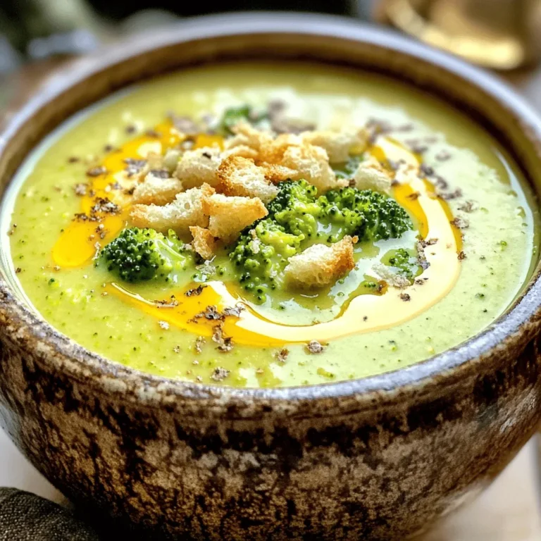To make a tasty creamy broccoli cheddar soup, you need a mix of fresh and rich ingredients. Here’s what you will need: - 3 cups fresh broccoli florets - 1 cup shredded sharp cheddar cheese - 1 medium onion, chopped - 2 cloves garlic, minced - 4 cups vegetable broth - 1 cup whole milk - 1 tablespoon olive oil - 2 tablespoons unsalted butter - 1 teaspoon dried thyme - Salt and pepper to taste These ingredients create a perfect balance of flavor and texture. The broccoli adds a fresh and bright taste, while the cheese gives a creamy finish. If you want to take your soup to the next level, consider these optional ingredients: - Croutons for garnish - A splash of lemon juice for brightness - A pinch of red pepper flakes for heat These extras can really enhance the soup's taste and make it more fun to eat. This soup is not just delicious; it also offers great nutrition. Here are some benefits of the key ingredients: - Broccoli: Packed with vitamins C and K, broccoli supports your immune system and bone health. - Cheddar Cheese: Provides protein and calcium, essential for strong bones and muscles. - Onion and Garlic: Both add flavor and contain antioxidants that help fight disease. - Milk: Adds creaminess and is a good source of calcium and vitamins. Enjoying this creamy broccoli cheddar soup not only warms your heart but also supports your health. You can find the full recipe [Full Recipe]. Start by heating olive oil and butter in a large pot over medium heat. Add the chopped onion and sauté for about five minutes until it turns soft and clear. This step builds a great flavor base. Next, stir in minced garlic and dried thyme. Cook for one more minute until you smell the aroma. Now, it’s time to add the broccoli florets. Pour in the vegetable broth, then bring it to a boil. Lower the heat and let it simmer for about 15 minutes. You want the broccoli to be tender at this point. For a smooth soup, use an immersion blender. Blend until creamy but leave some chunks for texture. If you don't have one, carefully transfer the hot soup to a countertop blender in batches. Always cover the lid with a towel to avoid spills. Once blended, pour it back into the pot if using a countertop blender. Now, slowly stir in the whole milk. This makes the soup rich and creamy. Bring it back to a gentle simmer. The last step is to add the shredded cheddar cheese. Stir it in gradually until it melts and the soup is smooth. Taste it, then season with salt and pepper as needed. For serving, ladle the hot soup into bowls. If you want, top each bowl with croutons for crunch. Enjoy your creamy broccoli cheddar delight! For more details, check the Full Recipe. To make your soup creamy, use whole milk and sharp cheddar cheese. The milk adds richness, while sharp cheese gives a strong flavor. Blending is key; use an immersion blender for a smooth texture. If you prefer a little chunkiness, blend only part of the soup. You can also add a bit of cream for extra creaminess. Avoid overcooking your broccoli. Cook it just until tender to keep its bright green color and fresh taste. Do not skip the sautéing step for the onion and garlic. This builds flavor in your soup. Also, watch the salt. Taste as you go to ensure you don’t overdo it. A large pot is essential for this soup. I recommend an immersion blender for ease and less mess. If you don’t have one, a standard blender works too. Just be careful when transferring hot soup. A ladle and a good wooden spoon will help you mix and serve easily. For the full recipe, check out Creamy Broccoli Cheddar Delight. {{image_2}} To make a vegan version of creamy broccoli cheddar soup, swap the dairy items. Use plant-based milk, like almond or oat milk. For cheese, try nutritional yeast or a vegan cheddar. These options give you a rich flavor without any animal products. You can also add coconut cream for extra creaminess. This makes the soup just as tasty and comforting. Want to add protein? Cooked chicken or tofu works great in this soup. For chicken, use shredded rotisserie chicken. Just stir it in after blending the soup. If you prefer tofu, use firm tofu and cube it. Sauté the tofu until golden and crispy. Add it at the end for a filling meal. Both choices make your soup hearty and satisfying. You can boost the flavor of your creamy broccoli cheddar soup with herbs and spices. Try adding a pinch of red pepper flakes for heat. Fresh herbs, like parsley or chives, add brightness. You can also mix in a dash of lemon juice for a zesty kick. These small tweaks make a big difference in taste. Experiment with what you like best! For the full recipe, check out the link. To keep your creamy broccoli cheddar soup fresh, let it cool first. Then, pour the soup into an airtight container. You can store it in the fridge for up to four days. Make sure to label the container with the date. This way, you will know when it is best to eat it. If you want to save some soup for later, freezing is a good option. After cooling, place the soup in freezer-safe containers or bags. Leave some space at the top, as soup expands when it freezes. This soup can last up to three months in the freezer. When you're ready to enjoy it, thaw it in the fridge overnight. To reheat your soup, use a pot over medium heat. Stir it often to help it warm evenly. If the soup seems too thick, add a splash of milk or broth. You can also microwave it, but stir it every minute to heat it evenly. Enjoy it warm for the best taste. For a special touch, add some croutons on top! Yes, you can use frozen broccoli. It saves time and is still tasty. Just add it to the pot the same way as fresh broccoli. Frozen broccoli cooks a bit faster, so check for tenderness sooner. To make this soup gluten-free, simply use gluten-free broth. Most vegetable broths are gluten-free, but always check the label. Also, avoid adding any thickener that contains gluten. The rest of the ingredients are naturally gluten-free. Some great side dishes include: - A fresh green salad - Crusty bread or rolls - A side of roasted veggies - Grilled cheese sandwiches These pair well and make your meal more filling. For a full recipe, check out the [Full Recipe]. This blog post covers everything you need to make creamy broccoli cheddar soup. You learned about essential and optional ingredients, plus their nutritional benefits. I shared step-by-step instructions for a perfect blend and tips for creaminess. You now have ideas for tasty variations and ways to store your soup properly. Remember, cooking is fun! Experiment with flavors and enjoy every bowl. Your creamy broccoli cheddar soup will impress everyone.