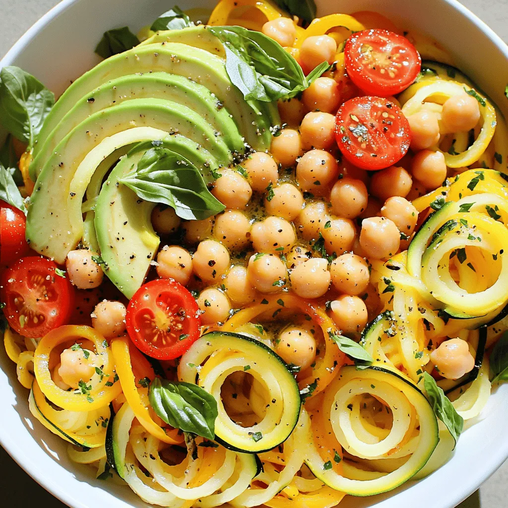 This Zesty Summer Squash Noodle Bowl is fresh and tasty. It combines zucchini and yellow squash, making a light meal. You can make this dish in just 20 minutes. It serves four people. Here’s what you need for the recipe: - 2 medium zucchini, spiralized - 1 medium yellow squash, spiralized - 1 cup cherry tomatoes, halved - 1 red bell pepper, thinly sliced - 1 cup chickpeas, drained and rinsed - 1 avocado, sliced - 1/4 cup fresh basil, chopped - 3 tablespoons olive oil - 1 tablespoon lemon juice - 1 teaspoon garlic powder - Salt and pepper, to taste Using fresh, seasonal ingredients makes this dish shine. Zucchini and yellow squash are perfect in summer. They add a nice crunch and taste. Cherry tomatoes bring sweetness and color. Red bell peppers add a crisp texture. Chickpeas add protein and keep you full. Fresh basil gives a fragrant touch. You can customize your bowl for extra flavor. Consider adding some feta cheese for creaminess. A sprinkle of chili flakes can add heat. If you love nuts, try adding some slivered almonds for crunch. You can even add grilled shrimp or chicken for more protein. Experiment with what you love! To start, you need two medium zucchinis and one medium yellow squash. Use a spiralizer to turn them into noodles. If you don’t have a spiralizer, a julienne peeler works too. After you spiralize them, place the noodles in a large mixing bowl. This step gives your dish a fun look and great texture. Next, heat a skillet over medium heat. Add one tablespoon of olive oil. Once it’s hot, toss in the thinly sliced red bell pepper. Sauté it for about three minutes. You want it to soften a bit but not get mushy. Then, add one cup of halved cherry tomatoes and one cup of rinsed chickpeas. Cook this mixture for about five minutes. You’ll see the tomatoes blister and release their juices. Sprinkle in one teaspoon of garlic powder, and season with salt and pepper to taste. This adds a punch of flavor. While the veggies cook, drizzle the remaining olive oil and one tablespoon of lemon juice over the spiralized squash. Toss gently to coat them well. Once the bell pepper, tomato, and chickpea mix is ready, combine it with your seasoned squash noodles. Be gentle so you don’t break the noodles. Finally, fold in a quarter cup of chopped fresh basil. Taste and adjust the seasoning if needed. To serve, divide the noodle bowl among plates and top each with slices of avocado. This adds creaminess and richness to your dish. Let your beautiful bowl shine with colors and flavors. Enjoy your savory summer squash noodle bowl! To spiralize vegetables, you need a good tool. A spiralizer or julienne peeler works best. Start with firm zucchini and yellow squash for easy spiralizing. Cut off the ends of the squash first. Secure the squash in your tool and twist. Keep turning until you reach the core. You want thin, even noodles for the best texture. When sautéing, heat your skillet before adding oil. Use medium heat to avoid burning. Add chopped veggies in stages, starting with those needing more time. For example, add bell peppers before tomatoes. This keeps everything crisp and fresh. Stir occasionally, but do not overdo it. You want slight browning without mushiness. To make your summer squash noodle bowl pop, use large white bowls. The bright colors of the veggies shine against the white. Add a sprinkle of fresh basil on top for a burst of green. A drizzle of olive oil boosts flavor and adds shine. Don’t forget to place the avocado slices neatly for a lovely finish. Enjoy your vibrant dish! {{image_2}} You can swap zucchini and yellow squash for other veggies. Try using carrots for a sweet crunch. Sweet potatoes work well too; they add a nice bite. Turnips make a unique twist with their peppery taste. You can even use cucumbers for a refreshing touch. Just spiralize them like the squash. If you want a protein change, use black beans or lentils. They both add a hearty texture. For a meat option, shredded chicken or grilled shrimp are great. If you prefer tofu, cubed or crumbled tofu works well too. Each of these choices brings a new flavor to the dish. This recipe is naturally gluten-free, but check your other products. Use gluten-free pasta if you like that texture. For a vegan take, ensure your oil and seasonings are plant-based. You can also skip the avocado if you want fewer fats. Each change keeps the bowl fresh and exciting. For the full recipe, see the earlier section. To keep your Summer Squash Noodle Bowl fresh, store leftovers in an airtight container. Make sure to refrigerate them within two hours after cooking. The noodles may lose some crunch, but they will still taste great. Try to eat them within three days for the best flavor. When you're ready to enjoy the leftovers, reheat them gently. You can use a skillet on low heat. Add a splash of water or olive oil to help steam the noodles. Stir often to heat them evenly. Avoid using the microwave, as it can make the noodles soggy. If you want to save some for later, you can freeze the noodle bowl. Pack it into a freezer-safe container. However, I recommend freezing only the cooked veggies and chickpeas. The spiralized noodles do not freeze well. When you're ready to eat, thaw them overnight in the fridge and reheat as described above. This method helps keep your meal fresh and tasty. Enjoy your Summer Squash Noodle Bowl! A Summer Squash Noodle Bowl is a light and fresh dish made with spiralized squash. You can use zucchini and yellow squash as the base. This bowl is colorful and filled with veggies like bell peppers and tomatoes. It's a great way to enjoy a healthy meal that feels fun and exciting. The dish is topped with chickpeas and avocado, adding protein and creaminess. I love how easy it is to make this dish, and you can serve it warm or cold. Yes, you can use other types of squash! Spaghetti squash or butternut squash can work well too. Just remember to spiralize them if possible. Each type of squash will give a unique taste and texture. If you like a bit of sweetness, try butternut squash. For a more savory flavor, go with spaghetti squash. Feel free to mix and match based on what you have at home. To make this dish ahead of time, prep the ingredients first. Spiralize the squash and chop the veggies. Store them separately in the fridge until you’re ready to cook. You can cook the veggies a few hours before serving. Just keep them in a sealed container. When it’s time to eat, combine everything in a bowl. This makes it easy to enjoy a fresh meal even when you’re short on time. For the full recipe, check out the Zesty Summer Squash Noodle Bowl! This blog post covered making a Summer Squash Noodle Bowl. We explored key ingredients, step-by-step instructions, and tips for spiralizing and sautéing. I shared ideas for variations, storage info, and answered key questions. Creating this dish can be simple and fun. By using fresh ingredients and customizing flavors, you can enjoy a tasty, healthy meal. Explore the options, try new things, and get the whole family involved!