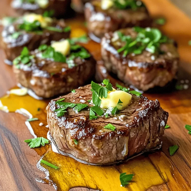 Gather these simple ingredients for your garlic butter steak bites: - 1 lb sirloin steak, cut into bite-sized pieces - 4 tablespoons unsalted butter - 4 cloves garlic, minced - 1 tablespoon fresh parsley, chopped - 1 teaspoon smoked paprika - 1 teaspoon salt - ½ teaspoon black pepper - Optional: 1 tablespoon Worcestershire sauce These ingredients blend together to create a rich, savory dish. The sirloin steak gives a nice texture, while the garlic and butter add a lot of flavor. Smoked paprika brings a hint of warmth and depth, making every bite special. If you want a little more tang, the Worcestershire sauce is a great choice. Make sure to use fresh parsley to brighten up the dish. It adds a lovely color and a fresh taste. With these ingredients, you’re ready to create a meal that impresses everyone at your table. Don't forget to check the Full Recipe for detailed steps on how to prepare this delicious dish! First, pat the steak pieces dry with paper towels. This step is key for a good sear. When the steak is dry, it browns better. This means more flavor in each bite. Next, season the steak pieces. In a bowl, mix the steak with smoked paprika, salt, and black pepper. Make sure every piece gets coated. This will add a rich flavor to the meat. Now, heat a skillet over medium-high heat. Add two tablespoons of butter. Let the butter melt until it bubbles. This is when you know the skillet is hot enough. Add the seasoned steak bites to the skillet. Do not overcrowd the pan; cook in batches if needed. Let them cook for about 2-3 minutes on each side. Look for a golden-brown crust for that perfect sear. Once the steak bites are cooked, take them out and put them on a plate. In the same skillet, lower the heat to medium. Add the remaining butter and minced garlic. Sauté the garlic for about one minute. It should smell amazing but not turn brown. If you like, add Worcestershire sauce to the garlic butter. Stir it to mix well. Return the cooked steak bites to the skillet. Toss them in the garlic butter until fully coated. Let them cook for one more minute. This helps reheat the bites and soak in the flavors. Finally, take the skillet off the heat. Sprinkle chopped fresh parsley over the steak bites. This adds color and a hint of freshness. For the full recipe, click [Full Recipe]. - To get a perfect sear, dry the steak well with a paper towel. - Use high heat to ensure a golden crust forms quickly. - Cook each side for about 2-3 minutes. - For doneness, aim for medium-rare at 130°F or medium at 140°F. - Taste your garlic butter mix. Adjust salt and pepper to your liking. - Add herbs like thyme or rosemary for extra flavor. - A sprinkle of chili flakes can bring heat if you enjoy spice. - Serve steak bites on a rustic wooden board for a casual look. - Use a white plate for a clean, elegant display. - Drizzle leftover garlic butter on top before serving. - Pair with toothpicks for easy eating and fun. - Consider serving with a fresh salad or roasted veggies for balance. For complete details, check the [Full Recipe](#). {{image_2}} While sirloin steak works well for garlic butter steak bites, you can try other cuts. Tenderloin offers a buttery taste and melts in your mouth. Ribeye has rich flavor and marbling that keeps it juicy. Flank steak gives a hearty bite and can be sliced thin after cooking. Skirt steak is great for a bold flavor. Each cut brings its unique taste and texture. Want to make your steak bites gluten-free? Simply skip the Worcestershire sauce or use a gluten-free version. This recipe is naturally low-carb since it’s packed with meat and butter. You can serve it with veggies for extra crunch without adding carbs. If you want a carb boost, pair it with rice or bread. You can change the flavor by using different spices or marinades. Try a soy sauce and ginger mix for an Asian twist. For a spicy kick, add chili flakes or cayenne pepper. A splash of balsamic vinegar can add sweetness. Experiment with herbs like rosemary or thyme for added depth. Your steak bites can taste new and exciting each time! For the full recipe, check out the [Full Recipe]. After enjoying your garlic butter steak bites, store leftovers in an airtight container. Place them in the fridge within two hours of cooking. They will stay fresh for up to three days. If you want to keep them longer, consider freezing them. To reheat your steak bites, use a skillet on low heat. This method keeps the meat juicy and warm. Add a little butter or oil to the pan. Heat for about 5 minutes, stirring gently. You can also use the microwave, but be careful not to overcook them. Heat in short bursts, checking often. If you want to freeze your steak bites, place them in a single layer on a baking sheet first. This prevents them from sticking together. Once frozen, transfer them to a freezer-safe bag. They can last up to three months. To defrost, place them in the fridge overnight. Reheat as mentioned above for the best taste and texture. For the full recipe, check out the Garlic Butter Steak Bites section. How long can garlic butter steak bites be stored in the fridge? You can keep garlic butter steak bites in the fridge for up to three days. Store them in an airtight container to keep them fresh. Reheat them on the stove or in the microwave before serving. Can I use frozen steak for this recipe? Yes, you can use frozen steak. Just thaw it completely in the fridge before cooking. Pat it dry to get a good sear. This helps the steak bites cook evenly and develop a nice crust. What are good side dishes to serve with garlic butter steak bites? Great side dishes include mashed potatoes, roasted vegetables, or a fresh salad. You can also serve them with crusty bread to soak up the garlic butter. These sides balance the rich flavors of the steak. What’s the best way to make sure steak bites are tender? Choose a good cut of meat, like sirloin or ribeye. Cut the steak against the grain into bite-sized pieces. This helps break down the muscle fibers, making each bite tender. Also, avoid overcooking them to keep them juicy. Can I make this recipe in advance? You can prepare the steak bites in advance but cook them fresh for the best taste. If you want to save time, season the steak and store it in the fridge. Cook it when you’re ready for a tasty meal. For the full recipe, check out the full recipe link. This blog post provided a simple guide to making garlic butter steak bites. We covered essential ingredients, step-by-step cooking methods, and helpful tips. Don’t forget about storage and variations to make it your own. With these insights, you can create a mouthwatering dish that impresses everyone. Enjoy your cooking and share this easy recipe with friends and family. You’ll see how good it feels to serve a delicious meal.