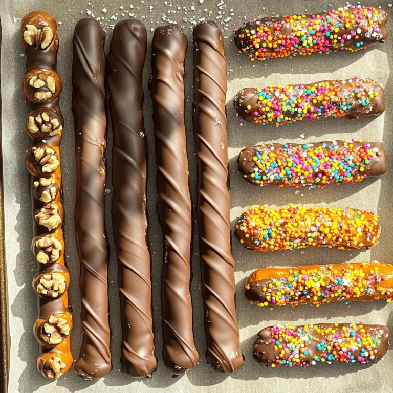 To make chocolate dipped pretzel rods, you need simple ingredients. Here’s what you will need: - 1 cup pretzel rods - 1 cup dark chocolate chips - 1 tablespoon coconut oil - Sea salt for sprinkling These ingredients create a great mix of sweet and salty. The pretzel rods give a nice crunch. The dark chocolate adds rich flavor, while coconut oil helps the chocolate melt smoothly. You can make your chocolate dipped pretzel rods even more fun with toppings. Here are some great ideas: - 1/2 cup crushed nuts (almonds, peanuts, or walnuts) - 1/2 cup colorful sprinkles These toppings add texture and color. You can mix and match to suit your taste. Try adding sea salt for a savory kick. You can also use other kinds of chocolate, like milk or white chocolate, for different flavors. Having the right tools makes cooking easier. Here’s what you will need: - Baking sheet - Parchment paper - Microwave-safe bowl - Spoon or spatula These tools help you prepare and dip the pretzel rods. The baking sheet and parchment paper keep them from sticking. The bowl is great for melting chocolate. Using a spoon or spatula makes dipping a breeze. For the full recipe, check out the recipe section above. First, gather all your tools and ingredients. You need a baking sheet, parchment paper, and a microwave-safe bowl. I always line the baking sheet with parchment paper. This step keeps your pretzel rods from sticking. Make sure your work area is clean. This helps keep the chocolate smooth and safe to eat. Next, let’s melt the chocolate. In your microwave-safe bowl, put the dark chocolate chips and coconut oil together. The coconut oil helps the chocolate stay shiny and smooth. Heat the bowl in the microwave for 30 seconds. After that, stir the mixture well. Repeat this until the chocolate is fully melted. It should look nice and creamy. Now comes the fun part—dipping! Take a pretzel rod and dip it into the melted chocolate. Make sure to coat it evenly. Let any extra chocolate drip back into the bowl. While the chocolate is still wet, you can add toppings. Roll half of the pretzel rods in crushed nuts. Roll the other half in colorful sprinkles. This adds great texture and looks awesome! Place the dipped pretzel rods on the parchment paper. For a tasty touch, sprinkle some sea salt on top. Once all the rods are done, pop them in the fridge for about 30 minutes. This helps the chocolate set firm. After that, they’re ready to eat or share! To get a great chocolate coat, start with good chocolate. Dark chocolate chips work best. Melt them slowly in the microwave. Heat in 30-second bursts and stir well. This helps avoid clumps. If the chocolate is too thick, add a bit of coconut oil. It helps smooth the chocolate out. Dip the pretzel rods quickly. A nice even coat looks best. Let excess chocolate drip off well before you set them down. Store your chocolate dipped pretzel rods in an airtight container. This keeps them fresh and crunchy. Place parchment paper between layers to prevent sticking. Keep them in a cool, dry place. Avoid heat or sunlight, as this can melt the chocolate. They last about a week if stored right. If you want to keep them longer, you can freeze them. Just wrap each rod in plastic wrap before placing them in a freezer bag. When gifting chocolate dipped pretzel rods, presentation matters. Use clear cellophane bags for a nice view. Tie them with colorful ribbons for a fun touch. You can also use small boxes or jars. Add a label with the date made to keep track. For extra flair, place a few in a cute mug. This makes a great gift for friends and family. Enjoy making them and sharing the love! {{image_2}} You can change up the chocolate to suit your taste. Dark chocolate is rich and bold. I love using white chocolate for a sweet twist. Milk chocolate is a classic choice that many enjoy. Each type brings its own flavor and fun. You can even mix chocolates for a layered effect. Just melt them separately and dip your pretzel rods half in one and half in the other. The fun doesn’t stop at chocolate! After dipping, you can add more flair. Try drizzling more chocolate on top for a pretty design. Use a squeeze bottle for control. You can also roll the pretzels in nuts like almonds or peanuts. Colorful sprinkles add joy and color. For a salty touch, sprinkle some sea salt on top before it sets. This mix of sweet and salty is always a hit! Make your pretzel rods special for each event. For holidays, use themed sprinkles. Red and green for Christmas, or pastel colors for Easter. At parties, you can match the colors to your theme. You can even package them in cute bags as favors. Each occasion offers a chance to be creative and fun! Check out the Full Recipe for more ideas. To keep your chocolate dipped pretzel rods fresh, store them in an airtight container. This will help maintain their crunch. You can use a plastic container or a glass jar. Place parchment paper between layers to prevent sticking. Store them at room temperature away from heat and direct sunlight. Chocolate dipped pretzel rods last for about two weeks at room temperature. If you want to keep them longer, you can freeze them. Wrap each rod in plastic wrap and place them in a freezer bag. They can last for up to three months in the freezer. When you're ready to enjoy them, let them thaw at room temperature. Watch for any signs of spoilage. If the chocolate looks dull or has white spots, it may have bloomed. This happens when chocolate is exposed to heat or moisture. If the pretzel rods smell stale or have a soft texture, it’s best to throw them away. Always trust your senses when checking for freshness. Yes, you can use milk chocolate or white chocolate. Each type gives a unique taste. Feel free to mix and match. For a twist, try flavored chocolate. It can add a fun touch! These treats last about one week at room temperature. If you store them in the fridge, they can last up to two weeks. Just make sure to keep them in an airtight container. This keeps them fresh and tasty. If your chocolate gets lumpy, try adding a bit more coconut oil. This helps it melt better. Also, heat it in shorter bursts in the microwave. Stir it well between each burst. This will help you avoid overheating the chocolate. Yes, if you choose vegan chocolate. Check the label to ensure it has no dairy. The rest of the ingredients are naturally vegan-friendly. So, feel free to enjoy this sweet and salty treat guilt-free! For the full recipe, don’t miss the step-by-step guide above. You learned how to make delicious chocolate-dipped pretzel rods. We covered key ingredients, tools, and step-by-step instructions. You also got helpful tips for perfecting your treats. Don’t forget the fun variations and storage tips to keep them fresh. These pretzel rods are great for gifts or any celebration. I hope you feel excited to create and share this tasty treat! Enjoy making your chocolate-dipped pretzel rods.