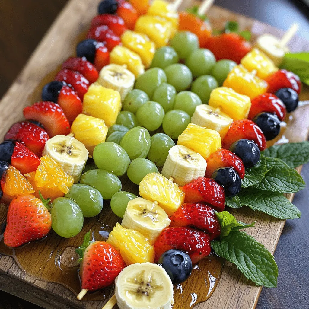 - 1 cup strawberries, hulled and halved - 1 cup orange segments - 1 cup pineapple chunks - 1 cup green grapes, halved - 1 cup blueberries - 1 banana, sliced - Optional: 1 tablespoon honey - Fresh mint leaves for garnish Rainbow Fruit Skewers are all about using bright, fresh fruits. Each fruit brings its own flavor and color, making the skewers fun to eat. You can mix and match fruits, but I love this classic combo. Here’s why each fruit shines: - Strawberries add a sweet and juicy bite. They are a great start. - Oranges bring a zesty taste and bright color. They are full of vitamin C. - Pineapples offer a tropical twist and a sweet tang. They balance the flavors well. - Green grapes are crunchy and refreshing. Halving them makes them easy to eat. - Blueberries add a deep color and burst of sweetness. They are packed with antioxidants. - Bananas are soft and creamy, rounding out the skewers perfectly. You can drizzle honey on top for extra sweetness, but it’s optional. Fresh mint leaves add a nice touch and make it look pretty. You can switch things up with other fruits. Here are some ideas: - Mango for a sweet and tropical flavor. - Kiwi adds a tart kick and vibrant color. - Raspberries for a tangy bite and extra color. To boost nutrition, try adding: - Chia seeds for fiber and omega-3s. - Yogurt for a creamy dip and extra protein. Explore these options to make your Rainbow Fruit Skewers even more exciting! You can find the full recipe at the beginning. Start by washing your fruits under cold water. This step removes dirt and germs. For strawberries, remove the green tops and cut them in half. Peel the banana and slice it into rounds. Cut the pineapple into bite-sized chunks. Halve the grapes and separate the orange segments. To select ripe fruit, look for bright colors. Strawberries should be red, oranges should be firm, and bananas should have a few brown spots. Smell the fruit; ripe fruit often has a sweet scent. Choose fruits that feel heavy for their size, as this often means they are juicy. Grab your wooden or metal skewers. Start by threading a piece of fruit onto the skewer. I like to follow a pattern for a fun look. Begin with a strawberry, then add an orange segment. Next, place a chunk of pineapple, followed by a green grape, a blueberry, and finish with a banana slice. Repeat this pattern, filling each skewer. You can mix the order if you prefer. Just make sure to alternate colors for a vibrant display. This keeps the skewers colorful and exciting. Once the skewers are ready, you can drizzle honey over them for extra sweetness. This step is optional but adds a nice touch. For a fresh aroma, garnish the skewers with mint leaves. They add color and a pop of flavor. When serving, arrange the skewers on a platter. They look amazing at parties or gatherings. You can keep them in the fridge until it’s time to eat. Enjoy your Rainbow Fruit Skewers! For the full recipe, refer back to the ingredients section. When picking fruits, it's best to choose seasonal ones. Seasonal fruits taste better and cost less. For example, strawberries shine in spring, while oranges are best in winter. Visit local markets to find fresh, ripe options. Now, should you go organic? Organic fruits often have fewer chemicals. They can be safer for kids and better for the planet. However, if organic isn't available, don't worry. Just wash your fruits well before using them. This helps remove dirt and pesticides. Serving Rainbow Fruit Skewers can be fun! Use colorful platters to make your skewers pop. A bright, round plate can add flair. You can also arrange your skewers in a jar for a cute look. To make your skewers even prettier, add garnishes. Fresh mint leaves give a nice green touch. You can also sprinkle some edible flowers on top. This adds a fun vibe and makes your treat look fancy. For more tips on making these skewers, check out the Full Recipe. {{image_2}} You can mix up the fruits on your skewers. Think of using mango or kiwi for a fun twist. These fruits add sweet and tart flavors. You can also choose different berries. Strawberries, blueberries, and raspberries work nicely together. This gives you a colorful and tasty mix. When you select exotic fruits, look for ripe ones. Ripe mangoes should feel slightly soft. Kiwi should have a smooth skin. You can also try dragon fruit for its unique look. Mixing fruits gives you a chance to explore new tastes. Creating theme-based skewers can make your treats even more fun. For holidays, use colors that match the season. For example, red and green fruits for Christmas, or bright pastels for Easter. You can also shape fruits for a fun look. Use cookie cutters to create stars or hearts from watermelon or pineapple. Kids love fun shapes and colors. You can let them help with the skewers. This makes it a fun family activity. Get creative with your themes and enjoy the smiles on their faces. For the full recipe, check out the Rainbow Fruit Skewers . To keep your rainbow fruit skewers fresh, always refrigerate them. Place the skewers in a tight container. Cover the top with plastic wrap to keep air out. This helps the fruit stay crisp and juicy. To avoid soggy skewers, do not add honey until serving. If you plan to store them for a while, separate the fruits. This way, each fruit keeps its texture and taste. You can make fruit skewers ahead of time. Prepare the fruits a day before. Store them in the fridge in separate containers. This saves you time on party day. If you have a gathering, assemble the skewers just before serving. This keeps them looking fresh. You can also let friends help with skewering. It makes for a fun activity! For the full recipe of rainbow fruit skewers, check the earlier instructions. Enjoy your colorful and healthy treats! Yes, you can use frozen fruits. Frozen fruits save time and can be just as tasty. They often retain their nutrients. However, keep in mind that they might lose some texture when thawed. Fresh fruits have a crunch and bright flavor. If you want a fun twist, mix both types. This choice adds variety to your skewers. Fruit skewers can last in the fridge for about 2 to 3 days. To keep them fresh, store them in an airtight container. This helps prevent them from drying out. If you notice the fruits getting soft or brown, it’s best to eat them soon. Fresh fruit always tastes best! You can enjoy many sauces with fruit skewers. Creamy yogurt is a great choice. It pairs well with sweet fruits. Chocolate sauce is another popular option. Kids love it, and it adds a fun touch. You might also try honey or a mix of fruit dips. These options make your skewers even more exciting! Absolutely! To make these skewers vegan, skip the honey. Instead, use maple syrup or agave nectar for sweetness. You can also add a drizzle of dairy-free yogurt for creaminess. These swaps keep the flavors bright and fun. You will still enjoy a tasty treat without any animal products. Check out the Full Recipe for more ideas! This blog post shared how to create tasty and colorful fruit skewers. You learned about the best fruits to use and how to cut and thread them. We also discussed making your skewers stand out with fun ideas and ways to store them fresh. In wrapping up, these skewers are fun and easy for everyone. You can mix fruit or pick a theme. Enjoy making these treats at home for gatherings or snacks!