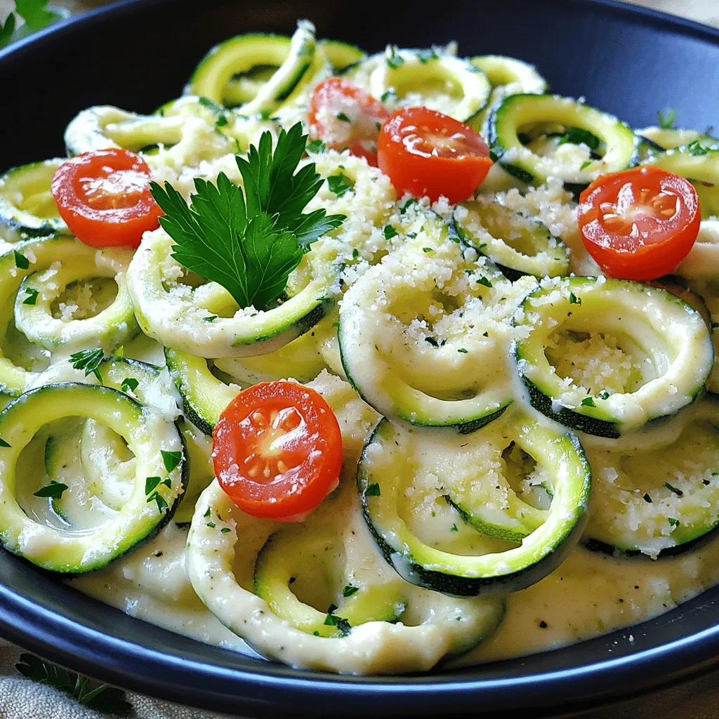- Zucchini (4 medium, spiralized) - Heavy cream (1 cup, or coconut cream for dairy-free) - Parmesan cheese (1/2 cup, or nutritional yeast for dairy-free) - Unsalted butter (2 tablespoons) - Garlic (2 cloves, minced) - Nutmeg (1/4 teaspoon) - Salt and pepper to taste - Fresh parsley (for garnish) - Cherry tomatoes (optional, for garnish) The main part of this dish is the zucchini. I love using fresh zucchini because it gives a light and fresh taste. You can spiralize the zucchini into noodles. This makes a great low-carb option. You can find spiralizers at most stores. They are easy to use and fun! For the sauce, heavy cream adds a rich flavor. If you want a dairy-free version, coconut cream works well too. It gives a unique taste that blends perfectly with the zucchini. Parmesan cheese adds a salty kick. You can swap it for nutritional yeast if you're going dairy-free. Don't forget the flavor enhancers! Butter brings a nice richness. Garlic adds depth to the sauce. Just a bit of nutmeg gives a warm touch. Finally, season with salt and pepper to balance the flavors. Fresh parsley on top makes the dish look nice. Cherry tomatoes add a pop of color and sweetness if you like. This simple mix of ingredients creates a dish that feels fancy but is easy to make. For the complete recipe, check out the full recipe section! First, you need to spiralize the zucchinis. Use a spiralizer to make long, thin noodles. After spiralizing, place the noodles in a colander. Sprinkle a little salt on them and let them sit for 10 to 15 minutes. This step helps pull out extra moisture. Once the time is up, pat the noodles dry with a paper towel. Set them aside for sautéing later. In a large skillet, melt the butter or heat the olive oil over medium heat. Add the minced garlic and cook for about one minute. Watch closely so it doesn’t burn. Next, pour in the heavy cream or coconut cream. Stir often and bring it to a gentle simmer. Cook for 3 to 5 minutes until it thickens slightly. Now, slowly whisk in the grated Parmesan cheese or nutritional yeast. Add the nutmeg and keep stirring until smooth. If the sauce seems too thick, add a splash of water or more cream. After the zucchini noodles are dry, heat a separate pan. Lightly sauté the noodles in a bit of olive oil for 2 to 3 minutes. Aim for them to be just tender, not mushy. Remove the noodles from the heat. Then, add them to the skillet with the Alfredo sauce. Gently toss to coat the noodles well. Season with salt and pepper to taste. Serve your dish right away, garnished with fresh parsley and cherry tomatoes if you like. For the complete cooking details, check out the Full Recipe. To get the sauce just right, you may need to adjust its thickness. If your sauce is too thick, add a splash of water or more cream. This will help create a smooth and creamy texture. Stir well to combine everything. Remember, a little goes a long way! Salting and drying the zucchini noodles is key. After spiralizing, sprinkle salt on the noodles. Let them sit for 10-15 minutes. This draws out excess moisture. After that, pat them dry with a paper towel. This step keeps your dish from becoming watery. You can easily change the flavor of your Alfredo sauce. Adding herbs like basil or parsley can brighten the dish. A pinch of red pepper flakes adds a nice kick. You can even experiment with spices like garlic powder or Italian seasoning. These tweaks make your Zucchini Noodle Alfredo unique and exciting. For the complete details on making this dish, check out the Full Recipe. {{image_2}} To make a vegan version of zucchini noodle Alfredo, swap out key ingredients. Use coconut cream instead of heavy cream. Nutritional yeast replaces Parmesan cheese. For butter, try olive oil. This keeps the dish creamy without dairy. You still get a rich flavor. You can even add a splash of lemon juice for brightness. It’s so tasty and pure plant-based joy! Want to boost the protein in your meal? You can add grilled chicken, shrimp, or tofu. Each option brings its unique flavor to the dish. If using chicken, grill it and slice it thinly. For shrimp, sauté them for a few minutes until pink. If you prefer tofu, choose firm tofu and sauté until golden. These additions make the dish hearty and filling. Feel free to add more veggies to your Alfredo. Spinach is a great choice; it wilts down nicely. Bell peppers add color and crunch, too. You can toss in peas or broccoli for some green goodness. These vegetables not only make the dish more vibrant, but they also boost the nutrition. Mix and match your favorites for a fun twist! To store leftovers in the fridge, let the Zucchini Noodle Alfredo cool first. Place it in an airtight container. Make sure to seal it well to keep out moisture and air. It will stay fresh for about 3 days. When you are ready to eat, just reheat it gently on the stove or in the microwave. Freezing Zucchini Noodle Alfredo is easy but requires some care. First, store the sauce in a separate container. Zucchini noodles can become mushy when frozen. For best results, freeze only the sauce. When you want to eat it, thaw the sauce in the fridge overnight. Then, sauté fresh zucchini noodles and mix them with the reheated sauce. To know when it’s time to discard your Zucchini Noodle Alfredo, watch for signs of spoilage. If you see mold, a change in color, or an off smell, it’s best to toss it. Proper storage helps extend its shelf life, but always trust your senses. Yes, you can use them. They save time and effort. However, they may lack flavor. Store-bought noodles can also be softer. This can affect the texture of your dish. If you choose this option, look for fresh noodles. They often taste better than frozen ones. You can use several options. Coconut cream is a great dairy-free choice. Silken tofu blended until smooth also works well. For a lighter option, try Greek yogurt or cashew cream. Each will give your dish a unique taste and texture. You can spiralize zucchinis ahead of time. Keep them in the fridge for up to two days. Just remember to salt them lightly. This helps draw out moisture. After salting, pat them dry before cooking. This keeps your noodles from becoming soggy. Zucchini Noodle Alfredo is a simple and tasty dish. You learned about key ingredients, like zucchini, cream, and cheese. I shared steps to make creamy sauce and perfect noodles. Tips help you avoid sogginess and adjust flavors. You can also explore vegan options and add proteins or veggies. This meal is versatile and fun. Enjoy making it your own!