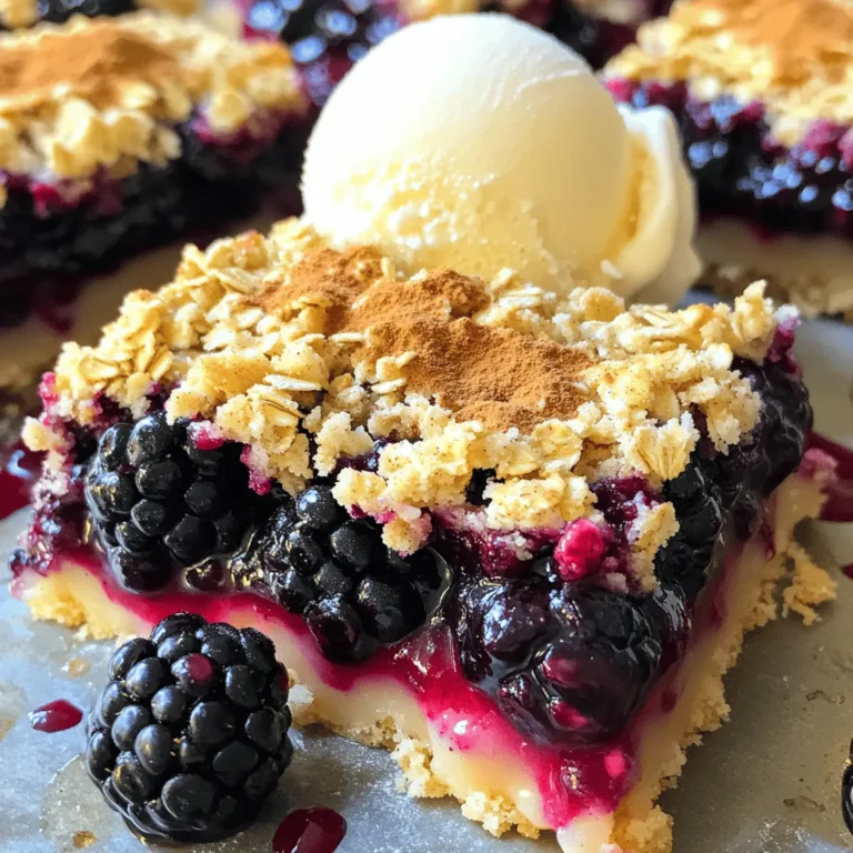 - 2 cups fresh blackberries - 1 cup all-purpose flour - 1 cup rolled oats - 1/2 cup brown sugar These main ingredients form the heart of the blackberry cobbler bars. The blackberries bring bright flavor and color. The flour and oats create a nice base and topping. Brown sugar adds a rich sweetness. - 1/2 teaspoon cinnamon - 1 tablespoon lemon juice - Serving suggestions (vanilla ice cream, powdered sugar) Adding cinnamon gives warmth and spice to the bars. Lemon juice brightens the fruit and cuts through the sweetness. Serving with vanilla ice cream or powdered sugar makes it even more special. For the full recipe, check out the details above. 1. Preheat the oven to 350°F (175°C). This helps the bars bake evenly. 2. Prepare the baking dish. You can grease an 8x8-inch dish or line it with parchment paper. This makes removing the bars easy later. 1. In a medium bowl, combine the blackberries and lemon juice. Add 2 tablespoons of granulated sugar. Toss gently to coat the blackberries. Let them sit while you prepare the crust. This helps the flavors mix well. 2. In a large mixing bowl, combine the flour, rolled oats, brown sugar, baking powder, salt, and cinnamon (if using). Mix these dry ingredients well. 3. Pour in the melted butter and vanilla extract. Stir until the mixture is crumbly yet combined. This will form your crust. 1. Press about two-thirds of the mixture into the bottom of the prepared baking dish. This forms the base. 2. Bake the base for 10 minutes in the preheated oven. This gives it a nice start. 3. Once the base is done, remove it from the oven. Let it cool for 5-10 minutes. 4. Spread the blackberry mixture evenly over the baked base. Make sure to include any juices. 5. Crumble the remaining one-third of the oat mixture over the blackberries. Spread it evenly to cover the fruit. 6. Return the baking dish to the oven. Bake for an additional 25-30 minutes. The top should be golden brown, and the blackberries will bubble. 7. Once baked, remove the dish from the oven. Let the cobbler bars cool in the pan for at least 15 minutes before cutting into bars. For the full recipe, you can refer to the earlier section. Enjoy your delicious blackberry cobbler bars! - Use fresh vs. frozen blackberries: Fresh blackberries give the best flavor and texture. They burst with juice when baked. If you use frozen blackberries, they may be watery. Thaw them first and drain excess liquid for best results. - How to achieve the perfect crumbly topping: For a crumbly topping, mix flour, oats, and sugar well. Add melted butter slowly. Stir until the mixture resembles coarse crumbs. Do not overmix; this keeps it light and crumbly. - Best ways to serve: These bars shine with a scoop of vanilla ice cream. The cold ice cream pairs well with warm bars. You can also top them with whipped cream for a lighter option. - Presentation ideas for gatherings: Cut the bars into neat squares. Dust with powdered sugar for a fancy touch. You might also arrange them on a colorful platter for a bright display. Try adding fresh mint leaves for extra flair. For the full recipe, check out the complete guide on making these delightful treats. {{image_2}} You can easily modify this recipe for different diets. If you want a gluten-free version, try using almond or coconut flour instead of all-purpose flour. These flours keep the bars tasty while making them safe for those who avoid gluten. Just be sure to adjust the liquid in the recipe since these flours absorb moisture differently. For a vegan option, you can swap the melted butter for coconut oil or a plant-based butter. This change keeps the rich flavor while fitting into a vegan diet. You won’t miss the dairy, and your bars will still taste great. Get creative with flavors in your blackberry cobbler bars. You can add spices like nutmeg or cardamom for a warm touch. If you want to change the fruit, try peaches or apples. These fruits pair well with blackberries and add extra sweetness. You can also use different sweeteners. Honey or maple syrup can replace granulated sugar for a unique taste. These alternatives add a nice twist to your bars. Just remember to adjust the amounts, as these sweeteners can be sweeter than regular sugar. For the full recipe, follow the detailed steps to create your perfect blackberry cobbler bars. To keep your blackberry cobbler bars fresh, store them in an airtight container. This will help prevent them from drying out. You can keep them at room temperature for up to three days. If you want to keep them longer, refrigeration is best. Place the bars in the fridge, and they will last for about a week. When refrigerating, make sure to wrap them well in plastic wrap or foil. This extra step helps maintain their flavor and moisture. If you notice any condensation, just gently pat the top with a paper towel before sealing them up. Freezing blackberry cobbler bars is a great option for later enjoyment. First, let the bars cool completely. Then, cut them into squares. Wrap each square in plastic wrap tightly. After wrapping, place them in a freezer-safe bag or container. These bars can stay frozen for up to three months. When you’re ready to enjoy them, just take out as many as you need. To thaw, place them in the fridge overnight or let them sit at room temperature for about an hour. This way, they will taste fresh, just like when you first made them! Can I make this recipe ahead of time? Yes, you can prepare the blackberry cobbler bars a day in advance. Just bake them, let them cool, and store them in an airtight container in the fridge. They will taste great the next day. You can also serve them cold or warm them up before serving. What can I substitute for blackberries? You can use many fruits in place of blackberries. Raspberries, blueberries, or chopped peaches work well. Each fruit gives a unique flavor. Just make sure to adjust the sugar if you use a fruit that is sweeter or more tart than blackberries. Why are my bars too crumbly? If your bars are too crumbly, you might have used too much flour or not enough butter. Make sure to measure the ingredients properly. If they are still crumbly, try adding a bit more melted butter to help bind the mixture. What should I do if my bars are too soggy? If your bars are too soggy, it could be from too much juice from the blackberries. Make sure to drain any excess juice before adding the fruit. You can also bake them a bit longer to help remove moisture. Just keep an eye on the top to avoid burning. In this blog post, I shared how to make delicious blackberry cobbler bars. You learned about the key ingredients and easy steps to prepare and bake them. I also discussed tips for perfecting your bars, serving suggestions, and fun variations. Blackberry cobbler bars are versatile and tasty. You can make them your own by altering flavors or ingredients. Whether fresh or frozen, these bars are sure to impress at any gathering. Enjoy your time baking and sharing this delightful treat!