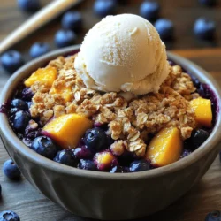 - 2 cups fresh blueberries - 2 cups ripe peaches, peeled and diced - 1/4 cup granulated sugar - 1 tablespoon lemon juice - 1 teaspoon vanilla extract - 1/2 teaspoon cinnamon - 1 cup rolled oats - 1/2 cup all-purpose flour - 1/3 cup brown sugar - 1/2 cup unsalted butter, melted - Pinch of salt Choosing the right ingredients is key to a great blueberry peach crumble. I always start with fresh fruit. Using ripe peaches really brings out the flavor. You can tell if a peach is ripe by its sweet smell and soft feel. For blueberries, look for plump and shiny berries. - Freshness indicators: Smell the fruit. Sweet scents mean good flavor. - Alternate fruit options: If peaches are not in season, try nectarines or plums. They work well too. - Gluten-free options: Substitute the all-purpose flour with a gluten-free mix. It tastes great. - Brown sugar alternatives: You can use coconut sugar or maple syrup for a different flavor. This detailed ingredient list will help you create a delicious blueberry peach crumble. Check the full recipe for exact steps. 1. First, preheat your oven to 350°F (175°C). This step is key for even baking. 2. Next, grab a large mixing bowl. Here, mix 2 cups of fresh blueberries and 2 cups of diced peaches. Add 1/4 cup of granulated sugar, 1 tablespoon of lemon juice, 1 teaspoon of vanilla extract, and 1/2 teaspoon of cinnamon. Stir gently until everything is well combined. 3. Pour this fruity mixture into a greased 9x9 inch baking dish. Make sure it spreads out evenly. 1. In a separate bowl, add 1 cup of rolled oats, 1/2 cup of all-purpose flour, and 1/3 cup of brown sugar. Mix these dry ingredients together. 2. Now, pour in 1/2 cup of melted unsalted butter and a pinch of salt. Stir until the mixture looks like coarse crumbs. This will be your crumble topping. 1. Evenly sprinkle the crumble topping over the fruit mixture in the baking dish. Make sure to cover all the fruit. 2. Place it in the oven and bake for about 30-35 minutes. Look for a golden brown topping and bubbling fruit as signs that it's done. 3. Once done, take it out of the oven and let it cool for about 10 minutes. This cooling time helps the flavors meld together. You can find the full recipe for this delicious Blueberry Peach Crumble right here! To get the best texture, focus on your topping. You want it crunchy but not too dry. Mix the oats, flour, and sugar until they look like crumbs. When you add butter, make sure it’s melted. This helps all the ingredients stick together well. To prevent a soggy bottom, avoid over-mixing your fruit. Keep the blueberries and peaches whole. Their juices will blend well while baking, but too much mixing can make it mushy. You can also add a bit of cornstarch to absorb extra liquid. This simple step helps keep your crumble nice and firm. The best way to enjoy your Blueberry Peach Crumble is warm. Serve it in bowls and top it with vanilla ice cream. The cold ice cream melts into the warm crumble, creating a perfect mix. You can also add whipped cream for extra richness. For a fun presentation, sprinkle fresh blueberries on top. This adds color and makes your dish look even more appealing. Use a nice bowl to show off your dessert. A pretty dish makes every meal feel special. Adding spices can really boost the flavor of your crumble. A dash of nutmeg pairs well with cinnamon. You can also try a pinch of ginger for a warm kick. These spices add depth and warmth to your dessert. Consider flavor pairings too. Blueberries and peaches go well with lemon. The lemon juice in the recipe brightens the whole dish. You might also try a drizzle of honey over the top before serving. It adds a sweet touch that complements the fruit nicely. For the [Full Recipe], check out the details above. {{image_2}} To make this crumble gluten-free, swap the all-purpose flour for gluten-free flour. You can use almond or coconut flour as well. This change keeps the taste and texture yummy. When you bake a gluten-free crumble, you might need to adjust the baking time. Check it about 5 minutes earlier. Gluten-free options can bake quicker. You can mix other berries into your crumble. Try using raspberries or blackberries for a fun twist. Each berry adds its own sweet flavor. Seasonal fruits are another great option. In summer, use fresh strawberries. In fall, ripe apples or pears work well. Feel free to get creative with what’s in season! For a fun twist, bake your crumble in ramekins. This makes it easy to serve. You can create individual portions for guests or family. Keep an eye on the baking time. Ramekins often bake faster than a big dish. Start checking them after about 20 minutes. They are ready when the top is golden and the fruit bubbles. You can find the full recipe for Blueberry Peach Crumble [Full Recipe]. To keep your blueberry peach crumble fresh, use an airtight container. Glass or plastic containers work well. If you plan to eat it soon, store it in the fridge. It stays good there for about three days. For longer storage, you can freeze it. Wrap it tightly in plastic wrap, then place it in a freezer bag. This helps prevent freezer burn. When reheating, the oven is best for keeping the crumble crisp. Preheat your oven to 350°F (175°C). Place the crumble in a baking dish and cover it with foil. Heat it for about 15-20 minutes. This helps the topping stay crunchy. If you're in a hurry, the microwave works too. Heat it in short intervals, about 30 seconds at a time. Just know the topping may get a bit soft. Your blueberry peach crumble lasts for three days in the fridge. When frozen, it can last up to three months. Always check for signs of spoilage. If you see mold or smell something off, it's best to throw it away. Enjoy your delicious treat while it's fresh! For the full recipe, check the earlier section. To make this Blueberry Peach Crumble vegan, you can replace the butter and honey with plant-based choices. Use coconut oil or vegan butter instead of regular butter. For the sugar, use maple syrup or agave syrup instead of honey. Eggs are not in this recipe, so you don't need an egg substitute. If you want to add some binding, consider using a flaxseed meal mix. Just mix one tablespoon of flaxseed meal with three tablespoons of water and let it sit. This will act like an egg. To keep your crumble from getting soggy, layer it correctly. Start with the fruit layer, then sprinkle the crumble topping evenly on top. Make sure to cover all the fruit. Using cornstarch can help too. Mix one tablespoon of cornstarch with the fruit. This will help soak up extra juices and keep your crumble crisp. Yes, you can use frozen fruits. Just remember to thaw them first. Drain any excess juice to avoid a watery mixture. Frozen fruit may have a slightly different taste. They might not be as sweet or bright as fresh fruit. Consider adding a bit more sugar or lemon juice to balance the flavors. You can still enjoy a delicious crumble with frozen fruits! You learned about making a tasty Blueberry Peach Crumble. We covered the key ingredients and steps to create the perfect dish. Fresh fruit is vital for great flavor, while tips and tricks help avoid common mistakes. You can also make it gluten-free or try new fruit combos. In the end, this dessert is easy and fun. You can impress friends or enjoy it simply at home. Now, gather your ingredients and start baking!