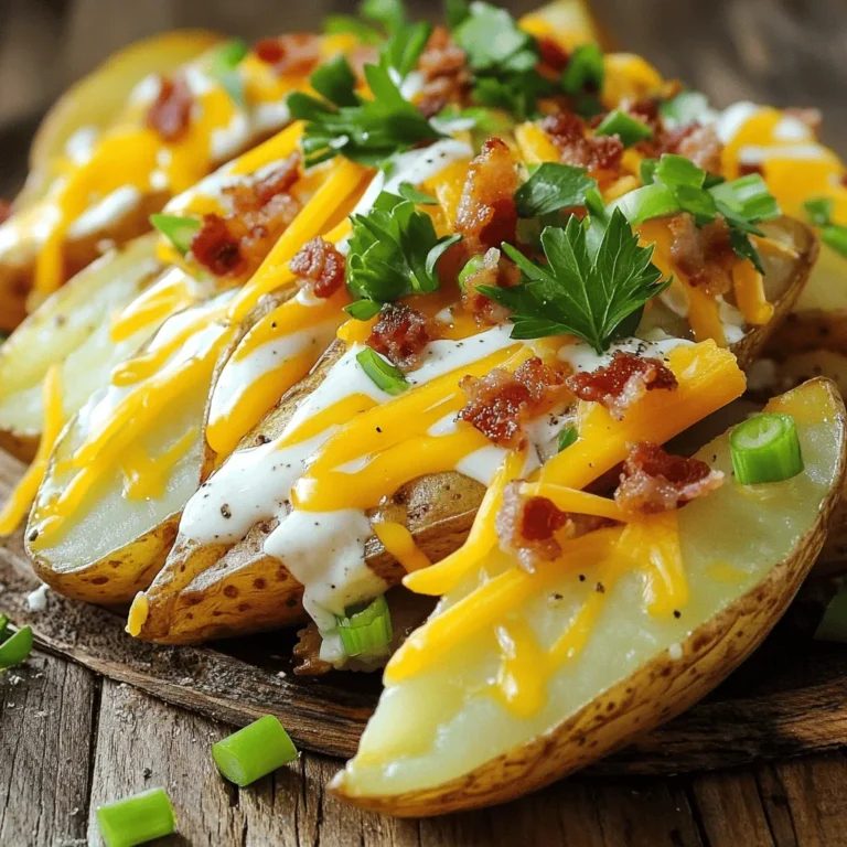To make Loaded Ranch Potato Wedges, you need the following: - 4 large russet potatoes, cut into wedges - 3 tablespoons olive oil - 1 teaspoon garlic powder - 1 teaspoon onion powder - 1 teaspoon smoked paprika - Salt and pepper to taste - 1 cup shredded cheddar cheese - ½ cup cooked bacon bits (or a vegetarian alternative) - ½ cup sour cream - ¼ cup ranch dressing - 2 green onions, sliced - Fresh parsley, chopped for garnish These ingredients create a tasty and crunchy snack. Each one plays a key role in flavor and texture. You can make simple swaps to lighten the dish. Here are some ideas: - Use sweet potatoes instead of russet potatoes for extra nutrients. - Swap olive oil for a cooking spray to cut down on fat. - Choose low-fat cheese or dairy-free cheese for a lighter option. - Replace sour cream with Greek yogurt for added protein. - Use turkey bacon or omit bacon for a vegetarian dish. These changes keep the taste while making it healthier. Choosing the right potatoes is important for great results. Here are some tips: - Go for russet potatoes. They are starchy and get crispy. - Look for firm potatoes without soft spots or sprouts. - Choose potatoes that are similar in size for even cooking. - Store them in a cool, dark place to keep them fresh longer. Picking good potatoes sets you up for success in this recipe. First, gather your ingredients. You need: - 4 large russet potatoes, cut into wedges - 3 tablespoons olive oil - 1 teaspoon garlic powder - 1 teaspoon onion powder - 1 teaspoon smoked paprika - Salt and pepper to taste - 1 cup shredded cheddar cheese - ½ cup cooked bacon bits (or a vegetarian alternative) - ½ cup sour cream - ¼ cup ranch dressing - 2 green onions, sliced - Fresh parsley, chopped for garnish Next, preheat your oven to 425°F (220°C). This step is key to getting those wedges crispy. In a big bowl, toss the potato wedges with olive oil and all the spices. Make sure each wedge is covered well. Then, lay the wedges on a baking sheet lined with parchment paper. Spread them out so they aren’t touching. Bake the potato wedges for 30-35 minutes. Halfway through, flip them to ensure even cooking. You want them golden brown and crunchy. Keep an eye on them towards the end of the baking time. If they start to look too dark, pull them out early! When the wedges are done baking, remove them from the oven. Sprinkle the shredded cheddar cheese and bacon bits on top. Return them to the oven for another 5 minutes. This step helps the cheese get gooey and melty. For an extra kick, you can turn on the broiler for the last minute, but watch closely to avoid burning. For serving, mix sour cream and ranch dressing together in a small bowl. Drizzle this over the hot wedges, then add the sliced green onions and parsley. Enjoy your Loaded Ranch Potato Wedges! For the full recipe, check out the previous section. To make your Loaded Ranch Potato Wedges easy to prepare, use the right tools. Here are my top picks: - Cutting board: A sturdy one helps you slice the potatoes safely. - Sharp knife: A good knife cuts through the potatoes with ease. - Mixing bowl: A large bowl lets you toss the wedges with oil and spices well. - Baking sheet: Use a rimmed baking sheet to catch any drips. - Parchment paper: This keeps the wedges from sticking and makes cleanup easy. Avoiding mistakes can help you get the best flavor and crunch. Here are some pitfalls to watch for: - Not drying the potatoes: After washing, dry them well. Moisture can make them soggy. - Cutting uneven wedges: Make sure all pieces are the same size. This helps them cook evenly. - Overcrowding the baking sheet: Spread the wedges out. This allows air to circulate, giving you crispiness. - Skipping the seasoning: Don’t be shy with spices. They boost the flavor significantly. For perfectly cooked and browned potato wedges, follow these tips: - Preheat the oven: Always preheat to the right temperature before baking. This helps with browning. - Turn halfway through: Flip the wedges once while baking. This promotes even browning on both sides. - Use a convection setting: If your oven has one, it circulates air and helps achieve a crispy finish. - Check for doneness: Use a fork to poke a wedge. It should be soft inside and crispy outside. For the complete recipe, check out the Full Recipe section. {{image_2}} You can change up the toppings for loaded ranch potato wedges to fit your taste. For a vegetarian option, skip the bacon and add more veggies. Try diced bell peppers or jalapeños for a spicy kick. You can also add black olives or corn for extra flavor and texture. If you love spice, sprinkle on some chili powder or hot sauce before baking. These potato wedges pair well with many side dishes. You can serve them with a fresh salad for a light meal. A creamy coleslaw also works great to balance the crunch. If you want something heartier, try chili or a bowl of soup. These sides make a lovely meal together. You can easily change the flavor of your potato wedges using different seasonings. Try adding Italian herbs like oregano and basil for an Italian twist. If you love Asian flavors, sprinkle on some sesame seeds and drizzle with soy sauce. You can also experiment with ranch seasoning, taco seasoning, or even curry powder. This lets you create unique flavors with each batch. To store your leftover Loaded Ranch Potato Wedges, first let them cool down. Place them in an airtight container. Keep them in the fridge for up to three days. When storing, try to layer them with paper towels. This helps absorb extra moisture. Avoid stacking too many on top of each other. This keeps them crispy for when you reheat them. To reheat your potato wedges, use your oven or air fryer. Preheat your oven to 400°F (200°C). Spread the wedges on a baking sheet. Bake them for about 10 to 15 minutes. This makes them hot and crispy again. If using an air fryer, set it to 375°F (190°C) and cook for 5 to 7 minutes. This method keeps the flavors fresh and the texture just right. You can freeze Loaded Ranch Potato Wedges, but there are some things to know. The pros include saving leftovers for later and easy meal prep. To freeze, let the wedges cool completely. Place them in a freezer-safe bag or container. They can last for up to a month. The cons are that the texture may change after thawing. They might not be as crispy when reheated. If you want to enjoy them fresh, it’s best to eat them right after cooking. For the full recipe, check the recipe section. To make Loaded Ranch Potato Wedges vegan, swap out the cheese and bacon. Use vegan cheese for a creamy touch. You can use plant-based bacon bits or skip them altogether. Replace sour cream with a dairy-free alternative, like cashew cream or coconut yogurt. Finally, check your ranch dressing. Choose a vegan version for the best flavor. Yes, you can use any cheese you like. Try mozzarella for a milder taste or pepper jack for some heat. Crumbled feta adds a tangy twist. Just remember that cheese melts differently. Choose based on how melty you want your wedges. These wedges go great with many dishes. Serve them as a side with burgers or grilled chicken. They make a fun snack for game day. Add a fresh salad for a balanced meal. You can also pair them with dips like guacamole or salsa for extra flavor. Loaded Ranch Potato Wedges are a fun and tasty snack. We covered the best ingredients, prepping steps, and cooking tips for a crispy finish. I shared alternative ideas for healthier wedges and fun toppings to try. Don’t forget to avoid common mistakes to get that perfect bake. Store leftovers properly for later, and reheat them right to keep their flavor. Whether you make them vegan or change the cheese, you can customize these wedges as you like. Dive into this delicious dish and enjoy!