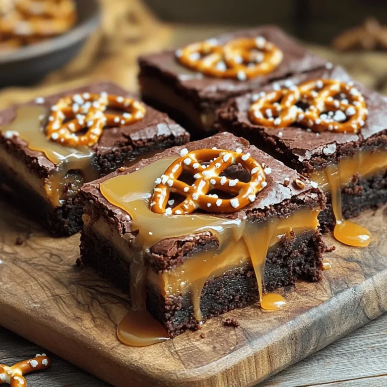 To make chewy salted caramel pretzel brownies, gather these ingredients: - 1 cup unsalted butter (2 sticks) - 1 cup brown sugar, packed - 1 cup granulated sugar - 4 large eggs - 1 teaspoon vanilla extract - 1 cup all-purpose flour - 1 cup unsweetened cocoa powder - 1 teaspoon baking powder - 1/2 teaspoon salt - 1 cup pretzel sticks, crushed (plus more for topping) - 1 cup chocolate chips - 1 cup caramel sauce (store-bought or homemade) - Sea salt for sprinkling Measuring accurately is key to great brownies. Here are some tips: - Use dry measuring cups for flour and cocoa powder. - Pack the brown sugar firmly in the cup for the right sweetness. - Use a liquid measuring cup for butter and eggs. - Level off the flour and cocoa with a straight edge for precision. You can swap some ingredients if needed: - Use coconut oil instead of butter for a dairy-free option. - Substitute brown sugar with coconut sugar for a lower glycemic index. - Use gluten-free flour for a gluten-free version. - Replace chocolate chips with white chocolate or butterscotch chips for a twist. These tips and substitutes can help you make the best chewy salted caramel pretzel brownies. For the full recipe, check out the detailed steps. First, gather your tools. You will need a 9x13 inch baking dish, a whisk, and a mixing bowl. Get a saucepan ready for melting butter. Also, have some measuring cups and spoons nearby. Grease the baking dish or line it with parchment paper. This step helps when you want to remove the brownies easily. Start by preheating your oven to 350°F (175°C). In the saucepan, melt the butter over medium heat. Once it melts, take it off the heat. Add the brown sugar and granulated sugar to the butter. Whisk until it is smooth. Let this mix cool down a bit. Now, add the eggs one at a time. Mix well after each egg. Next, stir in the vanilla extract for flavor. In another bowl, mix the flour, cocoa powder, baking powder, and salt. Gradually fold this dry mix into the wet ingredients. Be gentle; this keeps the brownies soft. Now, fold in the crushed pretzels and chocolate chips. This adds crunch and sweetness. Pour half of this batter into your prepared dish. Spread it out evenly. Drizzle half of the caramel sauce over this layer. Carefully spread the remaining brownie batter on top. Drizzle the rest of the caramel sauce over this layer. Use a knife to swirl the caramel into the batter. Top it off with more crushed pretzels and a sprinkle of sea salt. Bake these brownies for 25-30 minutes. A toothpick should come out with a few moist crumbs when they are done. After baking, let the brownies cool completely in the dish. This cooling time is key for nice cuts. Once cool, slice them into squares. For a fun touch, serve on a rustic wooden board. Drizzle extra caramel sauce on top and add whole pretzels for decoration. Enjoy them with a glass of cold milk! For the full recipe, refer to the earlier section. To get chewy salted caramel pretzel brownies just right, focus on timing. Bake them for 25 to 30 minutes. Check with a toothpick; it should have a few moist crumbs. This helps keep the center soft. Use room temperature eggs for a better mix. They blend well with other ingredients. Also, don’t overmix your batter. Fold until you see no flour. This keeps the brownies fluffy. Watch out for these common errors. First, don’t skip the sea salt. It balances the sweetness. Second, avoid using cold butter. Melt it before mixing with sugar. Cold butter can lead to uneven texture. Third, do not overbake the brownies. They may turn dry and crumbly. Lastly, be careful with the caramel. Too much can make brownies soggy. Just drizzle enough for flavor. Want to boost your brownies? Try these ideas. Add a splash of espresso to deepen the chocolate taste. You can also mix in nuts like pecans or walnuts for crunch. If you like spice, add a pinch of cinnamon. For a fun twist, use flavored pretzels, like honey or chocolate-covered ones. These small changes can make a big difference. For the full recipe, check the earlier section. {{image_2}} You can easily make these brownies gluten-free. Just swap the all-purpose flour with a 1-to-1 gluten-free blend. Check the label to ensure it works for baking. This switch keeps the texture chewy, just like the original. Want more crunch? Add nuts! Chopped pecans or walnuts work great. They add a nice texture. You can also mix in crushed candy bars or toffee bits for extra flavor. Just keep the total mix-ins to around one cup. This way, the brownies stay rich and gooey. For a fun twist, try white chocolate chips instead of dark. They bring a sweeter touch to each bite. You can even mix both types of chocolate for a unique taste. Remember, balance is key. Enjoy the different flavors while keeping the chewy texture. For the full recipe, check out the Chewy Salted Caramel Pretzel Brownies 🥨 section above! To keep your chewy salted caramel pretzel brownies fresh, store them in an airtight container. Make sure they cool completely before sealing. This helps keep them moist and chewy. You can keep them at room temperature for up to three days. If you want them to last longer, consider refrigeration. Just note that chilled brownies may be denser. Freezing these brownies is easy. First, let them cool completely. Cut them into squares and wrap each piece tightly in plastic wrap. Place the wrapped brownies in a freezer-safe bag or container. They can last in the freezer for up to three months. When you’re ready to enjoy them, just let them thaw in the fridge overnight. For warm, gooey brownies, reheat individual pieces in the microwave. Heat for about 15-20 seconds. Check to avoid overheating. If you prefer, you can warm them in a preheated oven at 350°F (175°C) for about 5-10 minutes. Reheating brings back that fresh-baked taste and soft texture. For a treat, drizzle some extra caramel on top before serving! To make these brownies even more rich, you can add more chocolate. Try mixing in extra chocolate chips or chunks. You can also add a layer of melted chocolate on top after baking. Another great idea is to use a richer caramel sauce. This adds depth to the flavor. You could also sprinkle chopped nuts for crunch. Each of these tips boosts the taste and texture of your brownies. Yes, you can use store-bought caramel sauce. It saves time and still tastes great. Just make sure to choose a high-quality brand for the best flavor. If you want a homemade touch, you can warm the store-bought sauce. This makes it easier to drizzle over the brownie batter. It also helps create a lovely swirl effect. To cut brownies cleanly, start with a sharp knife. Dip the knife in hot water, then wipe it dry before cutting. This helps the knife glide through the brownie without sticking. Make sure to let the brownies cool completely before slicing. For neat edges, cut in a straight line and clean the knife between slices. This method keeps your brownies looking beautiful and appealing. In this article, we explored the key ingredients needed for your recipe, along with measuring tips and substitutions. I shared step-by-step instructions for preparation, mixing, and baking. We also discussed how to achieve the perfect texture and avoid common mistakes. Finally, I provided storage tips and answers to your FAQs. Remember, with the right ingredients and techniques, you can create delicious brownies that everyone will enjoy. Happy baking!