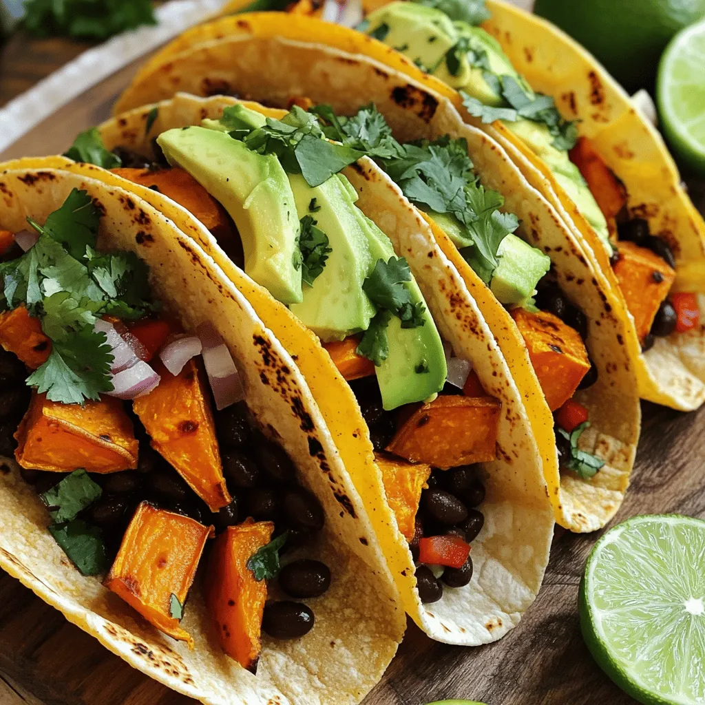To make sweet potato black bean tacos, you need a few key ingredients. Each one adds flavor and texture to the dish. Here’s what you’ll need: - 2 medium sweet potatoes, peeled and diced - 1 can (15 oz) black beans, drained and rinsed - 1 red bell pepper, diced - 1 small red onion, diced - 2 cloves garlic, minced - 1 teaspoon ground cumin - 1 teaspoon smoked paprika - 1 tablespoon olive oil - Salt and pepper to taste - Corn tortillas (8-10) - Fresh cilantro, chopped (for garnish) - Avocado slices (for topping) - Lime wedges (for serving) These ingredients create a colorful and tasty meal. Sweet potatoes offer a natural sweetness, while black beans provide protein. The bell pepper and onion add crunch and flavor. Garlic, cumin, and smoked paprika give warmth and depth. You can find the full recipe to explore how these ingredients come together. Enjoy making these delicious tacos! First, preheat your oven to 400°F (200°C). This step is key for roasting our sweet potatoes. Next, peel and dice the sweet potatoes into small cubes. In a large bowl, toss the diced sweet potatoes with one tablespoon of olive oil. Add one teaspoon of ground cumin, one teaspoon of smoked paprika, and salt and pepper to taste. Mix until all the sweet potato pieces are well-coated. Spread the seasoned sweet potatoes on a baking sheet in a single layer. Roast them in the preheated oven for about 25 to 30 minutes. Stir the sweet potatoes halfway through for even cooking. While they roast, heat a skillet over medium heat. Add one diced red onion and one diced red bell pepper. Sauté for about five minutes until they soften. Then, add two minced garlic cloves and cook for one more minute. When the sweet potatoes are ready, stir in one can of drained and rinsed black beans with the sautéed veggies. Mix everything gently. In a separate dry skillet, warm your corn tortillas over low heat for one to two minutes on each side. This makes them easier to fold. To assemble your tacos, place a generous scoop of the sweet potato and black bean mix onto each tortilla. Top them with avocado slices and chopped cilantro. Serve with lime wedges for a fresh squeeze. For the full recipe, check out the recipe guide above. Choosing the right sweet potatoes makes a big difference. Look for firm potatoes with smooth skin. Avoid any with spots or soft spots. This ensures a flavorful base for your tacos. To ensure even roasting, cut the sweet potatoes into similar-sized pieces. This lets them cook at the same speed. Spread them out on the baking sheet without crowding. Stir them halfway through to brown all sides. When sautéing the vegetables, use medium heat. This helps them soften without burning. Keep an eye on them and stir often. Add the garlic last to keep its flavor fresh. To boost flavor, think about adding other spices. You can try chili powder for heat or oregano for earthiness. A pinch of cayenne can also wake up the dish. Adjusting seasoning is easy. After mixing everything, taste the filling. If it needs more salt or spice, add it slowly. This way, you can find the right balance for your taste. Explore the [Full Recipe] for more tips and ideas on creating the perfect sweet potato black bean tacos! {{image_2}} You can easily swap ingredients in these tacos. If you want a change, try using chickpeas or lentils instead of black beans. Both options add a nice texture and flavor. You can also switch up your taco shells. Try flour tortillas, lettuce wraps, or even pita bread for a fun twist. You don’t have to stick to one way to cook these tacos. You can prepare the filling on the stovetop, use the microwave, or grill the sweet potatoes for a smoky taste. If you want to add creaminess, try vegan cheese or top with fresh salsa. This way, each bite brings new flavors and joy. Check out the Full Recipe to start your taco adventure! After enjoying your sweet potato black bean tacos, store leftovers properly. Place the tacos in an airtight container. This keeps them fresh and prevents odors. When stored this way, they last in the fridge for up to three days. Make sure to separate the filling from the tortillas if you want to keep them crispy. Freezing is a great way to save these tasty tacos for later. I recommend freezing the sweet potato and black bean filling separately from the tortillas. This keeps everything fresh and tasty. Use a freezer-safe container or bag for best results. When you're ready to eat, thaw the filling overnight in the fridge. To reheat, warm the filling in a skillet over medium heat until hot. For the tortillas, warm them in a dry skillet for one to two minutes on each side. Enjoy your tacos just like the day you made them! Can I make this taco recipe ahead of time? Yes, you can make these tacos ahead of time. I recommend cooking the sweet potatoes and the black bean mix first. You can store them in the fridge for up to three days. When you’re ready to eat, just heat them up and warm the tortillas. This makes for a quick meal on busy days. Are sweet potato black bean tacos gluten-free? Yes, these tacos are gluten-free. The main ingredients are sweet potatoes and black beans, which are both gluten-free. Just make sure to use corn tortillas, as some tortillas may contain gluten. Always check the labels to confirm. What can I serve with these tacos? These tacos pair well with many sides. You might serve them with a fresh salad or some rice. You can also add a side of guacamole or a simple salsa. For a fun twist, try serving them with tortilla chips for extra crunch. Enjoy mixing and matching! Sweet potato black bean tacos are tasty and easy to make. We explored the key ingredients like sweet potatoes, black beans, and spices. I shared step-by-step instructions for preparation and cooking. You learned tips for perfecting your method and options for variations. Lastly, I covered storage and answered common questions. Embrace this recipe for a fun, healthy meal. Enjoy making these tacos your own!