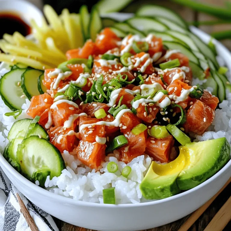 - 1 cup sushi rice - 1 1/4 cups water - 1 tablespoon rice vinegar - 1 teaspoon sugar - 1/2 teaspoon salt - 8 oz sushi-grade tuna, diced - 2 tablespoons mayonnaise (preferably Kewpie or a Japanese mayo) - 1 tablespoon sriracha sauce (adjust to taste) - 1 green onion, finely chopped - 1 avocado, sliced - 1 small cucumber, julienned - 1 sheet of nori, cut into strips - Sesame seeds for garnish - Soy sauce for serving - Pickled ginger (optional) To make a great spicy tuna sushi bowl, you need fresh ingredients. Sushi rice is the base. It sticks well and has the right texture. For the star of the dish, use sushi-grade tuna. This type of tuna is safe to eat raw and is fresh. Look for bright color and firm texture. When choosing tuna, ask your fishmonger. They can help you find the best quality. You want tuna that has been handled properly and kept cold. If you can't find sushi rice, you can use jasmine rice. It won't be the same, but it works well. For mayonnaise, Greek yogurt is a good swap. It adds creaminess without extra fat. If you need gluten-free options, look for tamari instead of soy sauce. It has a similar taste and is safe for gluten-free diets. Start by rinsing the sushi rice. This step is key to getting rid of excess starch. Rinse it under cold water until the water runs clear. Next, combine the rinsed rice with water in a medium saucepan. Bring it to a boil, then cover and lower the heat. Cook the rice for 18-20 minutes until all the water is absorbed. After cooking, let the rice sit covered for 10 minutes. This resting time allows the rice to steam and become fluffy. For the perfect sushi rice, you need to mix rice vinegar, sugar, and salt. In a small bowl, combine one tablespoon of rice vinegar, one teaspoon of sugar, and half a teaspoon of salt. Stir until the mixture dissolves completely. After the rice cools slightly, fluff it gently with a fork. Carefully fold in the vinegar mixture. Let the rice cool to room temperature for the best texture. For the spicy tuna, combine eight ounces of diced sushi-grade tuna with mayonnaise and sriracha. Use two tablespoons of mayonnaise—preferably Kewpie for the best flavor—and one tablespoon of sriracha. Mix everything well until combined. If you like more heat, feel free to add more sriracha. Remember, you can always adjust the spice level to suit your taste. Now it’s time to build your bowls! Start by dividing the seasoned sushi rice among your bowls. Then, top each bowl with a generous portion of spicy tuna. Add sliced avocado and julienned cucumber for color and crunch. For a beautiful presentation, sprinkle sesame seeds over the top and add strips of nori. Serve your bowls with soy sauce and pickled ginger on the side for extra flavor. For the complete recipe, check the [Full Recipe]. To cook sushi rice perfectly, start by rinsing it. Rinse the rice under cold water until the water runs clear. This removes excess starch. Next, combine the rinsed rice and water in a saucepan. Bring it to a boil, then cover and reduce the heat. Cook for about 18-20 minutes. Once done, let it sit covered for 10 minutes. This step ensures the rice becomes fluffy. If you have leftover rice, store it in an airtight container. It can stay fresh in the fridge for about three days. To reheat, add a little water and microwave it covered. This method helps the rice regain its texture. To modify the heat in your spicy tuna, adjust the sriracha. If you want less spice, use less sriracha or add more mayonnaise. You can also add other ingredients for texture. Finely chopped cucumber or crunchy tempura bits can add a great bite. Try adding avocado for creaminess or some sesame oil for extra flavor. Garnishing is key to making your bowl look great. Use sesame seeds to add crunch and a nutty flavor. Sprinkle them on just before serving. For nori, cut it into strips and place it over the top. This adds a touch of elegance and flavor. When serving, use clear bowls. This allows the colorful layers to show. Arrange the rice, spicy tuna, and veggies neatly. A beautiful presentation makes your meal more inviting. For fun, add pickled ginger on the side for a fresh contrast. For the full recipe, check out the details above. Enjoy crafting your spicy tuna sushi bowl! {{image_2}} You can make your spicy tuna sushi bowl with different proteins. If you want a change, try salmon. It has a rich flavor that pairs well with the other ingredients. For a plant-based option, you can use tofu. Tofu absorbs flavors well, making it a great substitute. Just marinate it in a mix of soy sauce and sriracha. For a vegan bowl, skip the tuna and mayo. Instead, use avocado and seaweed. You can also add chickpeas for protein. This keeps your dish colorful and healthy. Toppings can add a lot of fun to your sushi bowl. Try adding radish for crunch or edamame for protein. Both will give your bowl a fresh twist. You might also enjoy using spicy mayo as a topping. It brings heat and creaminess that ties the dish together. For sauces, explore unique options. A drizzle of ponzu sauce can add a tangy flavor. You could also try a sesame dressing for a nutty taste. These sauces enhance the dish and make every bite exciting. Feel free to mix and match toppings and sauces. This allows you to create a bowl that suits your taste. For the full recipe, check out the [Full Recipe]. To store leftovers, keep sushi rice and spicy tuna separate. Place sushi rice in an airtight container. It stays fresh for up to three days in the fridge. For the spicy tuna, use a different airtight container. It will last for about two days. Make sure the tuna is cold before sealing the container. This helps keep it fresh. If you want to freeze the rice, you can do that too. Spread the cooled rice on a baking sheet. Freeze it for about an hour. Then, transfer it to a freezer bag. This way, it stays good for about a month. To reheat sushi rice, add a little water to it. Place it in the microwave for about 20 seconds. Stir it, then heat for another 20 seconds. This helps the rice regain its moisture. When storing raw fish, always be careful. Keep it in the coldest part of your fridge. Use it within two days for the best taste. If it smells off or looks different, throw it away. Safety first! You want to use sushi-grade tuna for sushi bowls. This type is fresh, high quality, and safe to eat raw. Look for bright red or deep pink flesh. The fish should smell fresh, not fishy. When you buy your tuna, ask for a cut that is firm, moist, and free from any dark spots. This ensures the best flavor and texture for your spicy tuna. Yes, you can make spicy tuna ahead of time. Just mix the tuna, mayonnaise, and sriracha a few hours before serving. Store it in an airtight container in the fridge. This allows flavors to meld together. However, add green onions right before serving to keep them fresh. If you prepare it too far in advance, the tuna may lose its texture and flavor. This recipe can be gluten-free with a few swaps. Use gluten-free soy sauce instead of regular soy sauce. Check the mayonnaise label, as some brands may contain gluten. For the rice, all sushi rice is gluten-free. Just ensure your other ingredients, like toppings, are also gluten-free to keep the entire dish safe for those with gluten sensitivities. You can easily make sushi rice on the stovetop. Start by rinsing 1 cup of sushi rice under cold water until the water runs clear. Then, combine it with 1 1/4 cups of water in a saucepan. Bring it to a boil over high heat. Once it boils, cover the pot and reduce the heat to low. Cook for 18 to 20 minutes until the water is absorbed. Remove it from heat and let it sit covered for 10 minutes to steam. Fluff it with a fork before serving. If you want a mayo substitute, try Greek yogurt for a healthier option. It adds creaminess but has less fat. You can also use avocado for a richer flavor. If you follow a vegan diet, look for plant-based mayonnaise. This gives you the same creamy texture without any animal products. Adjust the sriracha in the mix to match your taste preference. For the full recipe, check the details above. In this article, we explored how to make delicious sushi bowls. We covered essential ingredients, like sushi rice and fresh tuna. You learned about common substitutions for dietary needs and found step-by-step instructions for preparation. We also shared tips for perfect rice and ways to customize your spicy tuna mix. Use these insights to create your own tasty sushi bowls at home. Enjoy the process and impress others with your skills! Your culinary journey starts here.