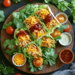 To make BBQ Ranch Chicken Wraps, you need fresh and tasty ingredients. Here’s what you’ll need: - 2 cups cooked chicken, shredded - 1/2 cup BBQ sauce - 1/4 cup ranch dressing - 1 cup romaine lettuce, chopped - 1/2 cup cherry tomatoes, halved - 1/4 cup red onion, thinly sliced - 1/2 cup shredded cheese (cheddar or pepper jack) - 4 large flour tortillas - Fresh cilantro for garnish (optional) - Salt and pepper to taste These ingredients bring bold flavors to your wraps. The BBQ sauce gives a sweet and smoky taste. The ranch dressing adds creaminess and balances the flavors. You can make your wraps even better with some optional add-ins. Here are a few ideas: - Avocado slices for creaminess - Jalapeños for heat - Corn for sweetness and texture - Black beans for extra protein Feel free to mix and match. These add-ins can enhance the taste and make your wraps unique. Seasoning is key to great flavor. Here are some suggested seasonings: - Garlic powder for depth - Smoked paprika for added smokiness - Chili powder for a spicy kick - Fresh herbs like cilantro or parsley for freshness Using these seasonings helps you create a wrap that’s full of flavor. You can adjust them to fit your taste. For the full recipe, check out the complete instructions! First, you need to prepare the chicken. Take 2 cups of cooked chicken and shred it. In a bowl, mix the shredded chicken with 1/2 cup of BBQ sauce. Ensure the chicken is well-coated. In another bowl, whisk 1/4 cup of ranch dressing with salt and pepper. This will add great flavor to your wraps. Now, lay out 4 large flour tortillas on a clean surface. Start by adding a cup of chopped romaine lettuce to the center of each tortilla. Next, spoon a generous amount of your BBQ chicken mixture over the lettuce. Then, toss in some halved cherry tomatoes, thinly sliced red onion, and 1/2 cup of shredded cheese. Finally, drizzle a spoonful of ranch dressing over the top. To wrap it up, fold the sides of each tortilla inward and roll tightly from the bottom to the top. This ensures all the tasty fillings stay inside. Repeat this step for each tortilla. For a crispy finish, grill the wrapped tortillas on a panini press or in a skillet for 2-3 minutes. This step gives them a nice golden brown color. You can also serve them cold if you prefer. Once done, slice each wrap in half. Serve with extra ranch dressing or BBQ sauce on the side for dipping. Enjoy your flavorful meal! For the complete recipe, check out the Full Recipe section. To make the perfect BBQ Ranch Chicken Wrap, start with fresh tortillas. They should be large and soft. Lay your tortilla flat and add your fillings in the center. Make sure not to overfill, or it will be hard to wrap. Fold the sides in first, then roll from the bottom up. This keeps all the tasty bits inside. If you want extra crunch, grill the wrap for a few minutes. This adds flavor and makes it warm. You can prepare these wraps ahead of time! Just follow the steps in the Full Recipe. After assembling, wrap each one in foil or plastic wrap. Keep them in the fridge for up to two days. When you are ready to eat, you can grill them or enjoy them cold. This is a great option for busy days or picnics. BBQ Ranch Chicken Wraps pair well with many sides. Try serving them with sweet potato fries or a fresh salad. You can also add extra dips on the side, like guacamole or salsa. For drinks, a cold iced tea or lemonade enhances the meal. These wraps are not just tasty; they are fun to eat, too! {{image_2}} You can easily make BBQ ranch chicken wraps gluten-free. Use corn tortillas instead of flour. They work well and taste great. For a low-carb option, use lettuce leaves instead of tortillas. This keeps your meal light and fresh. You can switch up the flavors by using different sauces. Try chipotle sauce for a smoky kick. You could also use honey mustard for a sweet twist. For toppings, add avocado for creaminess. You can also try jalapeños for extra heat. Mix and match to find your favorite combo! While chicken is a star in this wrap, feel free to change it up. Shredded pork or beef works well too. You could even use canned tuna for a quick meal. If you want a meat-free option, try black beans or chickpeas. They add protein and fiber, making your wrap healthy and filling. For the complete experience, check out the Full Recipe. To store leftover BBQ Ranch Chicken Wraps, first let them cool. Place them in an airtight container. This keeps them fresh in the fridge for up to three days. If you see any moisture, add a paper towel to absorb it. This helps prevent soggy wraps. To reheat the wraps, remove them from the fridge. You can use a microwave or skillet. If using a microwave, heat for about 30 seconds. Check if they are warm. If you want a crispy texture, use a skillet. Heat on medium for 2–3 minutes, turning often. This will bring back the crunch. You can freeze BBQ Ranch Chicken Wraps for later. Wrap each one in plastic wrap. Then, place them in a freezer bag. They last well for up to three months. To enjoy, thaw in the fridge overnight. Then, reheat as mentioned above. This keeps the flavors fresh and tasty. Yes, you can use many types of tortillas. Whole wheat, spinach, or corn tortillas work well. Each type adds a unique taste and texture. Just choose one that fits your diet or preference. These wraps can last about three days in the fridge. To keep them fresh, wrap them tightly in plastic wrap. This helps prevent them from getting soggy. You can serve these wraps with many sides. Try fresh veggie sticks, chips, or a simple salad. A fruit salad is also a great choice. Each adds color and balance to your meal. - Additional common questions regarding BBQ Ranch Chicken Wraps: - Can I prepare these wraps ahead of time? - What if I don’t have cooked chicken? - Can I use store-bought BBQ sauce? BBQ Ranch Chicken Wraps are easy, fun, and tasty. You learned about key ingredients, seasonings, and how to make these wraps. I shared tips for perfecting your wrap and how to store leftovers. You can even mix it up with different flavors or diets. Whether grilling or just preparing ahead, these wraps will impress. Enjoy your cooking and feel free to experiment with new twists. Feeding family and friends with this dish will bring smiles. Get ready to gather at the table!