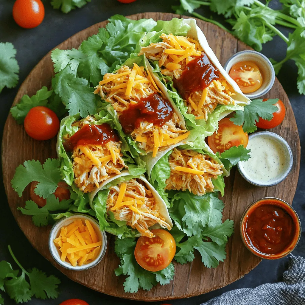 To make BBQ Ranch Chicken Wraps, you need fresh and tasty ingredients. Here’s what you’ll need: - 2 cups cooked chicken, shredded - 1/2 cup BBQ sauce - 1/4 cup ranch dressing - 1 cup romaine lettuce, chopped - 1/2 cup cherry tomatoes, halved - 1/4 cup red onion, thinly sliced - 1/2 cup shredded cheese (cheddar or pepper jack) - 4 large flour tortillas - Fresh cilantro for garnish (optional) - Salt and pepper to taste These ingredients bring bold flavors to your wraps. The BBQ sauce gives a sweet and smoky taste. The ranch dressing adds creaminess and balances the flavors. You can make your wraps even better with some optional add-ins. Here are a few ideas: - Avocado slices for creaminess - Jalapeños for heat - Corn for sweetness and texture - Black beans for extra protein Feel free to mix and match. These add-ins can enhance the taste and make your wraps unique. Seasoning is key to great flavor. Here are some suggested seasonings: - Garlic powder for depth - Smoked paprika for added smokiness - Chili powder for a spicy kick - Fresh herbs like cilantro or parsley for freshness Using these seasonings helps you create a wrap that’s full of flavor. You can adjust them to fit your taste. For the full recipe, check out the complete instructions! First, you need to prepare the chicken. Take 2 cups of cooked chicken and shred it. In a bowl, mix the shredded chicken with 1/2 cup of BBQ sauce. Ensure the chicken is well-coated. In another bowl, whisk 1/4 cup of ranch dressing with salt and pepper. This will add great flavor to your wraps. Now, lay out 4 large flour tortillas on a clean surface. Start by adding a cup of chopped romaine lettuce to the center of each tortilla. Next, spoon a generous amount of your BBQ chicken mixture over the lettuce. Then, toss in some halved cherry tomatoes, thinly sliced red onion, and 1/2 cup of shredded cheese. Finally, drizzle a spoonful of ranch dressing over the top. To wrap it up, fold the sides of each tortilla inward and roll tightly from the bottom to the top. This ensures all the tasty fillings stay inside. Repeat this step for each tortilla. For a crispy finish, grill the wrapped tortillas on a panini press or in a skillet for 2-3 minutes. This step gives them a nice golden brown color. You can also serve them cold if you prefer. Once done, slice each wrap in half. Serve with extra ranch dressing or BBQ sauce on the side for dipping. Enjoy your flavorful meal! For the complete recipe, check out the Full Recipe section. To make the perfect BBQ Ranch Chicken Wrap, start with fresh tortillas. They should be large and soft. Lay your tortilla flat and add your fillings in the center. Make sure not to overfill, or it will be hard to wrap. Fold the sides in first, then roll from the bottom up. This keeps all the tasty bits inside. If you want extra crunch, grill the wrap for a few minutes. This adds flavor and makes it warm. You can prepare these wraps ahead of time! Just follow the steps in the Full Recipe. After assembling, wrap each one in foil or plastic wrap. Keep them in the fridge for up to two days. When you are ready to eat, you can grill them or enjoy them cold. This is a great option for busy days or picnics. BBQ Ranch Chicken Wraps pair well with many sides. Try serving them with sweet potato fries or a fresh salad. You can also add extra dips on the side, like guacamole or salsa. For drinks, a cold iced tea or lemonade enhances the meal. These wraps are not just tasty; they are fun to eat, too! {{image_2}} You can easily make BBQ ranch chicken wraps gluten-free. Use corn tortillas instead of flour. They work well and taste great. For a low-carb option, use lettuce leaves instead of tortillas. This keeps your meal light and fresh. You can switch up the flavors by using different sauces. Try chipotle sauce for a smoky kick. You could also use honey mustard for a sweet twist. For toppings, add avocado for creaminess. You can also try jalapeños for extra heat. Mix and match to find your favorite combo! While chicken is a star in this wrap, feel free to change it up. Shredded pork or beef works well too. You could even use canned tuna for a quick meal. If you want a meat-free option, try black beans or chickpeas. They add protein and fiber, making your wrap healthy and filling. For the complete experience, check out the Full Recipe. To store leftover BBQ Ranch Chicken Wraps, first let them cool. Place them in an airtight container. This keeps them fresh in the fridge for up to three days. If you see any moisture, add a paper towel to absorb it. This helps prevent soggy wraps. To reheat the wraps, remove them from the fridge. You can use a microwave or skillet. If using a microwave, heat for about 30 seconds. Check if they are warm. If you want a crispy texture, use a skillet. Heat on medium for 2–3 minutes, turning often. This will bring back the crunch. You can freeze BBQ Ranch Chicken Wraps for later. Wrap each one in plastic wrap. Then, place them in a freezer bag. They last well for up to three months. To enjoy, thaw in the fridge overnight. Then, reheat as mentioned above. This keeps the flavors fresh and tasty. Yes, you can use many types of tortillas. Whole wheat, spinach, or corn tortillas work well. Each type adds a unique taste and texture. Just choose one that fits your diet or preference. These wraps can last about three days in the fridge. To keep them fresh, wrap them tightly in plastic wrap. This helps prevent them from getting soggy. You can serve these wraps with many sides. Try fresh veggie sticks, chips, or a simple salad. A fruit salad is also a great choice. Each adds color and balance to your meal. - Additional common questions regarding BBQ Ranch Chicken Wraps: - Can I prepare these wraps ahead of time? - What if I don’t have cooked chicken? - Can I use store-bought BBQ sauce? BBQ Ranch Chicken Wraps are easy, fun, and tasty. You learned about key ingredients, seasonings, and how to make these wraps. I shared tips for perfecting your wrap and how to store leftovers. You can even mix it up with different flavors or diets. Whether grilling or just preparing ahead, these wraps will impress. Enjoy your cooking and feel free to experiment with new twists. Feeding family and friends with this dish will bring smiles. Get ready to gather at the table!