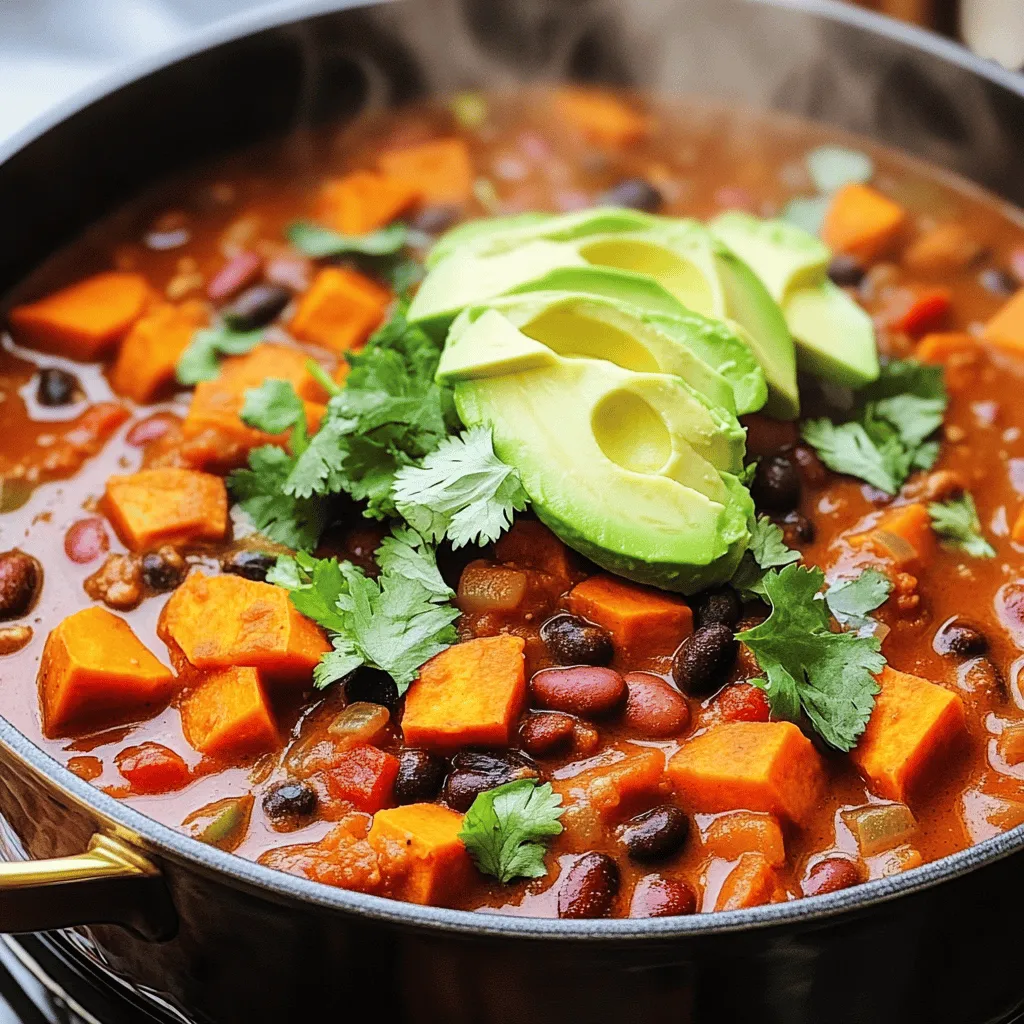 - 2 medium sweet potatoes, peeled and diced - 1 can (15 oz) black beans, rinsed and drained - 1 can (15 oz) kidney beans, rinsed and drained - 1 can (28 oz) diced tomatoes - 1 onion, chopped - 3 cloves garlic, minced - 1 bell pepper (any color), chopped - 2 cups vegetable broth - 2 tablespoons chili powder - 1 teaspoon cumin - 1 teaspoon smoked paprika - 1/2 teaspoon cayenne pepper (adjust for spice) - Salt and pepper to taste - Fresh cilantro, chopped (for garnish) - Avocado, sliced (for serving) The list above shows what you need for Vegan Sweet Potato Chili. Sweet potatoes give it a creamy texture. Black beans and kidney beans add protein and fiber. Diced tomatoes bring moisture and a nice flavor. You can find all these items at your local grocery store. For the best taste, use fresh veggies. The onion, garlic, and bell pepper create a strong base. The vegetable broth helps blend everything together. The spices make this chili pop. Chili powder gives it warmth and depth. Cumin and smoked paprika add layers of flavor. Adjust the cayenne pepper to fit your spice level. Top your bowl with fresh cilantro and avocado for a tasty finish. This chili is a complete meal that warms you up on a chilly day. You can find the Full Recipe to help you get started! - Heat olive oil over medium heat. - Sauté onion and bell pepper until translucent. Start by heating olive oil in a large pot. Use medium heat to avoid burning. Add the chopped onion and bell pepper. Sauté them for about five minutes. You want the onion to become soft and clear. - Add garlic and spices, toasting them. - Combine sweet potatoes, beans, tomatoes, and broth. Once the onion is ready, add minced garlic. Cook for one more minute until it smells great. Then, stir in chili powder, cumin, smoked paprika, cayenne pepper, salt, and pepper. Toast the spices for one to two minutes. This step brings out their flavors. After that, add the diced sweet potatoes, black beans, kidney beans, and diced tomatoes. Pour in the vegetable broth and mix everything well. - Bring to a boil, then reduce heat to simmer. - Cook until sweet potatoes are tender, about 25-30 minutes. Next, bring the chili to a boil. Once it bubbles, reduce the heat to let it simmer. Leave the pot uncovered and let it cook for 25 to 30 minutes. Stir it from time to time. The sweet potatoes should become soft but not mushy. If you want a thicker chili, let it simmer longer. For the full recipe, refer back to the ingredients list. You can make this chili just right for you. If you like it spicy, adjust the cayenne pepper. Start with half a teaspoon. Then, taste it. Add more if you want more heat. If you want a thicker chili, let it simmer longer. This thickens the chili and makes it hearty. Garnish your chili with fresh cilantro. It adds a nice pop of flavor. Slices of avocado also make a great topping. For a complete meal, pair the chili with bread, rice, or a side salad. This adds texture and more nutrients to your meal. Sweet potatoes are packed with vitamins A and C. They are also high in fiber, which is good for digestion. Beans are a great source of protein and iron. Together, they create a filling and nutritious dish. This chili offers a good mix of protein, carbs, and healthy fats. The ingredients in this recipe support overall health and wellness. For the full recipe, check out the section above. {{image_2}} You can switch up this chili to suit your taste. For a different texture, substitute beans with lentils or chickpeas. Lentils cook fast and add a nice bite. Chickpeas bring a hearty feel and extra protein. You can also toss in extra vegetables like corn or zucchini. These add more flavor and nutrition to your meal. To make your chili even tastier, think about adding new spices. Try oregano for a fresh twist or chili flakes for extra heat. You can also use smoked beans to create a richer flavor profile. The smoky taste pairs well with sweet potatoes and adds depth to the chili. If you need a gluten-free option, check that your broth and other ingredients are certified gluten-free. This keeps everyone safe and happy. For those watching sodium, use low-sodium broth and limit added salt. You can still enjoy a tasty chili while keeping it healthy! For the full recipe, check out the complete guide. To keep your Vegan Sweet Potato Chili fresh, let it cool first. Then, store it in airtight containers. Glass or BPA-free plastic containers work best. You can also use freezer bags for space-saving options. Make sure to label the containers with the date. This helps you track how long your chili has been stored. To freeze the chili, portion it into airtight containers or freezer bags. Leave some space at the top, as liquids expand when frozen. You can freeze it for up to three months. When you’re ready to eat, thaw it in the fridge overnight. For quick reheating, use a microwave or a pot on the stove. Stir often to heat evenly. In the fridge, the chili lasts about 4 to 5 days. Always check for signs of spoilage, like off smells or mold. If it looks or smells strange, it’s best to toss it. Keeping track of storage times helps ensure you enjoy your chili at its best. For the full recipe, check out the earlier sections. Can I make Vegan Sweet Potato Chili in a slow cooker? Yes, you can! Just combine all the ingredients in the slow cooker. Set it on low for 6 to 8 hours or high for 3 to 4 hours. This method makes the flavors richer and allows for a hands-free cooking experience. What can I serve with chili? Chili pairs well with many sides. Try cornbread, rice, or tortilla chips. A fresh salad or avocado slices also make great additions to your meal. Can I replace the sweet potatoes with another vegetable? Absolutely! You can use butternut squash, carrots, or even zucchini. Just keep the cooking time in mind, as some veggies cook faster than sweet potatoes. How to make the recipe lower in calories? To lower calories, use less oil or omit it entirely. You can also skip the avocado garnish or use less of it. Using less broth can help too, but be careful not to make the chili too thick. How to adjust cooking time for different quantities? If you increase the amount, the cooking time may change. A larger batch might need an extra 5 to 10 minutes. Just check the sweet potatoes to ensure they are tender. Can I use fresh tomatoes instead of canned? Yes, fresh tomatoes work well! Use about 2 to 3 cups of diced fresh tomatoes. Just remember to add a bit more broth to keep it juicy. This vegan sweet potato chili is easy to make and really tasty. It uses simple ingredients like sweet potatoes, beans, and spices. You can adapt it by adding your favorite veggies or changing the spices. Remember, you can store leftovers in the fridge or freeze them for later. Enjoy this healthy meal that warms you up and keeps you full. It’s a dish that fits many diets and is quick to whip up for any occasion. Make it your own and savor every bite!