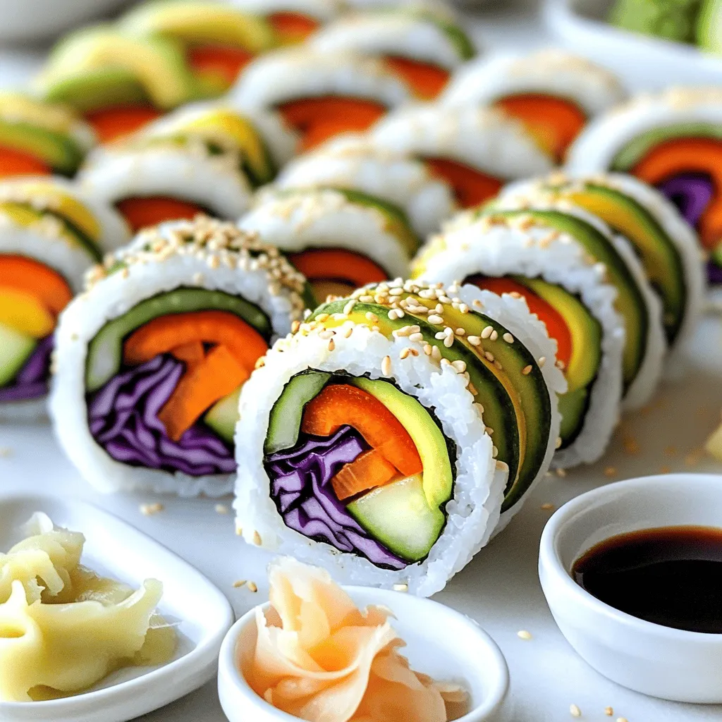 To create delicious vegetarian sushi rolls, you'll need fresh and vibrant ingredients. Here's a list to get you started: - 1 cup sushi rice - 1 ¼ cups water - 2 tablespoons rice vinegar - 1 tablespoon sugar - 1 teaspoon salt - 4 nori sheets - ½ cucumber, julienned - 1 large carrot, julienned - 1 avocado, sliced - ½ bell pepper (any color), sliced into thin strips - ½ cup purple cabbage, thinly sliced - Sesame seeds (for garnish) - Soy sauce (for serving) - Pickled ginger and wasabi (optional, for serving) Having the right tools makes sushi making easy and fun. Here are some tools you should have: - Bamboo sushi mat - Sharp knife - Rice cooker or saucepan - Mixing bowl - Small bowl for the vinegar mixture You can be creative with your sushi rolls! Here are some ideas for substitutions: - Rice: Use brown rice for a healthier option. - Nori: Try soy paper or lettuce leaves for a different wrap. - Vegetables: Add bell peppers, zucchini, or even roasted sweet potatoes. - Garnish: Use crushed nuts or seeds instead of sesame seeds. Feel free to mix and match according to your taste! For the full recipe, check out the detailed instructions. First, rinse the sushi rice under cold water. Keep rinsing until the water runs clear. This step helps remove excess starch. Next, combine the rinsed rice with 1 ¼ cups of water in your rice cooker or a saucepan. If using a saucepan, bring it to a boil. After boiling, reduce the heat to low, cover it, and simmer for about 20 minutes. The rice should absorb all the water and become tender. Once the rice is cooked, transfer it to a large bowl. In a small bowl, mix 2 tablespoons of rice vinegar, 1 tablespoon of sugar, and 1 teaspoon of salt. Microwave this mixture for about 30 seconds to dissolve the sugar. Next, gently fold this vinegary mix into the warm rice until it is evenly coated. Let the rice cool to room temperature. This adds flavor and makes the rice sticky. Now, place your bamboo sushi mat on a flat surface. Lay a sheet of nori, shiny side down, on the mat. Wet your hands with water to prevent the rice from sticking. Take a handful of sushi rice and spread it evenly over the nori. Leave a 1-inch border at the top. Next, arrange your fillings. Lay julienned cucumber, carrot, avocado, bell pepper, and purple cabbage across the center of the rice-covered nori. To roll the sushi, start from the bottom edge, closest to you. Carefully roll the sushi tightly away from you. Use gentle pressure and the mat to keep the roll tight. When you reach the top, seal the edge of the nori with a little water. Finally, use a sharp, wet knife to slice the roll into 6-8 pieces. Wipe the knife with a damp cloth after each cut for cleaner slices. Sprinkle sesame seeds on top for garnish and serve with soy sauce, pickled ginger, and wasabi if you like. Enjoy your colorful and fresh vegetarian sushi rolls! For a detailed step-by-step guide, check the full recipe. To roll sushi well, you need some practice. Use a bamboo mat to help. Start with a nori sheet, shiny side down. Spread the rice evenly, but leave a bit of space at the top. Add your veggies in the center. Roll it tight, using the mat. This keeps your roll neat and firm. Sticky rice is key for good sushi. Rinse your sushi rice before cooking. This removes extra starch. Use the right water ratio, usually 1 cup of rice to 1.25 cups of water. Once cooked, mix in rice vinegar, sugar, and salt. Let it cool, but don’t let it dry out. Make your sushi look great on the plate. Slice rolls into equal pieces for a uniform look. Use a sharp knife dipped in water to prevent sticking. Sprinkle sesame seeds on top for a nice touch. You can also add colorful garnishes like sliced radishes or herbs to make it pop. For more detailed steps, check out the Full Recipe! {{image_2}} You can find many vegetarian sushi rolls. Some favorites include the cucumber roll, avocado roll, and sweet potato roll. Each of these rolls offers a unique taste and texture. The cucumber roll is crisp and refreshing. The avocado roll is creamy and rich. Sweet potato adds a hint of sweetness. Think outside the box with your fillings. Here are some fun options: - Mango: Adds a tropical touch. - Cream Cheese: Offers a rich flavor. - Tofu: Provides protein and absorbs flavors well. - Roasted Red Peppers: Adds a smoky taste. - Pickled Radish: Gives a tangy crunch. These fillings can transform your sushi rolls into something special. You can mix and match to find your favorite. Combining flavors makes sushi exciting. Try these combinations: - Spicy avocado with sweet mango: A sweet and spicy contrast. - Tofu with cucumber and sesame: A nutty twist. - Roasted red pepper, cream cheese, and chives: A savory flavor explosion. - Mango, avocado, and a hint of lime: Bright and fresh. Experiment with these ideas to create a roll that sings with flavor. For the perfect vegetarian sushi experience, check out the Full Recipe. Vegetarian sushi offers many health perks. First, it is rich in vitamins and minerals. Fresh veggies add fiber, which aids digestion. Avocado provides healthy fats that support heart health. Sushi rice gives you a good source of carbs for energy. Plus, nori, the seaweed used, is packed with iodine, which is great for thyroid function. Eating vegetarian sushi can help you feel full without the added calories of meat. Here's a quick look at the calories in the main ingredients: - Sushi Rice (1 cup): Approximately 200 calories - Nori Sheet (1 sheet): About 10 calories - Cucumber (½): Roughly 8 calories - Carrot (1 large): About 30 calories - Avocado (1 medium): Around 240 calories - Bell Pepper (½): About 12 calories - Purple Cabbage (½ cup): Roughly 12 calories - Rice Vinegar (2 tbsp): About 6 calories - Sugar (1 tbsp): Approximately 48 calories Overall, a serving of vegetarian sushi rolls contains about 300-400 calories, depending on the fillings you choose. Vegetarian sushi is great for many diets. It is gluten-free if you use gluten-free soy sauce. For those watching carbs, you can use cauliflower rice instead of sushi rice. Always check for food allergies, especially with soy sauce and sesame seeds. If you follow a vegan diet, ensure all ingredients are plant-based. This way, you can enjoy a fresh and healthy delight without worry. For the full recipe, check the section above and start rolling your own delicious vegetarian sushi! The best rice for sushi is sushi rice. This short-grain rice has a high starch content. This makes it sticky when cooked. Sticky rice holds together well in sushi rolls. You can find sushi rice in most grocery stores. Look for brands labeled as “sushi rice” or “short grain rice.” Always rinse the rice before cooking. This removes excess starch and helps achieve the right texture. Yes, you can make sushi rolls in advance. However, they are best eaten fresh. If you want to prepare them early, keep them covered in a damp cloth. This helps prevent the nori from getting soggy. Store them in the fridge for up to 4 hours. Just be aware that the texture may change. The nori will lose its crispness. So, for the best experience, make them close to meal time. Sushi is delicious with a variety of dips and sauces. Soy sauce is the most common choice. It adds a salty flavor that enhances the sushi. You can also try ponzu sauce. This citrus-based sauce brings a bright taste. For a kick, use spicy mayo or sriracha. These add creaminess and heat to each bite. You can also serve your sushi with pickled ginger and wasabi for extra flavor. Enjoy experimenting with different sauces! Vegetarian sushi is fun and tasty. We covered essential ingredients, tools, and how to create sushi rice. You learned to roll sushi and keep it sticky, with some great tips for presentation. I shared various roll ideas and health benefits, plus answers to common questions. Now, you can impress friends with delicious, homemade sushi! Enjoy experimenting with new flavors and fillings. Your sushi-making journey is just beginning. Keep trying and have fun!