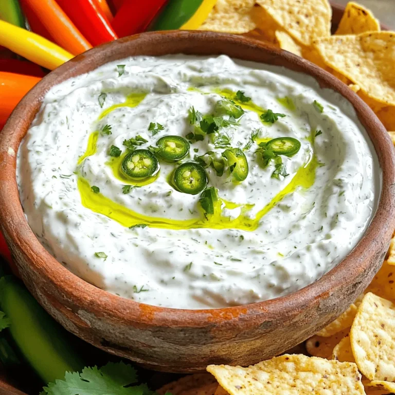 - 1 cup sour cream - 1/2 cup mayonnaise - 1 packet ranch dressing mix - 2 fresh jalapeños, minced - 1/2 teaspoon garlic powder - 1/2 teaspoon onion powder - 1 tablespoon fresh lime juice - 1/4 cup chopped fresh cilantro - Salt and pepper to taste To create the creamy jalapeño ranch dip, you need simple ingredients. Start with sour cream and mayonnaise. These two form the base. I love using a packet of ranch dressing mix for that classic flavor. Fresh jalapeños add great heat. You can remove the seeds if you want less spice. Garlic powder and onion powder give depth to the dip. A splash of lime juice adds brightness. Fresh cilantro brightens the taste and gives color. Don’t forget to season with salt and pepper to make everything pop. - Additional spices for heat - Extra lime juice for tanginess You can make this dip your own. If you like more heat, add spices like cayenne or crushed red pepper. For more tanginess, a bit more lime juice works wonders. - Calories per serving: About 100 - Breakdown of macronutrients: - Protein: 1g - Fat: 10g - Carbohydrates: 2g This dip is rich and creamy, making it a tasty treat. Each serving has around 100 calories. It has a good amount of fat from sour cream and mayonnaise. Enjoy in moderation, and feel free to pair it with fresh veggies for a healthier option. For the full recipe, check out the detailed instructions. 1. Mixing the base: Start by grabbing a mixing bowl. Add 1 cup of sour cream and 1/2 cup of mayonnaise. Blend them well until you have a smooth and creamy base. This mix gives the dip its rich texture. 2. Adding spices and jalapeños: Next, it’s time to spice things up! Add 1 packet of ranch dressing mix, 2 minced jalapeños (remove the seeds for less heat), 1/2 teaspoon of garlic powder, 1/2 teaspoon of onion powder, and 1 tablespoon of fresh lime juice. Stir everything together until all the flavors blend nicely. 3. Incorporating herbs: Now, fold in 1/4 cup of chopped fresh cilantro. Be gentle to keep the herbs fresh and bright. This adds a burst of flavor and color to your dip. - Importance of chilling: Chilling the dip helps the flavors mix and deepen. It allows the spices and herbs to release their oils, making your dip taste even better. - Recommended chilling time: Cover the bowl with plastic wrap and refrigerate for at least 30 minutes. If you can wait longer, that’s even better! - Best pairings: This dip tastes great with fresh vegetable sticks like carrots and cucumbers. Tortilla chips and crackers are also perfect for dipping. - Creative serving ideas: For a fun party platter, combine the dip with assorted dippers. Arrange the veggies and chips around the dip for a colorful display. Your guests will love it! For the full recipe, check out the details above. Enjoy your creamy jalapeño ranch dip! To adjust the heat of your creamy jalapeño ranch dip, start with the jalapeños. You can use fewer jalapeños if you want a milder dip. If you find two jalapeños too hot, try just one. Another option is to remove the seeds and membranes, which hold the most heat. If you want a milder flavor, substitute jalapeños with bell peppers. They offer a nice crunch without the heat. You can also try using poblano peppers for a hint of spice that is less intense. For a thicker dip, add more sour cream or mayonnaise. If you prefer a thinner dip, mix in a splash of milk or buttermilk. Blend it well until you reach your desired thickness. When storing, use an airtight container. This keeps the dip fresh and helps lock in flavors. You can serve it in a bowl with fresh veggies or chips around it. You can boost the flavor with extra herbs or spices. Fresh dill, parsley, or chives can add a nice twist. If you enjoy a bit more zing, sprinkle in some cayenne pepper. Using homemade ranch seasoning instead of a packet can give you control over the taste. It allows you to play with flavors like garlic, onion, and herbs to create a dip that’s truly yours. Now that you have these tips, feel free to explore and make the dip your own! For the full recipe, check out the earlier section. {{image_2}} If you love heat, you can make a spicy version. Just add more jalapeños or other chilies. You could try serrano or habanero peppers for extra kick. Hot sauce is also a great option. Just a few drops can really amp up the spice. Always taste as you go to get the heat just right. For a twist, mix in ripe avocado to the original recipe. Simply mash one avocado and fold it into the dip. This adds a creamy texture and a fresh flavor. The avocado also makes the dip extra rich. It’s a perfect way to boost your healthy fats while enjoying your dip. You can easily adapt this dip for different diets. For a vegetarian option, use yogurt instead of sour cream. For a vegan version, try cashew cream or coconut yogurt. Both will keep the dip creamy and tasty. Just make sure your ranch dressing mix is plant-based. This way, everyone can enjoy the dip at any gathering. For the full recipe, check out the Complete Article. To keep your creamy jalapeño ranch dip fresh, store it in an airtight container. Your fridge should be set to 40°F (4°C) or lower. This keeps harmful bacteria away. Always cover the dip tightly. This will help maintain its flavor and texture. You can freeze this dip, but it's best to eat it fresh. If you choose to freeze it, place it in a freezer-safe container. Leave some space at the top since it will expand when frozen. When you want to use it, thaw it in the fridge overnight. Stir well before serving. The texture may change slightly, but it will still taste great. The dip lasts about 3 to 5 days in the fridge. If you see any changes in color or smell, it's best to throw it out. Always check your dip before using it. For the best taste, try to eat it within the first few days. For the full recipe, check the main article. To make this dip from scratch, start by mixing sour cream and mayonnaise in a bowl. Add the ranch dressing mix, minced jalapeños, garlic powder, onion powder, and lime juice. Stir until everything is well combined. Then, gently fold in the chopped cilantro. Finally, season it with salt and pepper to your taste. Chill it in the fridge for at least 30 minutes before serving. You can find the full recipe above. Yes, you can make this dip ahead of time. Making it a day earlier can help the flavors blend well. Just keep it in the fridge until you're ready to serve. The longer it sits, the more flavorful it becomes. You can serve this dip with many tasty items, such as: - Fresh vegetable sticks (carrots, celery, bell peppers) - Tortilla chips - Crackers - Pita chips - Grilled meats as a sauce These dippable items pair well with the creamy texture and zesty flavor. Yes! You can swap some ingredients for healthier options. Use Greek yogurt instead of sour cream for a protein boost. You can also use light mayonnaise or skip it entirely. Adding more fresh herbs and spices can add flavor without extra calories. This way, you can enjoy a guilt-free dip! In this blog post, we explored the recipe for Creamy Jalapeño Ranch Dip. We covered key ingredients, step-by-step instructions, and tips for customization. You learned how to adjust heat levels and enhance flavor. We also shared variations and storage advice. This dip is perfect for any gathering. It’s easy to customize and delicious. Make it your own and enjoy with friends. Your next party is set for success!