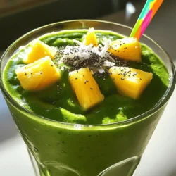 To make a Tropical Green Smoothie, gather these fresh ingredients: - 1 cup fresh spinach leaves - 1 ripe banana, sliced - 1 cup diced pineapple (fresh or frozen) - 1/2 ripe avocado - 1/2 cup coconut water - 1/2 cup unsweetened almond milk - 1 tablespoon chia seeds - 1 tablespoon shredded coconut (optional) These ingredients work together to create a smooth and tasty drink. Spinach adds green goodness. The banana gives a creamy texture. Pineapple adds a sweet, tropical twist. Avocado makes it rich and filling. Coconut water hydrates, while almond milk keeps it light. Chia seeds boost nutrition and add fiber. You can also top it with shredded coconut for a fun touch. This smoothie packs a punch of vitamins and minerals. Here are some of the highlights: - Spinach is rich in iron and vitamins A, C, and K. - Banana provides potassium and vitamin B6. - Pineapple offers vitamin C and manganese. - Avocado is full of healthy fats and fiber. - Coconut water hydrates and has electrolytes. - Almond milk is low in calories and has vitamin E. - Chia seeds are high in omega-3 fatty acids and antioxidants. Now let’s look at the health benefits. Spinach helps with blood health. Bananas boost energy and heart health. Pineapple supports digestion. Avocado aids in heart health and weight management. Coconut water helps keep you hydrated. Almond milk provides a dairy-free option. Chia seeds promote gut health and fullness. In total, this smoothie is low in calories, making it a great snack or light meal option. The Tropical Green Smoothie yields about two servings. Each serving is about 1 cup. This makes it perfect for sharing or enjoying later. You can adjust the servings by doubling the recipe if you have more people. Enjoy this smoothie as a healthy breakfast or a refreshing snack during the day. For the full recipe, check out the Tropical Green Smoothie section above. 1. Washing and preparing spinach: Begin by rinsing one cup of fresh spinach leaves under cold water. Make sure to remove any dirt or grit. After rinsing, gently shake off the excess water and set the spinach aside. It’s important to use fresh spinach for the best taste and nutrients. 2. Chopping fruits for blending: Next, chop your fruits. Slice one ripe banana and dice one cup of pineapple. If you're using frozen pineapple, there's no need to thaw it first. Also, cut half of a ripe avocado in half, remove the pit, and scoop out the flesh. These fresh fruits will give your smoothie a sweet, tropical flavor. 1. Layering ingredients in the blender: Start by adding the washed spinach leaves to the blender. Then, layer in the sliced banana, diced pineapple, and avocado. This order helps the blender mix everything smoothly. 2. Choosing the right blending speed: Pour in half a cup of coconut water and half a cup of unsweetened almond milk. Blend on high speed until the mixture is smooth and creamy. If you like it colder, add ice cubes and blend again. You want a nice, thick consistency that feels refreshing. 1. Pouring the smoothie: Once blended, pour the smoothie into glasses or bowls. It should have a vibrant green color with a creamy texture. 2. Garnishing tips for presentation: To make your smoothie look even better, sprinkle some chia seeds on top. You can also add a few pieces of fresh pineapple or coconut for a fun touch. Using colorful straws can add a playful vibe to your drink. For the full recipe, check out the Tropical Green Smoothie section! To get the right thickness, you can play with the amount of liquid. If your smoothie is too thick, add more coconut water or almond milk. If it's too thin, add a bit more spinach or banana. You can also use frozen fruits instead of fresh ones. Frozen fruits make your smoothie colder and creamier. Adding ice cubes can work, but frozen fruit is a better choice for a thicker texture. For a touch of sweetness, try using honey or agave syrup. These natural sweeteners blend well and add nice flavor. If you want to balance flavors, add a bit more banana or pineapple. These fruits are sweet and can help enhance the taste without being overpowering. Taste your smoothie before serving. Adjust the sweetness to suit your own taste. A high-speed blender works best for smoothies. It breaks down the ingredients smoothly, giving you a creamy drink. If you don’t have one, a regular blender can still work. Just blend a bit longer. After making your smoothie, cleaning up is key. Rinse your blender right away to avoid stuck bits. For a deep clean, fill it with warm water and a drop of soap. Blend for a minute, then rinse. This keeps your blender ready for the next delicious drink. For the complete recipe, check out the [Full Recipe]. {{image_2}} You can make your Tropical Green Smoothie even better by adding more fruits. Try mango or kiwi for a sweet twist. Passion fruit can add a fun tang. Seasonal fruits are great too. In summer, use fresh berries. In winter, try oranges or pears. Each fruit gives a different flavor and nutrition. Mixing in different greens can change your smoothie. Kale adds a bolder taste. Swiss chard offers a mild flavor. You can also try herbs like mint or basil. These herbs add freshness and a nice aroma. Experiment with these to find your favorite combo. If you follow a vegan diet, this recipe works perfectly. It is already vegan and gluten-free. You can add protein sources like nut butter or protein powder. This helps keep you full longer. If you want a creamier texture, try using cashew milk instead of almond milk. To keep your Tropical Green Smoothie fresh, store it in the fridge. Use an airtight container. This will help to keep it from losing flavor or nutrients. You should drink it within 24 hours for the best taste. After that, it may start to separate or lose its vibrant color. If you want to save your smoothie for later, freezing is a great option. Pour the smoothie into ice cube trays or freezer-safe bags. Once frozen, you can store the cubes in a bag for easy use. To thaw, simply place the cubes in the fridge overnight. You can also blend the frozen smoothie again for a quick drink. If you have some smoothie left in the fridge, don’t waste it! Use it in your oatmeal or yogurt for breakfast. You can also add it to pancakes or waffles for a fruity twist. Get creative! You can mix it into salad dressings for a sweet touch or even use it in popsicles for a refreshing treat. To sweeten your Tropical Green Smoothie, you have a few options. You can use natural sweeteners like honey or agave syrup. These will add a nice sweetness without changing the smoothie’s taste too much. You can also add more fruit. Bananas and ripe pineapples are great choices. They add natural sugars, making your drink sweeter and more flavorful. Yes, you can use different greens! While spinach is a great base, you can try kale or Swiss chard. Each green has its own flavor. Kale is a bit stronger, while Swiss chard is mild. Mixing different greens can add nutrition and change the taste of your smoothie. Both fresh and frozen fruit have benefits. Fresh fruit can give a bright taste and texture. However, frozen fruit makes the smoothie colder and creamier. Using frozen fruit can also save time. I often keep frozen fruit on hand for quick smoothies. Choose what works best for your taste. You can store your Tropical Green Smoothie in the fridge for up to 24 hours. Make sure to use an airtight container. If you want to keep it longer, freeze it. A frozen smoothie can last for up to a month. Just remember to let it thaw in the fridge before drinking. You learned how to make a tasty Tropical Green Smoothie. We covered fresh ingredients, recipe steps, and storage tips. Each component gives you vitamins and flavor. Adjust sweetness and texture to your liking. Enjoy exploring different fruits and greens. Repurpose leftovers for new meals. Make this smoothie a fun part of your day! By following these tips, you create a delicious and healthy treat every time. Now, blend and enjoy your own unique twist on this refreshing drink!
