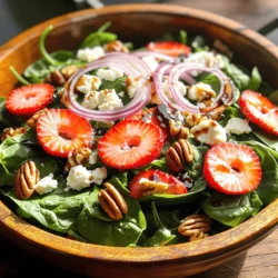 - Spinach: Fresh spinach is key for this salad. It adds a vibrant green color and a crisp texture. Look for bright leaves with no brown spots. Fresh spinach packs vitamins and minerals. It is best when it is young and tender. - Strawberries: Choose ripe strawberries for the best flavor. Look for berries that are bright red and firm. The tops (green leaves) should be fresh. Ripe strawberries are sweet and juicy, adding a delicious contrast to the spinach. - Feta cheese: Crumbled feta gives a nice flavor and texture. It melts into the salad well. Block feta can be harder to mix in. Crumbling it yourself lets you control the size. You can also adjust how much cheese to add. - Pecans: Toasting pecans brings out their rich flavor. Heat them in a pan for a few minutes. Stir often to avoid burning. Toasted pecans add a nice crunch and nuttiness to the salad. - Balsamic vinegar: You can use different types of balsamic vinegar. Traditional balsamic is rich and sweet. Aged balsamic has a deeper flavor. You can also try a lighter version for a tangy taste. - Honey and Olive oil: Honey adds sweetness, while olive oil gives smoothness. Together, they balance the tangy vinegar. If you need substitutes, maple syrup works well instead of honey. For oil, avocado or flaxseed oil can be good options. You can find the full recipe at the top. Enjoy making this colorful and tasty dish! To start, grab a large salad bowl. Add your washed and dried spinach as the base. Make sure to cover the bottom evenly. Next, layer the sliced strawberries on top of the spinach. Spread them out so every bite has flavor. The sweet strawberries pair well with the fresh spinach. Now, let's talk about the toppings. First, take your feta cheese. Crumble it gently with your fingers. This keeps the texture light and airy. Distribute the crumbled cheese over the strawberries. Next, it’s time for the pecans. To toast them, place them in a dry skillet over medium heat. Stir often for about 3 to 5 minutes. They should smell nutty and be slightly golden. This step boosts their flavor. Once toasted, sprinkle them on the salad. Now, let’s make the dressing. In a small bowl, combine balsamic vinegar, olive oil, honey, salt, and pepper. Use a whisk to mix them well. Whisking creates a smooth emulsion, which means the oil and vinegar blend nicely. Remember to taste your dressing. Adjust the salt and pepper as needed. This step is key to making the flavors pop. Once your salad is layered and dressed, toss gently. This mixes everything without bruising the spinach. You now have a fresh and tasty Strawberry Spinach Salad. For a detailed guide, check out the Full Recipe. To make a great Strawberry Spinach Salad, fresh ingredients are key. Look for spinach with bright green leaves. The leaves should feel crisp and firm. Avoid any yellow or wilted leaves. For strawberries, choose ones that are bright red and shiny. They should feel firm but not hard. Smell them; fresh strawberries have a sweet scent. Presentation can make your salad more appealing. You can serve it family-style in a large bowl. This way, everyone can help themselves. For a fancier look, serve individual plates. Use small bowls for the dressing on the side. You might add extra strawberry slices or a sprinkle of feta on top for color. This salad pairs well with many dishes. It works great with grilled chicken or fish. You can also serve it alongside a hearty sandwich. Consider adding a warm soup to make it a full meal. The fresh flavors of the salad balance rich entrees nicely. For the full recipe, check out the details above! {{image_2}} You can add a burst of flavor by including citrus segments. Oranges and grapefruits add a nice zing. Grilled chicken or shrimp can make this salad a full meal. Just toss them in with the spinach and strawberries. These additions make the salad tasty and filling. If you want a vegan option, try using vegan feta. It gives a similar taste without dairy. For those with nut allergies, skip the pecans. You can use sunflower seeds instead for crunch. This keeps your salad safe and still delicious. In summer, you might add fresh peaches. They bring sweetness and a juicy texture. In fall, consider adding walnuts. They add a warm, nutty flavor that pairs well with the spinach. Each season brings new options to keep the salad exciting. For more details on making this salad, check the Full Recipe. To keep your salad fresh, store each ingredient separately. This way, the spinach stays crisp. Place the fresh spinach in a sealed bag or container. Use a paper towel to absorb moisture. For strawberries, keep them in a container with air holes. This helps them breathe. Avoid washing them until you are ready to use them. Keep the feta cheese in its brine in a sealed container. This keeps it fresh longer. Store toasted pecans in an airtight jar. Keep them in a cool, dry place. If you have leftover dressed salad, eat it within a day. The dressing wilts the spinach quickly. Store the leftover salad in a sealed container. If you don't finish it all, keep the dressing separate. You can reuse the salad for a tasty lunch. Just add more dressing if needed. Remember, the salad tastes best fresh. You cannot freeze the entire salad. The spinach and strawberries will turn mushy when thawed. However, you can freeze individual ingredients. Wash and slice strawberries, then place them in a single layer on a tray. Once frozen, transfer them to a bag. For pecans, you can freeze them too. Just put them in a sealed bag. When you want to use them, thaw them in the fridge overnight. Enjoy your fresh salad ingredients all year long! A light and tangy dressing works best. I recommend balsamic vinaigrette. It adds a nice balance to the sweet strawberries and rich feta. You can also try a honey mustard dressing for a different flavor. Both choices enhance the salad without overwhelming it. To make this salad vegan, replace feta cheese with tofu or a vegan feta. You could also use avocado for creaminess. Instead of honey, use maple syrup or agave nectar for sweetness. These swaps keep the flavors bright while meeting your dietary needs. Yes, you can prepare it ahead, but keep some tips in mind. Store the dressing separately until serving. This keeps the spinach fresh and crisp. You can chop the strawberries and onions in advance, but add them closer to serving. This way, your salad looks and tastes its best. You learned how to make a fresh and tasty strawberry spinach salad. We discussed choosing quality ingredients, like the best spinach and ripe strawberries. You can make the dressing smooth and flavorful with proper whisking. Remember, variations can add fun twists to your salad. Store it right to keep it fresh. Enjoy your delicious creation, and feel free to experiment with flavors and ingredients. Your salad can impress anyone at any meal!