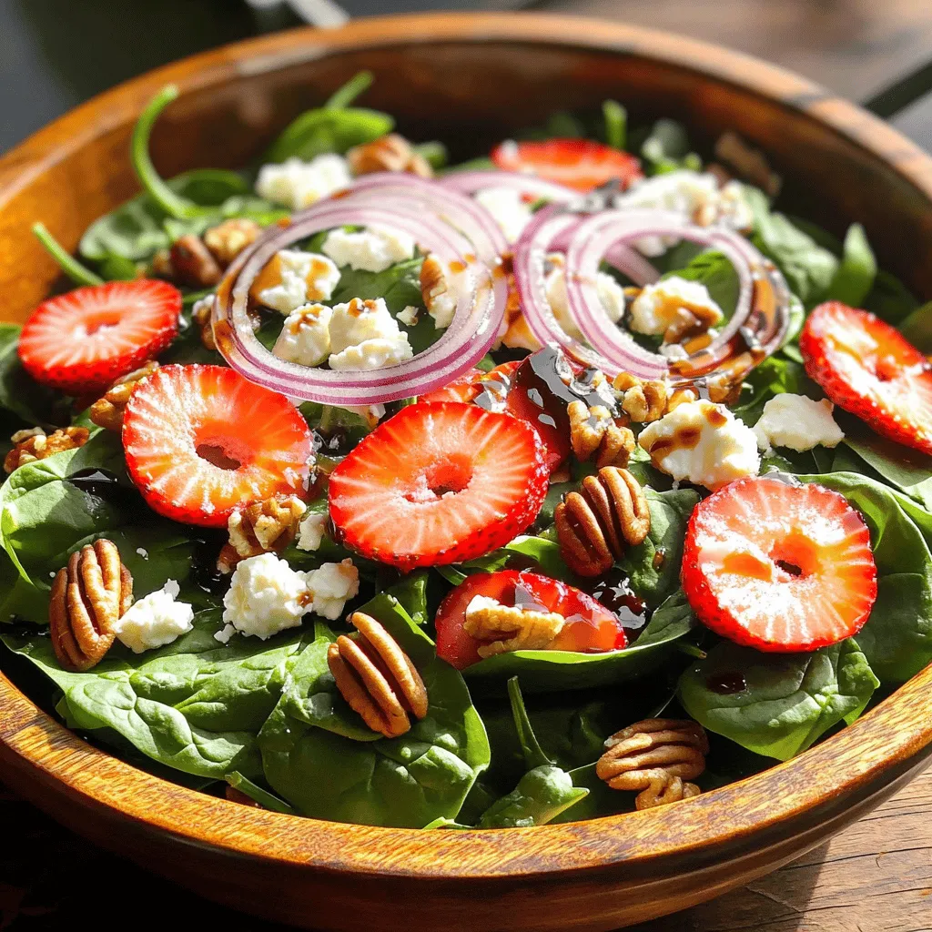 - Spinach: Fresh spinach is key for this salad. It adds a vibrant green color and a crisp texture. Look for bright leaves with no brown spots. Fresh spinach packs vitamins and minerals. It is best when it is young and tender. - Strawberries: Choose ripe strawberries for the best flavor. Look for berries that are bright red and firm. The tops (green leaves) should be fresh. Ripe strawberries are sweet and juicy, adding a delicious contrast to the spinach. - Feta cheese: Crumbled feta gives a nice flavor and texture. It melts into the salad well. Block feta can be harder to mix in. Crumbling it yourself lets you control the size. You can also adjust how much cheese to add. - Pecans: Toasting pecans brings out their rich flavor. Heat them in a pan for a few minutes. Stir often to avoid burning. Toasted pecans add a nice crunch and nuttiness to the salad. - Balsamic vinegar: You can use different types of balsamic vinegar. Traditional balsamic is rich and sweet. Aged balsamic has a deeper flavor. You can also try a lighter version for a tangy taste. - Honey and Olive oil: Honey adds sweetness, while olive oil gives smoothness. Together, they balance the tangy vinegar. If you need substitutes, maple syrup works well instead of honey. For oil, avocado or flaxseed oil can be good options. You can find the full recipe at the top. Enjoy making this colorful and tasty dish! To start, grab a large salad bowl. Add your washed and dried spinach as the base. Make sure to cover the bottom evenly. Next, layer the sliced strawberries on top of the spinach. Spread them out so every bite has flavor. The sweet strawberries pair well with the fresh spinach. Now, let's talk about the toppings. First, take your feta cheese. Crumble it gently with your fingers. This keeps the texture light and airy. Distribute the crumbled cheese over the strawberries. Next, it’s time for the pecans. To toast them, place them in a dry skillet over medium heat. Stir often for about 3 to 5 minutes. They should smell nutty and be slightly golden. This step boosts their flavor. Once toasted, sprinkle them on the salad. Now, let’s make the dressing. In a small bowl, combine balsamic vinegar, olive oil, honey, salt, and pepper. Use a whisk to mix them well. Whisking creates a smooth emulsion, which means the oil and vinegar blend nicely. Remember to taste your dressing. Adjust the salt and pepper as needed. This step is key to making the flavors pop. Once your salad is layered and dressed, toss gently. This mixes everything without bruising the spinach. You now have a fresh and tasty Strawberry Spinach Salad. For a detailed guide, check out the Full Recipe. To make a great Strawberry Spinach Salad, fresh ingredients are key. Look for spinach with bright green leaves. The leaves should feel crisp and firm. Avoid any yellow or wilted leaves. For strawberries, choose ones that are bright red and shiny. They should feel firm but not hard. Smell them; fresh strawberries have a sweet scent. Presentation can make your salad more appealing. You can serve it family-style in a large bowl. This way, everyone can help themselves. For a fancier look, serve individual plates. Use small bowls for the dressing on the side. You might add extra strawberry slices or a sprinkle of feta on top for color. This salad pairs well with many dishes. It works great with grilled chicken or fish. You can also serve it alongside a hearty sandwich. Consider adding a warm soup to make it a full meal. The fresh flavors of the salad balance rich entrees nicely. For the full recipe, check out the details above! {{image_2}} You can add a burst of flavor by including citrus segments. Oranges and grapefruits add a nice zing. Grilled chicken or shrimp can make this salad a full meal. Just toss them in with the spinach and strawberries. These additions make the salad tasty and filling. If you want a vegan option, try using vegan feta. It gives a similar taste without dairy. For those with nut allergies, skip the pecans. You can use sunflower seeds instead for crunch. This keeps your salad safe and still delicious. In summer, you might add fresh peaches. They bring sweetness and a juicy texture. In fall, consider adding walnuts. They add a warm, nutty flavor that pairs well with the spinach. Each season brings new options to keep the salad exciting. For more details on making this salad, check the Full Recipe. To keep your salad fresh, store each ingredient separately. This way, the spinach stays crisp. Place the fresh spinach in a sealed bag or container. Use a paper towel to absorb moisture. For strawberries, keep them in a container with air holes. This helps them breathe. Avoid washing them until you are ready to use them. Keep the feta cheese in its brine in a sealed container. This keeps it fresh longer. Store toasted pecans in an airtight jar. Keep them in a cool, dry place. If you have leftover dressed salad, eat it within a day. The dressing wilts the spinach quickly. Store the leftover salad in a sealed container. If you don't finish it all, keep the dressing separate. You can reuse the salad for a tasty lunch. Just add more dressing if needed. Remember, the salad tastes best fresh. You cannot freeze the entire salad. The spinach and strawberries will turn mushy when thawed. However, you can freeze individual ingredients. Wash and slice strawberries, then place them in a single layer on a tray. Once frozen, transfer them to a bag. For pecans, you can freeze them too. Just put them in a sealed bag. When you want to use them, thaw them in the fridge overnight. Enjoy your fresh salad ingredients all year long! A light and tangy dressing works best. I recommend balsamic vinaigrette. It adds a nice balance to the sweet strawberries and rich feta. You can also try a honey mustard dressing for a different flavor. Both choices enhance the salad without overwhelming it. To make this salad vegan, replace feta cheese with tofu or a vegan feta. You could also use avocado for creaminess. Instead of honey, use maple syrup or agave nectar for sweetness. These swaps keep the flavors bright while meeting your dietary needs. Yes, you can prepare it ahead, but keep some tips in mind. Store the dressing separately until serving. This keeps the spinach fresh and crisp. You can chop the strawberries and onions in advance, but add them closer to serving. This way, your salad looks and tastes its best. You learned how to make a fresh and tasty strawberry spinach salad. We discussed choosing quality ingredients, like the best spinach and ripe strawberries. You can make the dressing smooth and flavorful with proper whisking. Remember, variations can add fun twists to your salad. Store it right to keep it fresh. Enjoy your delicious creation, and feel free to experiment with flavors and ingredients. Your salad can impress anyone at any meal!