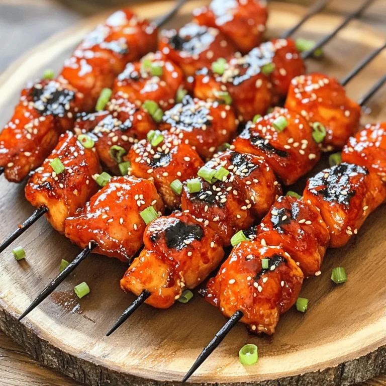 - 1 lb chicken thighs, cut into 1-inch cubes - 3 tablespoons gochujang (Korean red chili paste) - 2 tablespoons soy sauce - 1 tablespoon sesame oil - 2 tablespoons honey - 3 cloves garlic, minced - 1 tablespoon fresh ginger, minced - 2 green onions, chopped (plus extra for garnish) - 1 tablespoon sesame seeds (for garnish) In this recipe, chicken thighs shine with their juicy texture. They soak up flavors well. Gochujang adds heat and depth. Pair it with soy sauce for saltiness. The sesame oil gives a nutty taste. Honey balances the spice with sweetness. Fresh garlic and ginger add aromatic notes. Green onions bring freshness and color to the dish. Don’t skip the sesame seeds. They add a nice crunch and look great on top. - Skewers (wooden or metal) - Grill or grill pan - Mixing bowls You need skewers to hold the chicken pieces. Wooden skewers need soaking. This prevents burning. A grill or grill pan helps get that smoky flavor. Mixing bowls are key for combining ingredients. They make marinating easy and fun. - Alternative proteins - Vegetarian options If you want alternative proteins, try pork or beef. They also taste great with this marinade. For vegetarian options, consider tofu or mushrooms. Both soak up flavors well. Cut them into cubes and marinate just like chicken. Experimenting can lead to new favorite meals! To make the best Korean BBQ chicken skewers, start by preparing the marinade. In a large bowl, mix together these ingredients: - 3 tablespoons gochujang - 2 tablespoons soy sauce - 1 tablespoon sesame oil - 2 tablespoons honey - 3 cloves garlic, minced - 1 tablespoon fresh ginger, minced - 2 green onions, chopped This blend gives your chicken that sweet and spicy kick. After mixing, add 1 lb of chicken thighs cut into 1-inch cubes. Toss the chicken well to coat it with the marinade. Cover the bowl and place it in the fridge. I recommend marinating for at least 30 minutes. If you have time, let it sit for up to 2 hours for deeper flavor. Before you cook, preheat your grill or grill pan over medium-high heat. This helps to get nice grill marks on your chicken. While it heats, oil the grilling surface lightly. Use a paper towel dipped in oil and carefully wipe the grill grates. This step prevents sticking and helps with cleanup later. Once the chicken is marinated, it’s time to thread it onto the skewers. If you use wooden skewers, soak them in water for 30 minutes first. This helps prevent burning. Thread the marinated chicken pieces onto the skewers, leaving a little space between each piece. Now, grill the chicken skewers for about 10-15 minutes. Turn them occasionally. You want to see a nice char on the outside. The chicken should reach an internal temperature of 165°F (75°C) for safety. After grilling, let the skewers rest for 5 minutes. This keeps the juices inside. Before serving, sprinkle with sesame seeds and extra chopped green onions. Enjoy your delicious Korean BBQ chicken skewers! For the full recipe, check out the complete instructions. - Marinating time: Marinate the chicken for at least 30 minutes. For the best flavor, let it soak for up to 2 hours. This allows the chicken to absorb the rich flavors of the marinade. - Fresh vs. dried ingredients: Use fresh garlic and ginger for a bright taste. Dried spices are useful, but fresh ingredients make a big difference. They bring out the best in your skewers. - Skewering techniques: Thread the chicken pieces onto the skewers, leaving space between them. This helps hot air circulate and cooks the chicken evenly. - Meat temperature checking: Use a meat thermometer to check the chicken. It should reach 165°F (75°C) to be safe. This ensures you serve perfectly cooked skewers. - Side dishes that pair well: Serve your skewers with rice or a fresh salad. Kimchi adds a spicy kick and complements the flavors nicely. - Sauces for dipping: Offer a mix of dipping sauces. A sweet soy sauce or a spicy gochujang sauce works great. These add extra taste and fun for your guests. For the complete recipe, check out the Full Recipe section! {{image_2}} To make your skewers hotter, add more gochujang. You can also mix in chili flakes for extra heat. Try adding a splash of hot sauce in the marinade. This adds a kick that many love. For alternative spices, use smoked paprika or cayenne. These enhance the flavor and heat. You can adjust the spice level to your taste. If you want a smoky flavor, try a smoked seasoning blend. For a teriyaki twist, swap some soy sauce for teriyaki sauce. This gives the chicken a sweet and salty flavor. Mix in pineapple juice for a fruity touch. It adds a new layer of taste that is very refreshing. You can also try a sesame-infused recipe. Add toasted sesame oil for a nutty flavor. Mixing in sesame seeds in the marinade will enhance this taste. This makes the chicken rich and flavorful. If you want a different protein, try pork or beef skewers. Use the same marinade for great results. Cut the meat into similar-sized cubes to ensure even cooking. For a vegetarian option, use tofu or veggies. Firm tofu works best as it holds up on the grill. You can marinate bell peppers, zucchini, or mushrooms too. These options give a tasty alternative that everyone can enjoy. For the full recipe, check out the details above. To store leftover skewers, first let them cool down. Then, place them in an airtight container. You can keep them in the fridge for up to three days. This helps keep the chicken moist. If you want to save them longer, you can freeze the skewers. Wrap them tightly in plastic wrap and then place them in a freezer bag. They can last up to three months in the freezer. Just remember to label the bag with the date. When it's time to eat your leftovers, you have a few good options. The best method is to reheat them in the oven. Set it to 350°F (175°C). Place the skewers on a baking tray and cover with foil. This keeps the chicken juicy and warm. Heat for about 10-15 minutes. You can also use a microwave. Place the skewers on a microwave-safe plate and cover them. Heat in short bursts of 30 seconds. Be careful not to overheat, or the chicken may dry out. Preparing Korean BBQ chicken skewers in advance is smart for busy nights. You can marinate the chicken and freeze it. This way, you have a quick meal ready to go. On a busy weeknight, just take the marinated chicken from the freezer. Let it thaw in the fridge overnight. Then, you can thread it onto skewers and grill. This makes dinner easy and tasty! To marinate chicken for BBQ, focus on flavor and time. Use a mix of sauces like soy sauce and gochujang for depth. Add garlic and ginger for extra zest. A good rule of thumb is to marinate for at least 30 minutes. For richer flavor, let it sit for up to 2 hours. Always cover the chicken while it marinates. This keeps the flavors locked in and the chicken moist. Yes, you can make Korean BBQ chicken skewers in the oven. Preheat your oven to 400°F (200°C). Place the skewers on a baking tray lined with foil. Bake for about 15 to 20 minutes. Flip them halfway through cooking for even browning. Keep an eye on them to avoid burning. This method works well and gives tasty results. Soak wooden skewers in water for at least 30 minutes before grilling. This helps prevent burning on the grill. The water makes the skewers expand, which reduces the risk of them catching fire. If you are in a hurry, even 15 minutes can help. Just remember to soak them well for the best outcome. To find authentic Korean BBQ chicken skewers, check local Korean restaurants or BBQ spots. Look for places that have good reviews online. You can also ask friends or family for recommendations. If you have a Korean market nearby, they might offer ready-made skewers. Explore food apps for nearby options too. Chicken should reach an internal temperature of 165°F (75°C) when cooked. This ensures it is safe to eat. Use a meat thermometer for accuracy. Insert it into the thickest part of the chicken without touching the bone. This guarantees the chicken is fully cooked and juicy. Always check before serving to ensure food safety. Korean BBQ chicken skewers are a tasty dish packed with flavor. We covered key ingredients like chicken thighs, gochujang, and spices. I also shared tips for grilling, marinating, and serving. Remember to try different proteins or marinades for fun twists. Store leftovers properly, so you can enjoy them later. Grilling offers many benefits, and now, you have the tools to make great skewers at home. Dive in, experiment, and savor every bite!