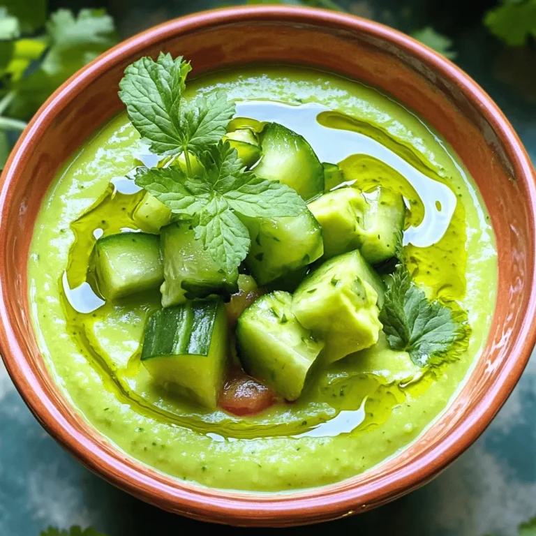 To make a delicious avocado cucumber gazpacho, you need: - 2 ripe avocados, peeled and pitted - 1 large cucumber, peeled and diced - 1 cup ripe tomatoes, chopped - 1 small red onion, roughly chopped - 2 cloves garlic, minced - 2 cups vegetable broth (chilled) - 2 tablespoons fresh lime juice - 1 tablespoon olive oil - 1 teaspoon ground cumin - Salt and pepper to taste - Fresh cilantro or mint leaves for garnish Each ingredient plays an important role in the flavor and texture of the gazpacho. The ripe avocados add creaminess, while the cucumber keeps it light and fresh. Tomatoes bring color and sweetness. The red onion and garlic add depth. For the broth, use chilled vegetable broth to keep your soup cool. Lime juice gives it a nice zing, while olive oil adds richness. Ground cumin adds warmth, and salt and pepper balance everything. If you want to change things up, consider these substitutions: - Use Greek yogurt instead of olive oil for a creamier texture. - Swap fresh lime juice for lemon juice for a different citrus kick. - Try adding basil or dill instead of cilantro or mint for a unique flavor. - For heat, add chopped jalapeños or a dash of hot sauce. - If you prefer a chunkier soup, leave some diced veggies aside and stir them in after blending. You can find the full recipe to get all the steps for this refreshing dish. Start with your fresh ingredients. Gather two ripe avocados, one large cucumber, and one cup of ripe tomatoes. You also need one small red onion and two cloves of garlic. Peel and pit the avocados. Next, peel and dice the cucumber. Chop the tomatoes and roughly chop the red onion. Finally, mince the garlic. This prep work makes blending easier. Now, it’s time to blend. In a blender, add the avocados, cucumber, tomatoes, red onion, and minced garlic. Then pour in two cups of chilled vegetable broth. Add two tablespoons of fresh lime juice, one tablespoon of olive oil, and one teaspoon of ground cumin. Season with salt and pepper to taste. Blend this mixture on high. You want it to be smooth and creamy. If you want a thinner consistency, add more broth. After blending, taste the gazpacho and adjust the seasoning if needed. Pour it into a bowl or an airtight container. Cover it and refrigerate for at least 30 minutes. This chilling time lets the flavors mix together. When ready to serve, give it a good stir. Pour the gazpacho into bowls and garnish with fresh cilantro or mint leaves. Enjoy this refreshing dish as a light meal or appetizer. For the full recipe, check the details above. To get the best texture for your gazpacho, blend until smooth. Start with ripe avocados and cucumber. They create a creamy base. If the mixture is too thick, add more chilled vegetable broth. A little at a time works best. You want it silky, not too runny. This way, each spoonful feels rich and satisfying. Seasoning is key for great flavor. Start with salt and pepper to taste. You can always add more, but it's hard to take it out. The lime juice adds a nice zing and balances the creaminess. Taste as you go. You may want to add more cumin for warmth. Fresh herbs like cilantro or mint also boost the taste. Garnishes make your dish eye-catching. Use fresh cilantro or mint leaves for color. You can also add thin cucumber slices on top. A drizzle of olive oil adds shine and flavor. For a crunch, sprinkle some toasted seeds or nuts. These little touches make your gazpacho look gourmet and fun to eat. For the full recipe, check out the details above. {{image_2}} Want a kick? Add jalapeños to your gazpacho. Start with one small jalapeño, seeds removed. Chop it finely and blend it with the other ingredients. This adds heat and flavor. You can adjust the spice by adding more or less. The heat pairs well with the cool avocado. For a rich twist, mix in yogurt or sour cream. Add about half a cup when blending. This makes the soup creamy and adds a tangy taste. Greek yogurt works great if you want extra protein. The creaminess complements the fresh flavors beautifully. No blender? No problem! You can chop everything by hand. Dice the avocados, cucumber, tomatoes, and onion into small pieces. Mix them together in a bowl with garlic and lime juice. Add the cold broth and stir well. This gives your gazpacho a nice texture. Plus, it looks great with big chunks of veggies. For the full recipe, check out the [Full Recipe]. To keep your avocado cucumber gazpacho fresh, use an airtight container. This helps seal in flavors and maintain texture. Make sure to cool it down to room temperature before sealing. If you have extra, consider dividing it into smaller portions. This way, you can enjoy it later without opening the entire batch. Store your gazpacho in the fridge for the best taste. It stays fresh for about three days. If you want to keep it longer, freezing is an option. However, keep in mind that freezing may change the texture. Pour the gazpacho into freezer-safe containers, leaving space for expansion. Label them with the date, and you can enjoy it later! In the fridge, avocado cucumber gazpacho lasts about three days. After that, it may lose its freshness and flavor. Always check for any signs of spoilage before eating. If it smells off or has changed color, it’s better to toss it. Enjoy your gazpacho while it's still delicious! Avocado Cucumber Gazpacho is a cold soup. It blends ripe avocados and cucumbers with fresh tomatoes. This dish is creamy, smooth, and full of flavor. The lime juice adds brightness, while cumin gives depth. It’s refreshing and perfect for hot days. You can find the full recipe in the article for easy cooking. Yes, you can make this gazpacho a day ahead. It tastes even better after chilling overnight. Just store it in an airtight container. This helps the flavors mix well and improve. Make sure to stir it before serving. You can serve this gazpacho with crusty bread or crackers. A simple green salad pairs well too. Grilled shrimp or chicken can add protein to the meal. For a light lunch, you might enjoy it with a sandwich. Yes, this gazpacho is great for meal prep. It lasts up to three days in the fridge. Just keep it in an airtight container. Portion it out for easy meals throughout the week. Enjoy this healthy and simple dish anytime! Avocado cucumber gazpacho is fresh, easy, and full of flavor. We covered the key ingredients, how to prepare them, and tips for the best texture. You can make variations to suit your taste or use what you have. Remember to store leftovers properly to enjoy later. This dish is perfect for hot days or meal prep. By following these steps, you can make a delicious soup everyone will love. Now, grab your ingredients and get started on your refreshing gazpacho!
