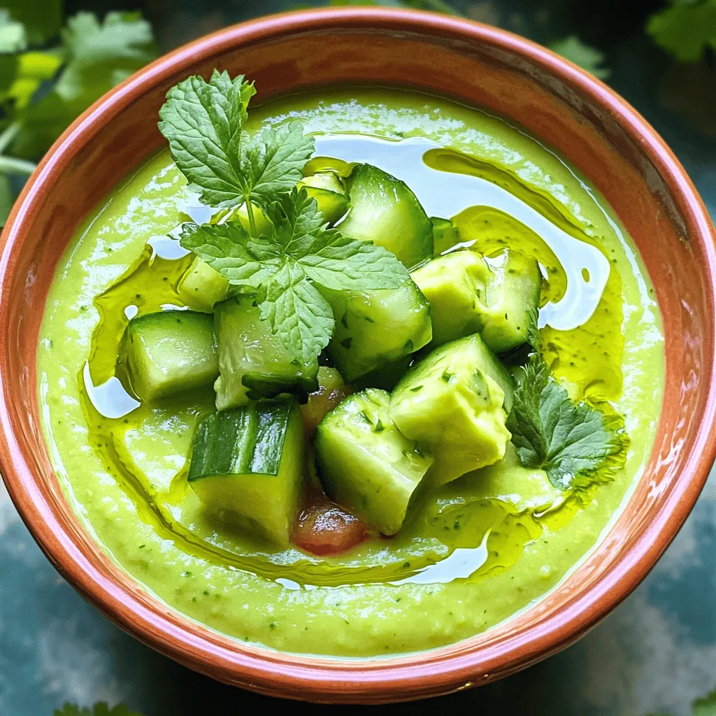 To make a delicious avocado cucumber gazpacho, you need: - 2 ripe avocados, peeled and pitted - 1 large cucumber, peeled and diced - 1 cup ripe tomatoes, chopped - 1 small red onion, roughly chopped - 2 cloves garlic, minced - 2 cups vegetable broth (chilled) - 2 tablespoons fresh lime juice - 1 tablespoon olive oil - 1 teaspoon ground cumin - Salt and pepper to taste - Fresh cilantro or mint leaves for garnish Each ingredient plays an important role in the flavor and texture of the gazpacho. The ripe avocados add creaminess, while the cucumber keeps it light and fresh. Tomatoes bring color and sweetness. The red onion and garlic add depth. For the broth, use chilled vegetable broth to keep your soup cool. Lime juice gives it a nice zing, while olive oil adds richness. Ground cumin adds warmth, and salt and pepper balance everything. If you want to change things up, consider these substitutions: - Use Greek yogurt instead of olive oil for a creamier texture. - Swap fresh lime juice for lemon juice for a different citrus kick. - Try adding basil or dill instead of cilantro or mint for a unique flavor. - For heat, add chopped jalapeños or a dash of hot sauce. - If you prefer a chunkier soup, leave some diced veggies aside and stir them in after blending. You can find the full recipe to get all the steps for this refreshing dish. Start with your fresh ingredients. Gather two ripe avocados, one large cucumber, and one cup of ripe tomatoes. You also need one small red onion and two cloves of garlic. Peel and pit the avocados. Next, peel and dice the cucumber. Chop the tomatoes and roughly chop the red onion. Finally, mince the garlic. This prep work makes blending easier. Now, it’s time to blend. In a blender, add the avocados, cucumber, tomatoes, red onion, and minced garlic. Then pour in two cups of chilled vegetable broth. Add two tablespoons of fresh lime juice, one tablespoon of olive oil, and one teaspoon of ground cumin. Season with salt and pepper to taste. Blend this mixture on high. You want it to be smooth and creamy. If you want a thinner consistency, add more broth. After blending, taste the gazpacho and adjust the seasoning if needed. Pour it into a bowl or an airtight container. Cover it and refrigerate for at least 30 minutes. This chilling time lets the flavors mix together. When ready to serve, give it a good stir. Pour the gazpacho into bowls and garnish with fresh cilantro or mint leaves. Enjoy this refreshing dish as a light meal or appetizer. For the full recipe, check the details above. To get the best texture for your gazpacho, blend until smooth. Start with ripe avocados and cucumber. They create a creamy base. If the mixture is too thick, add more chilled vegetable broth. A little at a time works best. You want it silky, not too runny. This way, each spoonful feels rich and satisfying. Seasoning is key for great flavor. Start with salt and pepper to taste. You can always add more, but it's hard to take it out. The lime juice adds a nice zing and balances the creaminess. Taste as you go. You may want to add more cumin for warmth. Fresh herbs like cilantro or mint also boost the taste. Garnishes make your dish eye-catching. Use fresh cilantro or mint leaves for color. You can also add thin cucumber slices on top. A drizzle of olive oil adds shine and flavor. For a crunch, sprinkle some toasted seeds or nuts. These little touches make your gazpacho look gourmet and fun to eat. For the full recipe, check out the details above. {{image_2}} Want a kick? Add jalapeños to your gazpacho. Start with one small jalapeño, seeds removed. Chop it finely and blend it with the other ingredients. This adds heat and flavor. You can adjust the spice by adding more or less. The heat pairs well with the cool avocado. For a rich twist, mix in yogurt or sour cream. Add about half a cup when blending. This makes the soup creamy and adds a tangy taste. Greek yogurt works great if you want extra protein. The creaminess complements the fresh flavors beautifully. No blender? No problem! You can chop everything by hand. Dice the avocados, cucumber, tomatoes, and onion into small pieces. Mix them together in a bowl with garlic and lime juice. Add the cold broth and stir well. This gives your gazpacho a nice texture. Plus, it looks great with big chunks of veggies. For the full recipe, check out the [Full Recipe]. To keep your avocado cucumber gazpacho fresh, use an airtight container. This helps seal in flavors and maintain texture. Make sure to cool it down to room temperature before sealing. If you have extra, consider dividing it into smaller portions. This way, you can enjoy it later without opening the entire batch. Store your gazpacho in the fridge for the best taste. It stays fresh for about three days. If you want to keep it longer, freezing is an option. However, keep in mind that freezing may change the texture. Pour the gazpacho into freezer-safe containers, leaving space for expansion. Label them with the date, and you can enjoy it later! In the fridge, avocado cucumber gazpacho lasts about three days. After that, it may lose its freshness and flavor. Always check for any signs of spoilage before eating. If it smells off or has changed color, it’s better to toss it. Enjoy your gazpacho while it's still delicious! Avocado Cucumber Gazpacho is a cold soup. It blends ripe avocados and cucumbers with fresh tomatoes. This dish is creamy, smooth, and full of flavor. The lime juice adds brightness, while cumin gives depth. It’s refreshing and perfect for hot days. You can find the full recipe in the article for easy cooking. Yes, you can make this gazpacho a day ahead. It tastes even better after chilling overnight. Just store it in an airtight container. This helps the flavors mix well and improve. Make sure to stir it before serving. You can serve this gazpacho with crusty bread or crackers. A simple green salad pairs well too. Grilled shrimp or chicken can add protein to the meal. For a light lunch, you might enjoy it with a sandwich. Yes, this gazpacho is great for meal prep. It lasts up to three days in the fridge. Just keep it in an airtight container. Portion it out for easy meals throughout the week. Enjoy this healthy and simple dish anytime! Avocado cucumber gazpacho is fresh, easy, and full of flavor. We covered the key ingredients, how to prepare them, and tips for the best texture. You can make variations to suit your taste or use what you have. Remember to store leftovers properly to enjoy later. This dish is perfect for hot days or meal prep. By following these steps, you can make a delicious soup everyone will love. Now, grab your ingredients and get started on your refreshing gazpacho!
