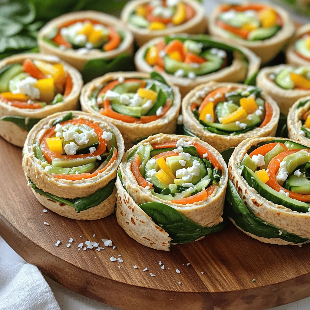 To make delicious Rainbow Veggie Pinwheels, gather these main ingredients: - 4 large whole wheat tortillas - 1/2 cup hummus (any flavor) - 1 cup spinach leaves - 1 medium carrot, julienned - 1 medium cucumber, thinly sliced - 1 red bell pepper, thinly sliced - 1 yellow bell pepper, thinly sliced - 1 avocado, sliced Adding some extra flavor can make these pinwheels even better. Consider these optional ingredients: - 1/4 cup feta cheese, crumbled - Salt and pepper to taste Each serving of these pinwheels gives you a good amount of nutrients. Here’s what you get per serving: - Calories: 210 - Protein: 6g - Carbohydrates: 30g - Dietary Fiber: 8g - Sugars: 2g - Fat: 8g - Saturated Fat: 1g These pinwheels are not just pretty; they are also healthy! You can find the full recipe in this article to guide you through each step. To start, gather your ingredients for the Rainbow Veggie Pinwheels. You will need: - 4 large whole wheat tortillas - 1/2 cup hummus (any flavor) - 1 cup spinach leaves - 1 medium carrot, julienned - 1 medium cucumber, thinly sliced - 1 red bell pepper, thinly sliced - 1 yellow bell pepper, thinly sliced - 1 avocado, sliced - 1/4 cup feta cheese, crumbled (optional) - Salt and pepper to taste Lay one tortilla flat on a cutting board. Spread a generous layer of hummus over the tortilla, leaving a small space at the edges. This helps keep the filling from spilling out. Next, add a handful of spinach leaves as the base. They add color and crunch. Now, layer your veggies. Start with the julienned carrots, then add cucumber slices and the red and yellow bell pepper slices. Arrange them in colorful segments to make your pinwheels pop. Place the sliced avocado in the center and sprinkle feta cheese on top if you want a creamy touch. Finish with a pinch of salt and pepper. Carefully roll the tortilla tightly, starting from one end to the other. Make sure the filling stays in place as you roll. When you finish, place the seam-side down on the board. Using a sharp knife, cut the roll into 1-inch thick pieces. This size is perfect for snacking. Repeat this process with the remaining tortillas and ingredients. You can make as many pinwheels as you need for your gathering. As you cut, you will see the colorful layers inside each pinwheel. They look beautiful and inviting! Arrange your pinwheels on a serving platter. You can serve them plain or add a dip like extra hummus or yogurt sauce. Pair them with fresh fruit or a salad for a complete snack. These pinwheels are great for parties, picnics, or any fun gathering. For the full recipe, check out the complete details above. Enjoy your vibrant and tasty Rainbow Veggie Pinwheels! To make the best pinwheels, start with fresh tortillas. Whole wheat tortillas give a nice flavor and hold well. Spread the hummus evenly, but leave a small edge. This keeps the filling from spilling out. Layer your veggies tightly, and try to use bright colors. This makes the pinwheels more fun. Roll tightly from one end to the other. A tight roll helps keep everything inside. When cutting, use a sharp knife for clean edges. You can boost the flavor of your pinwheels with simple tricks. Add herbs like basil or cilantro in the layers. This adds freshness and aroma. You can also try different hummus flavors, like roasted red pepper or garlic. For a kick, add a dash of hot sauce or chili flakes on the hummus. If you like it creamy, try adding cream cheese along with the hummus. This gives a rich taste. To make your pinwheels look great, arrange them on a colorful platter. Use a mix of large and small pinwheels. Place some fresh vegetables or herbs around them for extra color. You can also garnish with extra feta cheese on top. For a fun touch, use toothpicks to hold them together. This makes it easier for guests to grab them. Arrange them in a rainbow pattern to match their name. It will be an eye-catching treat! For the full recipe, refer to the main article above. {{image_2}} You can mix and match veggies for your pinwheels. Try adding colorful options like purple cabbage or radishes for crunch. Broccoli slaw or zucchini ribbons also work great. These choices keep the dish fun and fresh. Each vegetable brings a unique taste and texture. You can even use roasted veggies for a warm twist. The more colors, the better! While whole wheat tortillas are great, you can explore other types too. Spinach tortillas add a pop of green and extra nutrients. Tomato basil wraps bring a burst of flavor. Corn tortillas are gluten-free and have a nice texture. You can also use flavored wraps for a fun change. Just ensure they are large enough to hold your filling. If you want to switch things up, you can change the spread. Cream cheese or a nut butter can add a creamy touch. For a vegan option, try avocado spread or a bean dip. You can also skip cheese or use a dairy-free option. Each swap can change the taste of your pinwheels. Get creative and see which combinations you enjoy most! For more details on making these delicious snacks, check out the Full Recipe. To keep your Rainbow Veggie Pinwheels fresh, wrap them in plastic wrap. This helps prevent them from drying out. Place the wrapped pinwheels in an airtight container. You can also use a resealable bag for easy storage. Keep them in the fridge until you are ready to serve. Rainbow Veggie Pinwheels can last up to three days in the fridge. If they contain avocado, they may brown quicker. To slow this down, add lemon juice to the avocado. This keeps the color bright and fresh. You can freeze pinwheels for later use. First, wrap each pinwheel in plastic wrap. Then, place them in a freezer-safe container or bag. They can last up to one month in the freezer. When ready to eat, let them thaw in the fridge overnight. Enjoy your tasty snack anytime! For the full recipe, check the section above. Yes, you can make Rainbow Veggie Pinwheels ahead of time. I often prepare them a few hours before serving. Just wrap them in plastic wrap to keep them fresh. They stay tasty when stored in the fridge. However, I recommend eating them within 24 hours for the best flavor and texture. Rainbow Veggie Pinwheels are great on their own, but you can serve them with dips. Hummus, ranch, or yogurt dip work well. You could also add a fresh salad or a fruit platter. These sides brighten the table and make a fun meal. To keep pinwheels from getting soggy, avoid wet fillings. Use dry veggies and spread hummus thinly. If you are making them ahead, store them in an airtight container. Place a paper towel inside to absorb moisture. This trick helps keep them fresh and crunchy. You can create great Rainbow Veggie Pinwheels using simple ingredients. We covered key tips for making them tasty and fun. Explore options for different veggies and wraps to suit your taste. Effective storage keeps them fresh longer. Whether for parties or snacks, these pinwheels impress. Remember, the best part is your creativity! Try new flavors and make each batch unique. Enjoy your pinwheels, and share them with friends and family!
