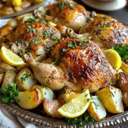 - Whole chicken (4-5 lbs) - Olive oil - Garlic - Lemon The heart of this dish is the whole chicken. A 4-5 pound bird works best. The olive oil adds richness. Garlic gives a strong flavor. Fresh lemons add brightness and zest. - Fresh thyme - Fresh rosemary - Salt - Pepper Fresh herbs make a big difference. Thyme and rosemary bring earthy notes. Use salt and pepper to enhance all flavors. These simple seasonings balance the dish perfectly. - Onion - Potatoes Adding onion and potatoes makes the meal complete. The onion adds sweetness as it roasts. The potatoes soak up all the tasty juices. They turn crispy and golden, adding texture to your plate. For the complete recipe, check out the Full Recipe for more details. First, preheat your oven to 425°F (220°C). This hot temperature helps the chicken cook evenly. While the oven heats, make the marinade. In a small bowl, mix olive oil, minced garlic, lemon juice, thyme, rosemary, salt, and pepper. This mix brings out great flavor. Next, pat the chicken dry with paper towels. This step is key for crispy skin. Place the chicken in a large roasting pan. Now, rub the marinade all over the chicken. Make sure to get it under the skin. This helps the flavors soak in. Once the chicken is coated, it’s time to stuff it. Place quartered onion and lemon slices inside the chicken's cavity. This adds more taste as it cooks. After stuffing, arrange chopped potatoes around the chicken. Drizzle them with olive oil, salt, and pepper. This makes everything tasty. Put the chicken in the preheated oven. Roast it for about 1 hour and 15 minutes. Check that the internal temperature reaches 165°F (74°C). The skin should be golden brown and crispy. After roasting, let the chicken rest for 10-15 minutes. This helps the juices settle. Finally, serve it on a platter, with roasted potatoes beside it. For a nice touch, add fresh parsley for color. For the full recipe, check the details above. To make the chicken extra tasty, you want the marinade under the skin. Start by gently lifting the skin with your fingers. Be careful not to tear it. Use a spoon or your hand to spread the marinade underneath. This helps the flavors soak in as it cooks. The skin keeps the meat juicy while adding a nice crunch. For perfect browning and crispy skin, make sure your oven is hot. Preheat it to 425°F (220°C) before putting the chicken in. Also, pat the chicken dry with paper towels. This removes moisture and helps it brown better. If you want even crispier skin, baste the chicken with its juices halfway through cooking. This adds flavor and keeps it moist. When it's time to serve, presentation matters. Use a large platter for the chicken. Arrange the crispy potatoes around it. For a pop of color, add lemon wedges and fresh herbs on top. This not only looks great but also makes your meal feel special. Serve it with a side salad for a complete dish. Check out the Full Recipe for more tips on making this meal shine! {{image_2}} You can spice up your Lemon Garlic Roasted Chicken by using different herbs. Try basil or oregano instead of thyme. These herbs can give your chicken a fresh twist. Parsley works well too, adding a nice green touch. Mix and match your favorite herbs for a unique flavor. Adding vegetables to the roasting pan can enhance your dish. Carrots and bell peppers make great options. They soak up the chicken's juices and add sweetness. You can also use zucchini or asparagus for a fresh vibe. Just chop them into similar sizes so they cook evenly with the chicken. If you want a change, try cooking your chicken in a slow cooker or on the grill. The slow cooker keeps the meat juicy and tender. Just add your marinade and veggies, then let it cook. Grilling adds a smoky flavor and crispy skin. You’ll want to keep an eye on it to avoid drying out the meat. Each method offers a new way to enjoy this tasty dish. For the full recipe, check out the details above. To store leftover Lemon Garlic Roasted Chicken, first let it cool. Place the chicken in an airtight container. Make sure to cover it tightly. You can keep it in the fridge for up to four days. If you have leftover potatoes, store them in a separate container. This keeps them fresh and tasty. Freezing roasted chicken is simple. Wrap the cooled chicken well in plastic wrap. Then, place it in a freezer bag. Remove as much air as you can. This helps avoid freezer burn. You can freeze it for up to three months. For best results, cut the chicken into pieces before freezing. This makes it easier to defrost later. When you’re ready to enjoy your chicken again, reheating is key. The best way is to use an oven. Preheat the oven to 350°F (175°C). Place the chicken in a baking dish and cover it with foil. This helps keep it moist. Heat for about 20 to 25 minutes. If you want crispy skin, remove the foil for the last five minutes. Enjoy your flavorful meal once more! For detailed steps, check the Full Recipe. To ensure your chicken is cooked, check the internal temperature. Use a meat thermometer and aim for 165°F (74°C). This is the safe temperature for chicken. Look for a few visual signs too. The skin should be golden brown and crispy. If the juices run clear when you cut into the chicken, it's done. If they are pink, it needs more time. Yes, you can use chicken pieces! Adjust the cooking time to about 30 to 45 minutes. Chicken breasts cook faster than thighs or legs. Use the same marinade for flavor. Make sure to check the internal temperature of each piece. The same 165°F (74°C) rule applies here. Lemon Garlic Roasted Chicken goes well with many sides. Here are some great options: - Roasted vegetables like carrots and Brussels sprouts - A fresh green salad with a light vinaigrette - Creamy mashed potatoes or garlic mashed potatoes - Quinoa or rice pilaf for a healthy touch These sides enhance the meal and bring out the flavors of the chicken. You can find the full recipe to create this delicious dish! This blog post outlined how to make a delicious Lemon Garlic Roasted Chicken. We covered the main ingredients, like chicken, olive oil, and herbs. I shared step-by-step instructions, tips for better flavor, and ways to store leftovers. You can also explore variations and adjustments to suit your taste. Cooking can be fun and rewarding. With practice, you'll master this dish and impress your family and friends. Enjoy your cooking journey!