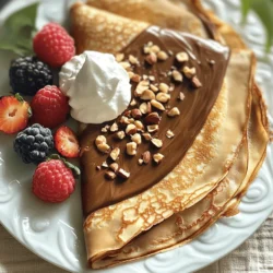 To make chocolate hazelnut crepes, you'll need these key ingredients: - 1 cup all-purpose flour - 2 tablespoons cocoa powder - 2 tablespoons sugar - 1/4 teaspoon salt - 2 large eggs - 1 1/2 cups milk - 2 tablespoons melted butter (plus more for cooking) - 1/2 cup chocolate hazelnut spread (like Nutella) - 1/4 cup finely chopped hazelnuts (for topping) - Fresh berries (strawberries or raspberries) for garnish - Whipped cream (optional) These ingredients give the crepes a rich chocolate taste and a nice, soft texture. The chocolate hazelnut spread adds a creamy layer that makes each bite heavenly. You can add many toppings to make your crepes even better. Here are some great options: - Finely chopped nuts for crunch - Sliced fruits like bananas or kiwis - A drizzle of chocolate sauce - Shredded coconut - Powdered sugar for a sweet touch Feel free to mix and match these toppings. Each one adds a new flavor to your crepes. If you have allergies or follow a special diet, you can still enjoy these crepes. Here are some easy swaps: - Gluten-Free: Use a gluten-free flour blend instead of all-purpose flour. - Dairy-Free: Replace milk with almond milk or oat milk. Use dairy-free butter too. - Egg-Free: Use a flax egg. Mix 1 tablespoon of ground flaxseed with 2.5 tablespoons of water. Let it sit for 5 minutes. These substitutions help you enjoy chocolate hazelnut crepes, no matter your dietary needs. For the full recipe, check the detailed steps above. Start by gathering your ingredients. You need flour, cocoa powder, sugar, salt, eggs, milk, and melted butter. In a medium bowl, whisk together the flour, cocoa powder, sugar, and salt. Mix until everything is smooth. In another bowl, whisk the eggs. Then add the milk and melted butter. Mix them well. Now, combine the wet and dry mixtures. Stir until you have a smooth batter. Let it rest for about 30 minutes. This helps the crepes become tender. After your batter has rested, heat a non-stick skillet over medium heat. Lightly grease it with a little butter. Pour about 1/4 cup of batter into the pan. Swirl the pan to coat the bottom evenly. Cook for about 1 to 2 minutes. Watch for the edges to lift; this means it's ready to flip. Carefully turn the crepe and cook for another minute. Transfer it to a plate. Cover it with a clean kitchen towel to keep it warm. Repeat this with the rest of the batter. You should make about 8 to 10 crepes. Now comes the fun part! Take each crepe and spread a generous layer of chocolate hazelnut spread on one half. Fold the crepe in half, then fold it again to form a triangle. For serving, sprinkle chopped hazelnuts on top. Add fresh berries for color and flavor. A dollop of whipped cream can also make it extra special. Enjoy your delicious creation! If you want the full recipe, check the previous section. To get the best crepe texture, you need a smooth batter. Mix your dry and wet ingredients well. Let the batter rest for at least 30 minutes. This helps the flour absorb moisture. A resting period allows for a softer crepe. When you pour the batter, use just enough to coat the pan. A thin layer cooks evenly. If it's too thick, your crepes might turn out chewy. One common mistake is not resting the batter. Skipping this step can lead to tough crepes. Another mistake is using too much heat. Cooking at high heat makes crepes dry and hard. Always start at medium heat. If the crepes stick to the pan, you may need more butter. Lastly, don’t rush flipping. Wait until the edges lift before you flip. To make the best crepes, you need a few key tools: - Non-stick skillet or crepe pan - Mixing bowls - Whisk or fork - Ladle or measuring cup (for pouring batter) - Spatula (for flipping crepes) Using these tools will make the process easier. A non-stick pan helps prevent sticking. A ladle gives you control over the batter amount. Ensure your tools are clean and dry for best results. For the full recipe, check the Chocolate Hazelnut Crepes section above. Enjoy your cooking! {{image_2}} You can make these crepes vegan easily. Use plant-based milk like almond or oat milk. For eggs, try flax eggs. Mix 1 tablespoon of ground flaxseed with 2.5 tablespoons of water. Let it sit for five minutes until it thickens. The rest of the recipe stays the same. You will still get that great chocolate hazelnut flavor. If you need a gluten-free option, swap the all-purpose flour for a gluten-free blend. Look for a mix that has xanthan gum for better texture. This will keep your crepes soft and pliable. Follow the same steps in the recipe. You will enjoy delicious crepes, even without gluten. Want to change up the flavor? Add spices like cinnamon or vanilla to the batter. You can also mix in a tablespoon of orange zest for a citrus twist. For a nutty crunch, add chopped hazelnuts or walnuts to the batter. These little changes can make your crepes unique and fun. For the full recipe, check out the detailed steps above! To store leftover crepes, let them cool first. Then, stack them with parchment paper in between. This keeps them from sticking together. Place the stack in an airtight container. You can store them in the fridge for up to three days. If you want to keep them longer, freezing is a great option. To reheat crepes, you can use a skillet or microwave. If using a skillet, heat it over low heat. Add a small amount of butter for flavor. Place the crepe in the pan for about 30 seconds on each side. In the microwave, cover the crepe with a damp paper towel. Heat for about 15-20 seconds. This keeps the crepe soft and moist. Freezing crepes is simple and keeps them fresh. After they cool, stack them with parchment paper in between. Wrap the stack tightly in plastic wrap and then place it in a freezer bag. You can freeze them for up to two months. When you want to use them, thaw the crepes in the fridge overnight. Then, reheat as mentioned above. This way, you can enjoy your chocolate hazelnut crepes anytime! For the full recipe, check out the entire article. Yes, you can make the crepes ahead. Cook them and let them cool. Stack the crepes with parchment paper between each one. This keeps them from sticking. Store them in an airtight container in the fridge. You can keep them for up to three days. When you are ready to eat, just reheat them in a pan or microwave. They will still taste great! Serving these crepes is fun and easy. Spread chocolate hazelnut spread on one half of the crepe. Fold it in half, then fold it again to make a triangle. Top with chopped hazelnuts and fresh berries. You can also add whipped cream for a nice touch. Serve warm for the best flavor. Making crepes without eggs is simple. You can use a mix of flour and water as a base. Here’s a quick recipe: - 1 cup all-purpose flour - 1 1/2 cups water - 1/4 teaspoon salt Mix these ingredients until smooth. This will give you a similar texture to traditional crepes. Cook them just like you would regular crepes. They will taste great with chocolate hazelnut spread too! For the full recipe, check out the Chocolate Hazelnut Crepes section. You learned how to make delicious chocolate hazelnut crepes in this post. We covered the main ingredients, tips for perfect texture, and even ways to cater to dietary needs. Remember, practice makes perfect. Don't worry if your first batch doesn't turn out just right. With the right tools and knowledge, you can enjoy tasty crepes anytime. So, gather your ingredients and start cooking. Have fun exploring different toppings and flavor variations. Enjoy each bite of your sweet creation!