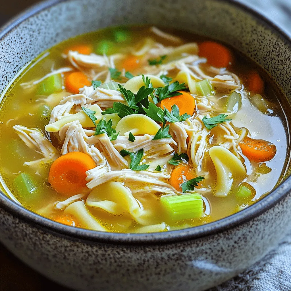 To make the best Instant Pot chicken noodle soup, you need simple, fresh ingredients. Each one adds flavor and warmth to this cozy dish. Here is the complete list of ingredients you will need: - Chicken and Vegetables - 1 lb boneless, skinless chicken thighs - 1 medium onion, diced - 3 carrots, sliced - 3 celery stalks, chopped - 4 cloves garlic, minced - Spices and Seasonings - 1 teaspoon dried thyme - 1 teaspoon dried oregano - 1 bay leaf - Salt and pepper to taste - Fresh parsley, chopped (for garnish) - Broth and Noodles - 8 cups low-sodium chicken broth - 3 cups egg noodles Using fresh ingredients helps create a rich and tasty soup. The chicken thighs give you great flavor and tenderness. The veggies add a nice crunch and sweetness. The herbs and spices bring it all together. For the full recipe, follow the steps to create this delightful meal. Sautéing Onion, Carrots, and Celery First, set your Instant Pot to sauté mode. Pour in a splash of olive oil. Add the diced onion, sliced carrots, and chopped celery. Cook these for about 4-5 minutes until they soften. Stir often to avoid burning. This step builds a great base for your soup. Adding Garlic for Flavor Next, stir in the minced garlic. Cook for one more minute. This adds a nice depth of flavor to your soup. Garlic makes everything taste wonderful, so don’t skip this step! Combining Chicken Thighs with Seasoning Now, add the boneless, skinless chicken thighs to the pot. Sprinkle dried thyme, oregano, salt, and pepper over them. Mix everything well so the chicken gets coated in those tasty spices. Adding Chicken Broth and Bay Leaf Pour in the low-sodium chicken broth. Toss in the bay leaf too. Make sure to scrape the bottom of the pot. This action helps lift off any browned bits. These bits add rich flavor to your soup. Setting the Instant Pot Close the lid of the Instant Pot. Set it to cook on high pressure for 10 minutes. Ensure the valve is in the sealing position. This step is important for proper pressure cooking. Quick Release Tips When the cooking time is up, carefully do a quick release. Turn the valve to the venting position. Wait until the pressure is fully released. Then, open the lid and enjoy the aroma! Shredding the Chicken Remove the chicken thighs from the pot. Use two forks to shred the chicken into bite-sized pieces. Return the shredded chicken back to the pot. This makes every spoonful hearty and filling. Adding and Cooking Egg Noodles Add the egg noodles to the soup now. Switch the Instant Pot back to sauté mode. Let the soup simmer for about 5-6 minutes. Stir occasionally until the noodles are tender. If the soup gets too thick, add more broth or water. Adjusting Seasoning Finally, taste your soup. Adjust the seasoning with more salt and pepper if needed. Don’t forget to remove the bay leaf before serving. Your soup is now ready to ladle into bowls. Garnish with fresh parsley for a lovely touch. For the full recipe, check out the detailed instructions above! - Overcooking Noodles: Cooking egg noodles too long can ruin your soup. They become mushy and lose their nice texture. Check the noodles after just 5 minutes. If they are tender, turn off the pot. If not, give them a minute more. - Not Sautéing Vegetables Enough: Skipping the sauté step makes the soup less flavorful. Sautéing the onion, carrots, and celery for just a few minutes brings out their natural sweetness. This step is key to a great soup base. - Best Instant Pot Models: I recommend the Instant Pot Duo or the Instant Pot Ultra. Both models have great features and are easy to use. They allow you to cook quickly and achieve perfect results. - Kitchen Utensils for Efficiency: Use a sturdy ladle for serving soup. A good set of measuring cups and spoons helps ensure accuracy. A sharp knife makes cutting veggies a breeze. - Additional Herbs to Boost Flavor: Try adding fresh thyme or rosemary for more depth. You can also sprinkle in a bit of dill for a bright twist. Each herb adds its unique flair to your soup. - Suggested Garnishes: Fresh parsley adds color and flavor. You can also top your soup with a squeeze of lemon. This adds a nice zing that brightens the dish. For a full recipe, check out the Cozy Instant Pot Chicken Noodle Soup. {{image_2}} You can make this soup even healthier with a few simple swaps. First, consider using turkey instead of chicken. Turkey has less fat and many find the taste just as good. It works really well in this recipe. Next, try whole wheat noodles. These noodles have more fiber and nutrients than regular ones. They can add a nice, nutty flavor to your soup. Plus, they keep you full longer. For a fresh twist, you can add lemon juice. Just a squeeze can brighten up the whole dish. It adds a zing that makes the soup pop. Another great idea is to add spinach or kale. These greens bring in extra vitamins. Toss them in just before you serve. They wilt nicely and add a lovely color. You can also change this soup with seasonal veggies. In spring, try adding peas or asparagus. They give a fresh crunch and work well with the flavors. In winter, consider root vegetables like parsnips or turnips. They add a hearty feel and pair nicely with the broth. These swaps keep your soup fun and exciting all year long. Explore the [Full Recipe] for more ideas! To keep your Instant Pot Chicken Noodle Soup fresh, store it properly. First, let the soup cool down before placing it in the fridge. Use airtight containers for the best results. This helps keep the soup from absorbing other smells. - Best Practices for Refrigeration: Store the soup in the fridge for up to three days. Make sure to label the containers with the date. This way, you know when to use them. - Freezing Tips for Longer Storage: If you want to keep the soup longer, freezing is great. Use freezer-safe containers or bags. Leave some space at the top, as the soup will expand when frozen. You can freeze it for up to three months. When it’s time to enjoy your soup again, reheating is key. You want to keep the flavors fresh and the texture nice. - Best Methods for Maintaining Texture: The microwave works well for quick reheating. Place the soup in a bowl and cover it loosely. Heat in short bursts, stirring in between. You can also use a pot on the stove. Just heat it over low heat, stirring often. - How to Prevent Noodles from Getting Soggy: If you’re worried about soggy noodles, add them fresh when reheating. You can cook a small batch of noodles separately. Then, mix them into the soup right before serving. This keeps them firm and tasty! By following these tips, you can enjoy your delicious soup even days after cooking. For the full recipe, check out the [Full Recipe]. Cooking chicken in an Instant Pot is quick! For boneless chicken thighs, it takes about 10 minutes on high pressure. If you use bone-in thighs, it may take 12-15 minutes. For chicken breasts, 8-10 minutes will do. Always remember to let the pressure release naturally for the best results. Yes, you can use frozen chicken! Just add an extra 5-10 minutes to the cooking time. Make sure to check that the chicken is fully cooked. The Instant Pot will still work its magic, but you need to adjust the time. To make the soup gluten-free, swap out the egg noodles for gluten-free pasta. You can find many options like rice noodles or quinoa pasta. Just cook them according to the package instructions before adding them to the soup. This way, everyone can enjoy a cozy bowl of soup! For the full recipe, check out the detailed steps. This blog shared how to make a tasty chicken soup in an Instant Pot. We covered ingredients, step-by-step directions, and common mistakes to avoid. Remember to sauté your veggies and not overcook the noodles. You can also try fun variations like swapping chicken for turkey or adding spinach. Store your soup properly for delicious leftovers. With these tips, you’ll create a meal that warms the heart. Enjoy your cooking journey. You have everything you need to make a great soup!