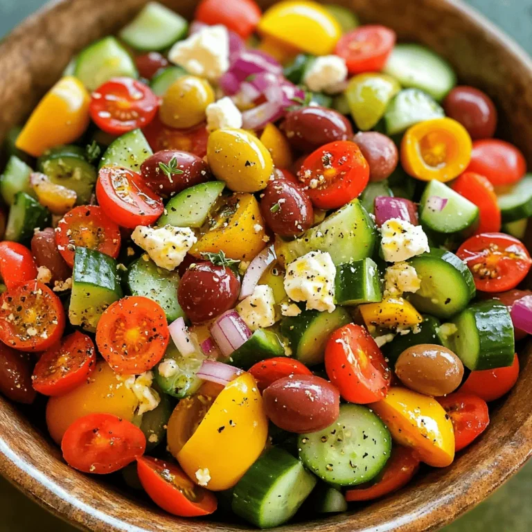 For a tasty Easy Greek Salad, you need fresh ingredients. Here’s what you need: - 2 cups cherry tomatoes, halved - 1 cucumber, diced - 1 red bell pepper, diced - 1 green bell pepper, diced - 1 red onion, finely chopped - ½ cup Kalamata olives, pitted and halved - ½ cup feta cheese, crumbled Using fresh produce is key to great flavor. Fresh veggies give your salad a crunchy texture. They also hold more nutrients. When selecting your ingredients, choose vibrant colors. Look for firm tomatoes and crisp cucumbers. This will make your salad taste better and look great. For the dressing, you'll need: - 2 tablespoons olive oil - 1 tablespoon red wine vinegar (or substitute with lemon juice) - 1 teaspoon dried oregano - Salt and pepper to taste Olive oil adds a rich flavor and healthy fats. Vinegar or lemon juice gives a nice tang. Oregano adds a hint of earthiness. Seasoning with salt and pepper enhances the taste. Mix these together for a bright dressing. To make your Easy Greek Salad, gather these utensils: - Large salad bowl - Small bowl for dressing - Whisk or fork for mixing - Knife and cutting board For serving, choose a nice bowl. A large, shallow bowl works best. This allows you to display your salad beautifully. You want your guests to see all those fresh colors! To start, wash all your veggies well. This keeps your salad fresh. 1. Cherry tomatoes: Cut each tomato in half. This helps release their sweet juice. 2. Cucumber: Dice the cucumber into bite-sized pieces. This gives a nice crunch. 3. Bell peppers: Use both red and green bell peppers. Dice them into small chunks for color and flavor. 4. Red onion: Finely chop the onion. This adds a sharp taste but keep it small so it blends well. For uniform sizing, try to cut all pieces about the same size. This helps each bite taste balanced and look nice. Now it’s time to mix your veggies in a large salad bowl. 1. Order of adding: Start with cherry tomatoes, then add cucumber, bell peppers, and onion. This layers the flavors well. 2. Adding olives and feta: Gently fold in the Kalamata olives and crumbled feta cheese. Be careful not to break the cheese too much. 3. Tossing techniques: Use two large spoons to toss the salad. Lift and turn the ingredients, but do it gently. You want to mix well without squishing anything. Now, let's whip up the dressing to add flavor. 1. Whisking the dressing: In a small bowl, add olive oil, red wine vinegar (or lemon juice), and dried oregano. Use a whisk to combine these until smooth. 2. Adjusting flavor: Taste the dressing. If you want more tang, add more vinegar or lemon juice. For more richness, add more olive oil. Sprinkle in salt and pepper to suit your taste. Once you mix everything, drizzle the dressing over your salad. Toss it gently one more time to coat all the ingredients. Now, let the salad rest for about 10 minutes. This allows the flavors to mix well, making each bite a tasty delight. For the full recipe, check out the details above. Enjoy your Easy Greek Salad! To boost the taste of your Easy Greek Salad, try marinating the salad. After mixing the ingredients, let it sit in the fridge for 30 minutes. The flavors blend well this way. You can add more olive oil or vinegar to enhance the taste. Letting the salad rest is key. It allows the veggies to soak up the dressing, making every bite delicious. Serving your salad in a large, clear bowl makes it eye-catching. Layer the ingredients to show off the colors. For garnish, sprinkle fresh herbs on top. Chopped parsley or basil adds a nice touch. You can also add lemon wedges for a pop of color. This not only looks good but also adds more flavor. You can prepare the ingredients in advance. Chop the veggies the night before and store them in airtight containers. This keeps them fresh and crisp. For the dressing, whisk it up and store it separately. This way, you can mix it in just before serving. It keeps your salad from getting soggy. Store tomatoes and cucumbers in the fridge to keep them crunchy. For the full recipe, check out the Mediterranean Bliss Salad 🥗 section above. {{image_2}} You can make your Greek salad even better with simple additions. If you want protein, consider adding grilled chicken or chickpeas. Chicken gives a nice flavor and texture. Chickpeas are great for a vegetarian option. Both boost the salad’s heartiness. You can also try different cheeses. Instead of feta, use goat cheese for a creamy touch. Mozzarella offers a mild taste that blends well. These swaps let you customize the salad to your liking. While the classic dressing is tasty, don’t be afraid to explore new options. Balsamic vinegar adds sweetness and depth. Apple cider vinegar can bring a fruity zing. Each vinegar changes the salad's flavor profile. Try different oils as well, like avocado oil for a rich taste. You can even mix in herbs like basil or dill for a fresh twist. A simple lemon dressing can brighten the salad too. Just whisk together olive oil and lemon juice for a quick alternative. Adapting your salad with seasonal vegetables makes it special. In summer, add fresh corn or zucchini for crunch. In fall, roasted butternut squash adds warmth and sweetness. Use veggies that are fresh and local for the best taste. You can also tailor your salad for holidays or events. For a festive touch, add pomegranate seeds in winter. In spring, try mixing in fresh peas or radishes. Each season brings new flavors, so get creative! For the full recipe, check out Mediterranean Bliss Salad. To store leftovers, place your Easy Greek Salad in an airtight container. This keeps it fresh and prevents odors from mixing. You can also cover the bowl tightly with plastic wrap. The salad stays good for up to three days in the fridge. Can salads be frozen? I recommend against freezing the whole salad. Freezing can cause vegetables to lose their crispness. However, you can freeze some components. For example, you can freeze the feta cheese and olives separately. To do this, place them in a freezer-safe bag and remove as much air as possible. They can last up to three months. For this salad, serving it chilled works best. If you prefer it at room temperature, take it out of the fridge 30 minutes before serving. To refresh leftovers, add a splash of olive oil or a squeeze of lemon juice. This brightens the flavors and keeps it tasty. For the full recipe of this delightful dish, check out the link to the [Full Recipe]. An authentic Greek salad includes fresh and simple ingredients. The key components are: - Ripe tomatoes - Crunchy cucumbers - Bell peppers (red and green) - Red onion - Kalamata olives - Feta cheese - Olive oil - Oregano These ingredients blend together to create a bright and flavorful dish. The quality and freshness of each item make all the difference in taste. Yes, you can use other olives! Each type brings its own flavor. Here are some popular options: - Green olives: These are firmer and have a brinier taste. - Castelvetrano olives: They are sweet and buttery. - Ligurian olives: These offer a mild and fruity flavor. Feel free to mix and match based on your taste. Just keep in mind that Kalamata olives are traditional for a reason! A standard serving of Greek salad has about 200 calories. Here's a quick breakdown: - Cherry tomatoes: Low in calories and high in vitamins. - Cucumbers: Very low-calorie and hydrating. - Bell peppers: They provide fiber and vitamins with few calories. - Feta cheese: Adds creaminess with about 75 calories per serving. - Olive oil: Contains healthy fats, adding around 120 calories. Keep in mind that the dressing can change the total calories. Adjust ingredients for a lighter option. You can pair your Easy Greek Salad with many dishes! Here are some great ideas: - Grilled chicken or fish for protein. - Pita bread or flatbreads to soak up the flavors. - Hummus as a tasty dip on the side. - Quinoa or couscous for a heartier meal. These pairings will enhance your salad experience and make for a well-rounded meal. For the full recipe, check out the Mediterranean Bliss Salad. Enjoy! Using fresh ingredients is key for a tasty Greek salad. Dressings enhance flavor, while tools ease preparation. Remember to chop veggies evenly and toss gently. Letting the salad rest brings out the best taste. You can make this dish your own with proteins or different cheeses. Seasonal ingredients add a fun twist, too. Properly store leftovers for future meals. By following these tips and creative ideas, you’ll enjoy a delicious Greek salad anytime!