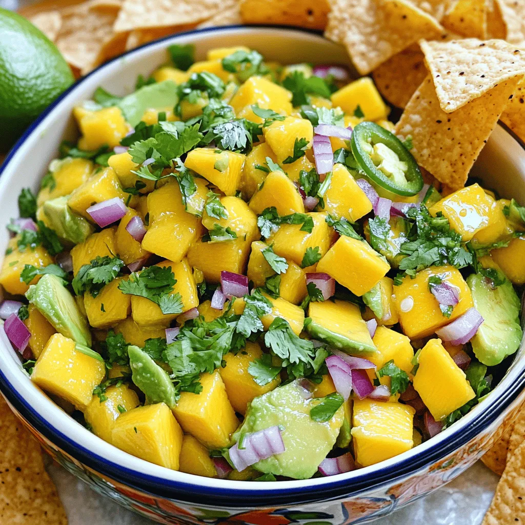 - Ripe mango, diced - Avocados, diced - Small red onion, finely chopped - Jalapeño pepper, deseeded and minced - Fresh cilantro, chopped - Lime juice - Olive oil - Salt and pepper How to choose ripe mangoes: Look for mangoes that are slightly soft to the touch. A ripe mango has a sweet smell near the stem. The skin may have some red or yellow color, but this varies by type. Perfect avocados for salsa: Choose avocados that yield gently when pressed. They should be dark green and free of large indentations. Avoid hard ones; they won't mash well. Selecting the right onion and peppers: Pick a red onion that feels firm and has a bright color. For jalapeños, look for smooth skin without wrinkles. They should feel heavy for their size and have a nice shine. When making mango avocado salsa, using fresh ingredients is key for flavor. You want each bite to burst with taste. Don't forget to check out the Full Recipe for more details and tips! To make mango avocado salsa, start with your main ingredients. You need to dice the mango and avocados. Use a sharp knife for this task. Cut the mango lengthwise around the pit. Then, scoop out the flesh with a spoon. For the avocado, cut it in half, twist to separate, and remove the pit. Scoop out the green flesh, being careful not to bruise it. Next, finely chop the red onion. A small dice works best. Use a sharp knife to slice the onion thinly, then chop it into small pieces. For the jalapeño, slice it in half and remove the seeds. Mince it finely, adjusting the amount based on your spice preference. Now, let's create the lime dressing. In a small bowl, whisk together the lime juice, olive oil, and a pinch of salt and pepper. This will add a bright flavor to the salsa. In a large mixing bowl, combine the diced mango, avocados, red onion, and jalapeño. Pour the lime dressing over the top. Now, gently toss the ingredients together. Be careful not to mash the avocado. You want to keep those lovely chunks intact for texture. Adjusting the seasoning is key to great flavor. Taste your salsa after mixing. If it needs more flavor, add a bit more salt, pepper, or lime juice. Letting the flavors meld is also important. Allow your salsa to sit for about 10 minutes before serving. This wait time helps all the ingredients come together. Try this delicious recipe for a fresh and zesty dish: [Full Recipe]. Serve your mango avocado salsa in a bright bowl. A clear glass bowl shows off the colorful ingredients. You can garnish the top with a sprig of cilantro for flair. For pairing, tortilla chips are a classic match. Their crunch adds a nice contrast to the smooth avocado. You can also serve it with grilled fish or chicken. The fresh flavors brighten up any meal. You can make this salsa ahead of time for a party. Just chop the ingredients and mix them. Keep the salsa in the fridge for the best taste. For ultimate freshness, add lime juice right before serving. This helps keep the avocado from browning. If stored well, it lasts about two days in the fridge. After that, the taste fades. Try the full recipe for this delicious dish! {{image_2}} You can easily switch up the flavors in mango avocado salsa. Adding fruits like pineapple or peaches gives a sweet twist. These fruits add a nice touch to the salsa. Their juicy texture pairs well with mango and avocado. You can also use different herbs or spices. Try basil for a fresh, sweet flavor. Or add mint for a cool sensation. Each herb changes the taste and gives your salsa a unique flair. Making your salsa vegan is simple. All the ingredients are plant-based, so you’re already set! Just avoid any animal products in your serving options. If you need a gluten-free option, you’re good too. The ingredients are naturally gluten-free. Just be sure to check your tortilla chips or serving options for gluten. You can also adjust heat levels with different peppers. If you like spice, use a serrano pepper instead of jalapeño. For less heat, try using a bell pepper. This way, you can customize the salsa to your taste. For the full recipe, check out the section earlier in the article. To keep your mango avocado salsa fresh, use airtight containers. Glass or plastic containers work well. Make sure they seal tightly. This prevents air from getting in and spoiling your salsa. If you have leftover salsa, transfer it to a container right away. Avocados can turn brown quickly. To stop this, squeeze lime juice on the avocado before mixing it. The acid helps slow browning. If you store the salsa, cover it with plastic wrap. Press the wrap directly onto the surface of the salsa. This reduces air exposure and keeps it vibrant. You can freeze mango avocado salsa, but be careful. Freezing can change the texture of avocados. If you want to freeze it, leave out the avocados. Add them later when you thaw the salsa for the best taste. When you’re ready to use it, move the salsa from the freezer to the fridge. Let it thaw overnight. Once thawed, give it a good stir. If it looks watery, drain some liquid off. You can also add fresh avocado and lime juice to refresh the flavors. Enjoy your homemade salsa with chips or on tacos! For the full recipe, check out the Mango Avocado Salsa Delight section. What is the best way to store leftovers? To store leftovers, place the salsa in an airtight container. Cover it to keep air out. This helps maintain flavor and freshness. Refrigerate the salsa right away. How long does homemade mango avocado salsa last? Homemade mango avocado salsa lasts about 2 to 3 days in the fridge. After that, it may lose taste and texture. If you see browning, it’s time to toss it. Can I use frozen mango in this recipe? Yes, you can use frozen mango. Thaw it first, then drain excess water. This helps keep your salsa fresh and flavorful. What to do if the salsa is too watery? If your salsa is too watery, drain some liquid. You can also add more diced avocado or mango to thicken it. This will help absorb extra moisture. Adjustments for missing ingredients If you lack an ingredient, like jalapeño, use another pepper. You can also try a dash of hot sauce. This keeps the flavor bold and exciting. Caloric breakdown per serving Each serving of mango avocado salsa has about 150 calories. Most of these calories come from healthy fats and natural sugars. Health benefits of mango and avocado Mangoes are high in vitamins A and C. They boost your immune system and give energy. Avocados provide healthy fats and fiber. They support heart health and digestion. Enjoying this salsa is a tasty way to get these benefits! For the complete recipe, check out the [Full Recipe]. This guide covered how to make delicious mango avocado salsa. We reviewed ingredients, preparation, mixing, and storage tips. Fresh, ripe ingredients make a big difference. You learned how to keep it tasty and colorful. Don’t forget to experiment with flavors or try new fruits. Enjoy making this easy dish for parties or snacks! With these tips, you’ll impress everyone with your salsa skills. Dive in, get creative, and enjoy every bite.