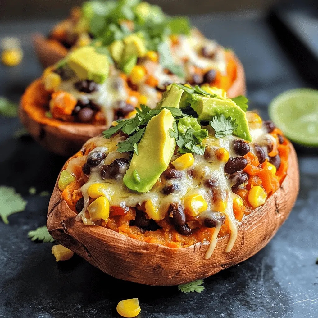 - Sweet potatoes and beans You need 4 medium sweet potatoes and 1 cup of black beans. The sweet potatoes are the star of the dish. They add natural sweetness and a creamy texture. The black beans give you healthy protein and fiber. - Spices and seasonings Use 1 teaspoon of cumin, 1 teaspoon of smoked paprika, and 1/2 teaspoon of garlic powder. These spices bring warmth and depth to your filling. Salt and pepper will enhance the flavors further. - Toppings and garnishes For toppings, gather 1 cup of shredded cheese, 1 diced avocado, and 1/4 cup of fresh cilantro. You can also use lime wedges and Greek yogurt or sour cream for extra creaminess. These toppings add freshness and contrast to the dish. The full recipe will guide you through each step to make the best stuffed sweet potatoes. 1. Preheat the oven and prepare sweet potatoes First, set your oven to 425°F (220°C). While it heats, wash the sweet potatoes well. Use a fork to pierce them several times. This helps steam escape while baking. Place them on a baking sheet lined with parchment paper. 2. Prepare filling ingredients on the stovetop While the sweet potatoes bake, grab a skillet and heat it on medium. Add 1 cup of black beans, 1 cup of corn, and 1 diced red bell pepper. Season this mixture with 1 teaspoon of cumin, 1 teaspoon of smoked paprika, ½ teaspoon of garlic powder, and a pinch of salt and pepper. Cook it for about 5-7 minutes. You want the bell pepper to be tender and everything heated through. 1. Scoop and mix the sweet potato flesh When the sweet potatoes are soft, take them out of the oven. Let them cool for a minute. Cut each sweet potato in half lengthwise. Gently scoop out some flesh from the center, leaving a bit around the edges. 2. Fill the sweet potato skins In a bowl, mix the scooped sweet potato flesh with the black bean mixture and half of the shredded cheese. Stir until well combined. Spoon this filling back into the sweet potato skins. Top them with the rest of the cheese. 1. Bake until cheese is melted Put the stuffed sweet potatoes back in the oven. Bake them for an extra 10 minutes. You want the cheese to melt and bubble. 2. Serve and garnish Take them out of the oven. Top with diced avocado, fresh cilantro, and a squeeze of lime juice. Serve hot with lime wedges and a dollop of Greek yogurt or sour cream if you like. For the full recipe, check the details above. Enjoy your delicious stuffed sweet potatoes! How to ensure sweet potatoes are perfectly baked? To bake sweet potatoes well, start with medium-sized ones. They should be firm and have smooth skin. Wash them and pierce each potato with a fork. This helps steam escape. Bake at 425°F (220°C) for 40 to 45 minutes. They are done when soft and easily pierced with a fork. Best practices for preparing the filling: For the filling, cook the corn, black beans, and bell pepper in a skillet. Heat the pan over medium heat. Add a little oil if needed. Stir in spices like cumin and smoked paprika. This adds great flavor. Cook until the bell pepper is tender. Mix the filling well and combine it with the sweet potato flesh before stuffing. Serving suggestions for stuffed sweet potatoes: Serve the stuffed sweet potatoes on a nice plate. You can put them in the center. Add lime wedges on the side. This gives a fresh look and taste. How to garnish for visual appeal: To make your dish pop, top it with diced avocado and fresh cilantro. These bright colors attract the eye. A squeeze of lime juice adds a nice shine. You may also add Greek yogurt or sour cream for creaminess. It all looks and tastes fantastic! {{image_2}} You can easily make stuffed sweet potatoes fit many diets. For a vegetarian option, simply leave out meat. You can load them up with extra beans, cheese, and veggies. This recipe is already vegetarian-friendly with black beans and corn. For vegan stuffed sweet potatoes, swap cheese for a plant-based alternative. Use cashew cream or avocado to add creaminess. If you need a gluten-free version, you’re in luck! Sweet potatoes are naturally gluten-free. Just make sure any toppings or sauces you use are gluten-free too. This way, everyone can enjoy this tasty dish! Stuffed sweet potatoes are great for mixing flavors. You can add cooked chicken or turkey for a protein boost. Shredded rotisserie chicken works well. Just stir it into the filling mix. You can also play with spices and herbs. Try adding fresh herbs like cilantro or parsley. A pinch of chili powder or cumin can add warmth. Experiment with different flavor combinations to find your favorite! For the full recipe, check out the link above. To store leftover stuffed sweet potatoes, let them cool first. Place them in an airtight container. You can keep them in the fridge for up to four days. Make sure to seal them well to keep out moisture. This helps keep flavors fresh and prevents sogginess. You can also freeze stuffed sweet potatoes. To do this, wrap each one tightly in plastic wrap. Then, place them in a freezer-safe bag. They will stay good for up to three months. When you are ready to eat them, take them out of the freezer. For thawing, move the sweet potatoes from the freezer to the fridge for a few hours or overnight. If you’re in a hurry, you can use the microwave. Heat them on a low setting until they are soft. To reheat, place them in an oven preheated to 350°F (175°C) for about 20 minutes. This helps keep the skin crispy while warming the filling. Enjoy your stuffed sweet potatoes again with full flavor! How long do you bake sweet potatoes? You should bake sweet potatoes for 40-45 minutes at 425°F (220°C). They should feel soft when pierced with a fork. This time ensures they cook evenly and develop a sweet flavor. Can I make stuffed sweet potatoes in advance? Yes, you can prepare stuffed sweet potatoes ahead of time. Bake the sweet potatoes and fill them, then store in the fridge. Reheat them in the oven before serving. This saves time on busy days. What are the best toppings for stuffed sweet potatoes? Some great toppings include diced avocado, fresh cilantro, and lime juice. You can also add Greek yogurt or sour cream for creaminess. These toppings enhance the flavor and add a fresh touch. Nutritional benefits of sweet potatoes Sweet potatoes are rich in vitamins A and C. They provide fiber, which aids digestion. They also contain antioxidants that help keep your body healthy. Eating sweet potatoes can support your overall well-being. Caloric breakdown per serving Each serving of stuffed sweet potatoes has around 350-400 calories. This includes the sweet potato, beans, corn, and cheese. They provide a filling meal without excessive calories, making them a great choice for a balanced diet. This post explored how to make delicious stuffed sweet potatoes. We covered the main ingredients, prep steps, and cooking tips. You learned about variations for diets and flavors. I shared storage tips to keep leftovers fresh. Stuffed sweet potatoes are nutritious and fun to customize. They make a great meal for anyone. Try these tips to create your own healthy version. Enjoy making this dish and sharing it with others!