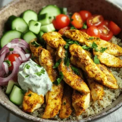 - Chicken and Marinade Components - 2 boneless, skinless chicken breasts - 3 tablespoons olive oil - 3 teaspoons ground cumin - 3 teaspoons ground paprika - 2 teaspoons ground turmeric - 1 teaspoon ground cinnamon - 1 teaspoon cayenne pepper (adjust to taste) - 4 cloves garlic, minced - Juice of 1 lemon - Salt and pepper to taste For the chicken, you want to start with good quality breasts. The olive oil helps keep the chicken moist. The spices add a lot of flavor. Cumin and paprika give warmth, while turmeric and cinnamon bring depth. Cayenne adds a kick, but you can adjust it based on your taste. Garlic and lemon juice are key for brightness. - Vegetables and Grains - 1 cup cooked quinoa or couscous - 1 cup cherry tomatoes, halved - 1 cup cucumber, diced - ½ red onion, thinly sliced Quinoa or couscous makes a great base. They both soak up flavors well. The cherry tomatoes add sweetness, while cucumbers give crunch. Red onion adds a sharp taste. Feel free to mix and match with your favorite veggies. - Tzatziki Sauce and Garnish - ½ cup tzatziki sauce (store-bought or homemade) - Fresh parsley, chopped, for garnish Tzatziki sauce cools the dish and adds creaminess. You can buy it or make your own. Fresh parsley brightens up the bowl, adding a nice touch. This combination of ingredients makes your Chicken Shawarma Bowl fresh and flavorful. For the full recipe, check the details above. To start, you need to make a tasty marinade. In a bowl, mix together: - 3 tablespoons olive oil - 3 teaspoons ground cumin - 3 teaspoons ground paprika - 2 teaspoons ground turmeric - 1 teaspoon ground cinnamon - 1 teaspoon cayenne pepper (adjust to taste) - 4 cloves garlic, minced - Juice of 1 lemon - Salt and pepper to taste This mix gives the chicken a great flavor. Make sure to coat the chicken well. Place the chicken breasts in the marinade and cover them. Let them sit in the fridge for at least one hour. If you have time, marinate overnight. This helps the flavors soak in. Preheat your oven to 400°F (200°C) or heat your grill pan over medium-high heat. Take the marinated chicken out of the fridge. Place it on a baking sheet lined with parchment paper or directly on the grill. Cook the chicken for 20-25 minutes. It should reach an internal temperature of 165°F (74°C). Once done, take the chicken out and let it rest for 5 minutes. This makes it juicier. After resting, slice it into strips. Now it’s time to put your Chicken Shawarma Bowls together! Start with a base of cooked quinoa or couscous in each bowl. Then, add the sliced chicken. Top it off with: - 1 cup cherry tomatoes, halved - 1 cup cucumber, diced - ½ red onion, thinly sliced Drizzle tzatziki sauce over everything. You can use store-bought or homemade. Finally, sprinkle fresh parsley on top for a pop of color. Your Chicken Shawarma Bowls are ready to enjoy! For the full recipe, check the sections above. Marinating is key for great taste. It helps the chicken soak up all the spices. I recommend marinating the chicken for at least an hour. For even better flavor, let it sit overnight. Use a mix of olive oil, spices, garlic, and lemon juice. This combo gives the chicken a rich and zesty flavor. You can cook the chicken in two ways: oven or grill. The oven method is simple. Preheat your oven to 400°F (200°C). Place the marinated chicken on a baking sheet. Roast for 20 to 25 minutes until cooked through. The grill gives a nice smoky taste. Heat a grill pan over medium-high heat and grill the chicken for the same time. Both methods yield juicy chicken! The way you serve the chicken matters. Start with a base of quinoa or couscous in a bowl. Layer on the sliced chicken and veggies like cherry tomatoes and cucumbers. Add red onion for crunch. Drizzle with tzatziki sauce for creaminess. Finish with a sprinkle of fresh parsley for color. This not only tastes good but looks great too. For the full recipe, check out the instructions above. {{image_2}} You can easily switch the chicken for beef or tofu. Use thin slices of beef for a rich flavor. Marinate it just like the chicken for the best taste. If you choose tofu, press it first to remove extra water. Then, cut it into cubes and marinate. Both options give a delicious twist to your bowl. For a gluten-free meal, use quinoa instead of couscous. Quinoa is high in protein and easy to cook. It adds a nice nutty flavor that pairs well with the spices in the chicken. Just rinse it before cooking to remove the bitter coating. This way, you can enjoy your Chicken Shawarma Bowls guilt-free. You can adjust the spice level to suit your taste. If you like it spicy, add more cayenne pepper to the marinade. For a mild option, skip the cayenne and use sweet paprika instead. You can also add fresh herbs, like cilantro or mint, for a unique flavor. Experiment with these changes to make the dish your own. For the complete recipe, check out the Full Recipe section. After enjoying your Chicken Shawarma Bowls, store any leftovers in an airtight container. This helps keep the dish fresh. Place it in the fridge for up to three days. Make sure to separate the chicken from the grains and veggies, if possible. This keeps everything from getting soggy. You can freeze your Chicken Shawarma Bowls for a quick meal later. Use freezer-safe containers or bags. Just be sure to cool the dish completely first. You can freeze the chicken and grains together. However, it's best to keep the fresh veggies and sauce separate. They taste better when added fresh. To reheat your Chicken Shawarma Bowls, use the microwave or oven. For the microwave, place the bowl in for about two minutes on high. Stir halfway through for even heating. If using the oven, set it to 350°F (175°C). Cover the bowl with foil to keep moisture in. Heat for about 10-15 minutes. Check that the chicken is hot all the way through before serving. Enjoy your meal again! You can find the full recipe for these tasty bowls to recreate this delicious dish. A Chicken Shawarma Bowl is a tasty meal made with marinated chicken. The chicken is spiced with cumin, paprika, and other warm spices. You serve it over grains like quinoa or couscous. Fresh veggies like tomatoes and cucumbers add crunch. A drizzle of tzatziki sauce brings creaminess. You get a mix of flavors and colors in one bowl. It's a fun way to enjoy Middle Eastern flavors. You can prepare parts of the Chicken Shawarma Bowl ahead of time. Start by marinating the chicken. You can do this the night before. Just store it in the fridge until you are ready to cook. Cooked quinoa or couscous can also be made ahead. Store it in an airtight container. Chop the veggies and store them separately. This way, you can assemble your bowls quickly when it's time to eat. You can serve many sides with Chicken Shawarma Bowls. Here are some ideas: - Pita bread for a crunchy side - Hummus for dipping - A simple green salad for freshness - Roasted vegetables for extra flavor - Pickles for a tangy bite These sides add variety and make your meal more fun. Enjoy mixing and matching! In this blog post, we explored the key ingredients for Chicken Shawarma Bowls. We discussed how to prepare the marinade, cook the chicken, and assemble the bowls. I shared tips for marinating and cooking, plus ideas for presentation. Remember, you can swap proteins or change flavors to fit your taste. This dish is flexible and fun to make. With proper storage, leftovers can be enjoyed later. By following these steps, you can create delicious meals that impress. Enjoy your cooking adventure!