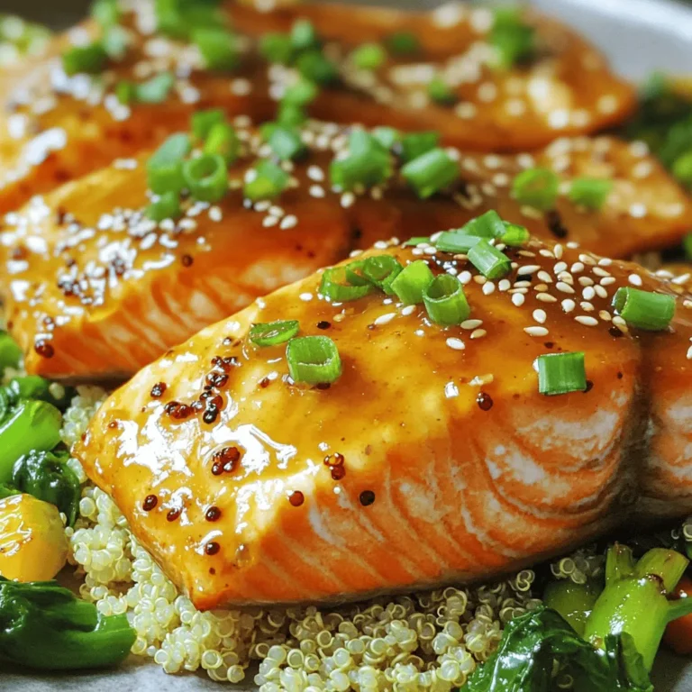 - 4 salmon fillets (about 6 oz each) - 1/4 cup honey - 3 cloves garlic, minced - 2 tablespoons soy sauce (low sodium) - 1 tablespoon Dijon mustard - 1 tablespoon olive oil - 1 teaspoon fresh ginger, grated - Salt and pepper to taste - Chopped green onions and sesame seeds for garnish Salmon is a great source of protein and healthy fats. It helps your heart and brain. Salmon is rich in omega-3 fatty acids. These fats can lower the risk of heart disease. They also improve brain health. Eating salmon can reduce inflammation in the body. Honey adds natural sweetness and antioxidants. It helps to soothe a sore throat. Garlic is packed with vitamins and minerals. It can boost your immune system. Garlic also has heart health benefits. It may lower blood pressure and cholesterol levels. - Non-stick skillet - Whisk - Measuring cups and spoons - Spatula With these basic tools and tasty ingredients, you are ready to create a delicious Honey Garlic Glazed Salmon dish. For the complete cooking steps, refer to the Full Recipe. To make the honey garlic glaze, start by mixing these ingredients in a small bowl: - 1/4 cup honey - 3 cloves garlic, minced - 2 tablespoons soy sauce (low sodium) - 1 tablespoon Dijon mustard - 1 tablespoon olive oil - 1 teaspoon fresh ginger, grated Whisk them together until smooth. This glaze adds great flavor to your salmon. For the perfect consistency, ensure the honey is warm. This helps it blend better with other ingredients. If it is too thick, you can add a teaspoon of water. Before cooking, season the salmon fillets with salt and pepper on both sides. This step enhances the fish's natural taste. Heat a non-stick skillet over medium-high heat. Make sure it's hot before adding the salmon. Place the fillets skin-side down and cook for about 4-5 minutes. The skin helps keep the fish moist. Afterward, flip the fillets carefully using a spatula. Pour the honey garlic glaze over the salmon. Cook for another 3-4 minutes. Baste the salmon with the glaze while it cooks. This step creates a nice caramelized finish. When serving, garnish the salmon with chopped green onions and sesame seeds. This adds color and crunch. For sides, I recommend serving the salmon on a bed of steamed rice or quinoa. You can pair it with sautéed green vegetables, like broccoli or asparagus. Drizzle extra glaze over the top for a beautiful finish. Try this full recipe to impress your family and friends with a tasty meal! To achieve even cooking, use fillets of similar size. This helps them cook at the same rate. Start by heating your non-stick skillet on medium-high. Place the salmon skin-side down first. This will help crisp the skin. Cook for about 4-5 minutes without moving it. Flip carefully with a spatula. Pour the honey garlic glaze over the salmon and cook for an additional 3-4 minutes. The recommended internal temperature for perfectly cooked salmon is 145°F. Use a meat thermometer to check this. One common mistake is overcooking the salmon. This can make it dry and tough. Always check for doneness with a fork. It should flake easily but remain moist. Under-cooking is also a mistake. Salmon should not be raw in the middle. Another tip is to let the salmon rest after cooking. This allows the juices to redistribute, keeping the fish tender. To store leftovers properly, place them in an airtight container. They can last up to three days in the fridge. For longer storage, you can freeze the salmon. Wrap it tightly in plastic wrap, then place it in a freezer bag. When reheating, use the oven or a skillet. This helps keep the salmon's texture. Avoid using the microwave, as it can make it soggy. {{image_2}} You can switch things up by using maple syrup instead of honey. Maple syrup gives a sweet touch and a unique flavor. It works well with salmon. You might also like to add some spice with crushed red pepper flakes. This adds a little heat to the glaze. A small amount goes a long way, so start with just a pinch. You can choose to bake or grill the salmon. Baking is easier and gives a nice, even cook. Grilling adds a smoky flavor and nice grill marks. If you grill, adjust the cooking time based on how thick the salmon is. Thicker fillets may need a bit more time to cook through. Want to brighten up your dish? Add some citrus notes. A squeeze of lemon or lime before serving can enhance the flavor. You can also incorporate herbs like cilantro or parsley. Fresh herbs add a vibrant touch and help balance the sweetness of the glaze. For the best results, choose herbs that you enjoy. For the full recipe, check out the details above to make your Honey Garlic Glazed Salmon shine at dinner! To keep your honey garlic glazed salmon fresh, place it in an airtight container. Make sure to let it cool first. Store it in the fridge for up to three days. If you want to keep it longer, freezing is a great option. To freeze your salmon, wrap each fillet tightly in plastic wrap. Then, place them in a freezer-safe bag. Remove as much air as you can before sealing. This helps prevent freezer burn. You can freeze the salmon for up to three months. When ready to cook, move the salmon to the fridge for a day to thaw. For reheating, use the oven for best results. Preheat it to 350°F (175°C). Place the salmon on a baking sheet and cover it with foil. Heat for about 15 minutes. This keeps the salmon moist and tasty. Avoid using the microwave as it can make the fish soggy. If you do use it, heat in short bursts at low power. Enjoy your meal just like it was freshly cooked! For the best results, cook salmon based on its thickness and method. Here are some guidelines: - Pan-searing: Cook for 4-5 minutes per side on medium-high heat. - Baking: Bake at 400°F for 12-15 minutes. - Grilling: Grill for about 6-8 minutes, flipping halfway through. Always check for doneness. The salmon should flake easily with a fork. You can pair Honey Garlic Glazed Salmon with many tasty sides. Here are a few ideas: - Steamed rice or quinoa for a filling base. - Sautéed green beans or broccoli for a fresh crunch. - A crisp salad with mixed greens and vinaigrette adds brightness. These sides will complement the sweet and savory flavors of the salmon well. Yes, you can prepare the glaze ahead. Here’s how: - Mix the honey, garlic, soy sauce, Dijon mustard, olive oil, and ginger. - Store it in an airtight container in the fridge for up to three days. This saves time on busy nights. Just give it a stir before using. For the full recipe, check out the section above. This blog post covered how to create a tasty honey garlic glazed salmon. We explored ingredients, health benefits, and important kitchen tools. I shared step-by-step instructions and tips to perfect your dish. Remember, achieving the right cooking temperature is vital for tender salmon. You can also experiment with variations like maple syrup for sweetness. Lastly, proper storage and reheating will keep your leftovers fresh. Enjoy making this simple yet delicious meal that delights the taste buds!