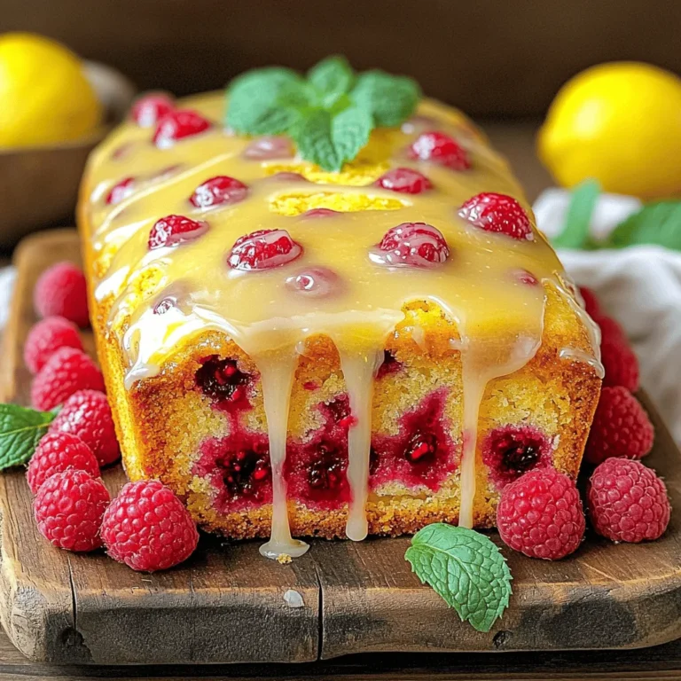 - 1 ½ cups all-purpose flour - 1 teaspoon baking powder - ½ teaspoon baking soda - ¼ teaspoon salt - ½ cup unsalted butter, softened - 1 cup granulated sugar - 2 large eggs - Zest of 1 lemon - 2 tablespoons fresh lemon juice - 1 teaspoon vanilla extract - ½ cup buttermilk (or milk with 1/2 tablespoon vinegar mixed in) - 1 cup fresh raspberries (or frozen, if preferred) - Glaze: 1 cup powdered sugar, 2 tablespoons fresh lemon juice For this Lemon Raspberry Loaf, I focus on simple and fresh flavors. The dry ingredients form the base. I use flour, baking powder, baking soda, and salt to give the loaf structure. The wet ingredients bring everything together. Softened butter and sugar create a light, fluffy texture. The eggs add richness. Lemon zest and juice boost the flavor profile. Buttermilk keeps the loaf moist and tender. I love adding fresh raspberries for bursts of flavor. They create a lovely contrast with the lemon. If you prefer frozen raspberries, they work too. Finally, the glaze is a sweet finish. It’s a mix of powdered sugar and lemon juice. This drizzle enhances the loaf's flavor and adds a shiny touch. For the full recipe, check out the details above. - Preheat oven to 350°F (175°C). - Grease and flour a 9x5 inch loaf pan. This helps the loaf come out easily. - In a medium bowl, whisk the flour, baking powder, baking soda, and salt. - In a large bowl, cream the softened butter and sugar until light and fluffy. - Add the eggs one by one, mixing well after each. Then, add the lemon zest, lemon juice, and vanilla extract. - Gradually mix in the dry ingredients and buttermilk. Start and end with the flour mixture. - Gently fold in the raspberries. Be careful not to break them too much. - Pour the batter into the prepared loaf pan. Smooth the top with a spatula. - Bake for 50-60 minutes. Check with a toothpick; it should come out clean. - Cool the loaf in the pan for 10 minutes. Then, transfer it to a wire rack. For the complete recipe, check the full recipe section. To make the best Lemon Raspberry Loaf, avoid overmixing. When you mix too much, it can make the loaf dense instead of light and fluffy. Keep your mixing just enough to combine ingredients. Using fresh raspberries is key for great flavor. They burst with juice when baked, adding a delightful taste. For a smooth glaze, mix powdered sugar with lemon juice until there are no lumps. The glaze should flow easily but not be too runny. The best time to glaze your loaf is while it's still slightly warm. This allows the glaze to soak into the loaf a bit, adding extra flavor. Serve your sliced Lemon Raspberry Loaf on a lovely platter. You can add whole raspberries and mint leaves for decoration. This makes the loaf look inviting and fresh. It pairs well with tea or coffee, making it a perfect treat for any occasion. Enjoy your baking adventure with this delightful recipe! For the full recipe, check out the details above. {{image_2}} You can mix things up with different fruits. Try adding blueberries or cranberries for a twist. Both fruits work well with lemon. They add sweetness and color. For a fun herb twist, think about thyme or mint. A touch of thyme can bring a savory note. Mint adds a refreshing zing. Just a little goes a long way. If you need gluten-free options, use almond flour or a gluten-free blend. Many blends work well in baking. For vegan needs, swap eggs for flaxseed or applesauce. Use coconut oil or vegan butter instead of regular butter. These swaps keep your loaf tasty and light. Seasonal fruits can make your loaf special. In summer, use peaches or cherries. In fall, add spices like cinnamon or nutmeg. They give a warm flavor that feels cozy. For the holidays, think about adding cranberries and orange zest. These mix well with the lemon. You can make your loaf a festive treat! Feel free to explore these variations! Check the Full Recipe for all the details. To keep your Lemon Raspberry Loaf fresh, you have two great options. You can store it at room temperature. Just wrap it tightly in plastic wrap or place it in an airtight container. This way, it stays soft for about two days. If you want it to last longer, the fridge is a good choice. Wrap it as before and it will stay fresh for up to a week. For longer storage, consider freezing slices. Just cut the loaf into individual pieces. Wrap each slice in plastic wrap and then place them in a freezer bag. This helps keep the flavors intact. You can freeze the slices for up to three months. When you're ready to enjoy a slice, reheating is simple. The best method is to use the oven. Preheat it to 350°F (175°C). Place the loaf or slices on a baking sheet. Heat for about 10-15 minutes. This keeps the loaf moist and brings back that fresh-baked taste. You can also use the microwave. Just heat for 10-15 seconds at a time to avoid drying it out. Your Lemon Raspberry Loaf stays fresh for a good while. At room temperature, it will last about two days. In the fridge, it holds up for a week. When frozen, it’s good for three months. Watch for signs of spoilage. If the loaf feels dry or hard, it’s best to toss it. Also, look for any strange smells or mold. These are clear signs that the loaf is no longer good to eat. Enjoy your baking with the Full Recipe! You can make homemade buttermilk easily. Just mix ½ cup of milk with ½ tablespoon of vinegar or lemon juice. Let it sit for five minutes. This mix thickens and adds a nice tang, just like buttermilk. Yes, you can use frozen raspberries. They may make the loaf a bit wetter. To help with this, thaw them first and drain excess juice. Gently fold them into the batter to avoid breaking them too much. Look for a few signs beyond the toothpick test. The top should be golden brown. You can also gently press the top; it should spring back. If it feels firm, it’s likely done. You can prepare the batter a day in advance. Just cover it and store it in the fridge. Bake it the next day. For storage, wrap the cooled loaf tightly in plastic wrap. It stays fresh for about three days at room temp. This loaf pairs well with tea or coffee. For a nice touch, serve with clotted cream or whipped butter. You can also add some fresh fruit or a scoop of vanilla ice cream for dessert. This blog post covered a delicious lemon raspberry loaf recipe. We explored ingredients, steps, and tips to make it perfect. You learned how to mix, bake, and glaze the loaf for a tasty treat. Remember to try variations for new flavors! Store and reheat properly to enjoy every bite. This loaf is great for any occasion and pairs well with drinks. Enjoy your baking journey!