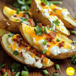 To make Loaded Ranch Potato Wedges, gather the following fresh items: - 4 large russet potatoes, washed and cut into wedges - 3 tablespoons olive oil - 1 teaspoon garlic powder - 1 teaspoon paprika - Salt and pepper to taste - 1 cup shredded cheddar cheese - 1 cup cooked bacon bits (or a plant-based alternative) - ½ cup sour cream (or Greek yogurt) - ¼ cup ranch dressing - 2 green onions, chopped - Fresh parsley for garnish Using high-quality ingredients makes a big difference. Choose firm, fresh potatoes for the best texture. Olive oil adds rich flavor and helps create a crispy crust. Garlic powder and paprika give these wedges a savory kick. You can adjust salt and pepper to match your taste. I love using shredded cheddar cheese for its meltiness. Bacon bits add a smoky crunch, but you can swap them for plant-based options if you prefer. Sour cream combined with ranch dressing provides a creamy topping. Green onions and parsley not only add color but also fresh flavor. This recipe is simple yet so satisfying. You can find the full recipe above to guide you step-by-step! - Preheat the oven to 425°F (220°C). - Toss the potato wedges with olive oil, garlic powder, paprika, salt, and pepper. Start with fresh russet potatoes. Cut them into thick wedges. The thicker the wedge, the better the crunch. Use a large bowl to mix the olive oil and spices. This helps each wedge get an even coat. Olive oil not only adds flavor but also helps achieve that golden crisp. Garlic powder and paprika give the wedges a tasty kick. - Arrange in a single layer on a baking sheet lined with parchment paper. - Bake in the preheated oven for 30-35 minutes, turning halfway through. Lay the wedges on the baking sheet. Make sure they’re not touching each other. This space allows hot air to circulate. You want them crispy, not soggy. Bake until the edges turn golden brown. Turning them halfway ensures even cooking. - Remove from the oven, sprinkle with cheddar cheese and bacon bits. - Return to oven for 5 minutes until cheese is melted and bubbly. Once the wedges are baked, take them out. The smell will be amazing! Sprinkle the cheddar cheese and bacon bits on top. The cheese melts and binds everything together. Baking them for another five minutes allows the cheese to get gooey. Enjoy this step; it’s where the magic happens! For the full experience, check the Full Recipe to see how to finish them off with ranch dressing and green onions. To get the best crispy potato wedges, you need to focus on two main points. First, ensure your potatoes are dry before cooking. Wet potatoes will steam, not crisp. I like to pat them down with a clean towel after washing. Second, avoid overcrowding your baking sheet. If the wedges touch, they will not cook evenly. Give each wedge space to breathe. This step makes a big difference in texture. For those who love a kick, try adding chili powder to your spice mix. It gives a nice heat that pairs well with the ranch. You can also play with different cheeses. Cheddar is classic, but gouda or pepper jack add interesting flavors. Try them out and see what you like best. Each twist can make your Loaded Ranch Potato Wedges feel unique and exciting. For the full recipe, check out the [Full Recipe]. {{image_2}} You can make these Loaded Ranch Potato Wedges vegetarian. Just swap out the bacon for plant-based options or leave it out completely. You won’t miss the meat with all the flavors packed in. Want to mix it up? Try using blue cheese dressing instead of ranch. It adds a rich, tangy kick that pairs well with the crispy potatoes. This change gives a whole new taste to your dish. Feel free to get creative with toppings. Add jalapeños for some heat, olives for a briny bite, or diced tomatoes for fresh flavor. Each topping brings its own twist, making every bite exciting. The Full Recipe provides all the details you need to get started! To keep your loaded ranch potato wedges fresh, let them cool down first. After cooling, place them in an airtight container. This helps avoid sogginess and keeps the flavors intact. You can store them in the fridge for three to five days. For the best taste, reheat your wedges in the oven. Set your oven to 350°F (175°C) and place the wedges on a baking sheet. Heat them for about 10 to 15 minutes. This method keeps them crispy, just like when they were first baked. You can also use an air fryer for a quick option. If you want to save some for later, freeze the wedges after baking. Allow them to cool completely, then spread them out on a baking sheet to freeze for a couple of hours. Once frozen, transfer the wedges to a freezer bag. They can last for up to three months. When you’re ready to eat them, bake them directly from the freezer at 425°F (220°C) until they are hot and crispy. This method makes for easy meals in the future. For the full recipe, check out Loaded Ranch Potato Wedges. Yes, you can use Yukon Gold or sweet potatoes. Each type gives a unique taste. Yukon Golds are buttery, while sweet potatoes add a hint of sweetness. Both options work great for Loaded Ranch Potato Wedges. They will last for 3-5 days in the refrigerator. To keep them fresh, store them in an airtight container. Just remember, they taste best when warm and crispy! Yes, you can prep the wedges and store them in the refrigerator before baking. Just toss them with oil and spices, then cover. When you are ready, pop them in the oven for a tasty snack. They pair well with burgers, grilled meats, or as a snack/appetizer. These wedges also shine as a side dish for a fun dinner. For a twist, serve them with a zesty dipping sauce or a fresh salad. Loaded Ranch Potato Wedges are simple to make and packed with flavor. You learned how to prepare crispy potato wedges and add tasty toppings like cheese and bacon. Remember to experiment with seasonings and toppings to make these wedges your own. Store any leftovers properly or freeze them for later. Enjoy this fun dish at your next meal or gathering. Dive into cooking, and savor every bite!