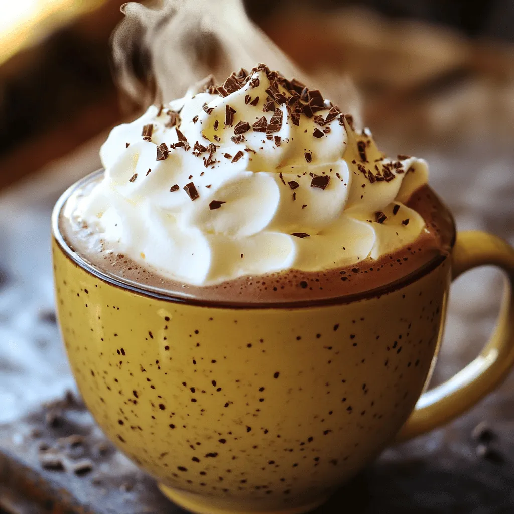 To make the best whipped hot chocolate, you need: - 2 cups whole milk (or almond milk for a dairy-free option) - 2 tablespoons unsweetened cocoa powder - 1/4 cup sugar (adjust to taste) - 1 teaspoon vanilla extract - 1/4 cup heavy cream - 2 tablespoons powdered sugar - Whipped cream for topping - Chocolate shavings or sprinkles for garnish These ingredients create a rich, creamy drink that warms you up from the inside out. Whole milk gives a satisfying creaminess. Almond milk is a great choice if you want a dairy-free treat. Unsweetened cocoa powder adds deep chocolate flavor. The sugar balances the cocoa’s bitterness. Vanilla extract adds a lovely aroma and depth. Heavy cream and powdered sugar make the topping extra special. The whipped cream adds a fluffy texture. You can easily swap some ingredients to fit your needs. Here are some ideas: - Use oat milk or soy milk for a dairy-free option. - Replace sugar with maple syrup or honey for natural sweetness. These swaps keep the drink tasty while catering to different diets. To make the best whipped hot chocolate, choose high-quality ingredients. - Select whole milk or rich almond milk for a creamier drink. - Use pure cocoa powder for the best chocolate flavor. - Fresh heavy cream whips better and tastes richer. Using quality ingredients really makes a difference in flavor and texture. Enjoy every sip of this blissfully creamy delight! 1. Heating the milk: Start by pouring 2 cups of whole milk into a medium saucepan. Use medium heat and warm the milk until it steams. Be careful not to let it boil. 2. Mixing cocoa and sugar: Take 2 tablespoons of unsweetened cocoa powder and 1/4 cup of sugar. Whisk them into the warm milk. It should dissolve completely, creating a smooth mixture. 3. Achieving smoothness: Add 1 teaspoon of vanilla extract to the mixture. Stir well for a perfect blend. Remove the pan from heat once it’s smooth and ready. 1. Tips for beating heavy cream: In a clean bowl, pour in 1/4 cup of heavy cream. Add 2 tablespoons of powdered sugar. Use an electric mixer to beat the cream. 2. Achieving soft peaks: Beat the mixture for about 3-4 minutes. Stop when you see soft peaks forming. The cream should be fluffy but not too stiff. 1. Pouring hot chocolate into mugs: Grab your favorite mugs and fill them with the hot chocolate mixture. Aim to fill them about 3/4 full. 2. Adding whipped cream and garnishing: Top each mug with a generous dollop of whipped cream. For a fun touch, sprinkle chocolate shavings or sprinkles on top. Enjoy your whipped hot chocolate bliss! For the full recipe, you can refer to the earlier section. To make the best whipped hot chocolate, you need to focus on two key things: temperature and texture. - Ensuring the right temperature: Heat your milk gently. You want it warm enough to steam but not boiling. Boiling can change the flavor and texture of your drink. Use medium heat and keep an eye on it. - Whipping cream tips: Use cold heavy cream for the best results. Place your bowl and beaters in the fridge for a few minutes before whisking. This helps create nice, soft peaks. Whip until it is fluffy but not too stiff. How you serve your whipped hot chocolate can make it even more fun! - Creative serving suggestions: Pour your hot chocolate into clear mugs. This lets everyone see the beautiful layers of chocolate and cream. - Mug and topping choices: Use fun mugs that match the season. Top with whipped cream and sprinkle chocolate shavings or colorful sprinkles on top. This makes it look extra special. Even the best can make mistakes when making whipped hot chocolate. Here are a few to watch out for: - Overheating milk: If you let the milk boil, it can ruin the drink. You want it warm, not hot. - Overwhipping cream: If you whip the cream too much, it can become grainy. Stop once you reach soft peaks. This makes it light and fluffy. Making whipped hot chocolate is all about the details. Focus on the temperature and texture for a blissful treat. Whether it’s for a cozy night in or a special occasion, these tips will help you shine in the kitchen. For the complete recipe, check out the Full Recipe section. {{image_2}} You can take your whipped hot chocolate to the next level with fun flavors. Peppermint adds a refreshing kick. Just mix in a few drops of peppermint extract. Caramel brings a sweet and creamy twist. Drizzle some caramel sauce into your hot chocolate for a treat. You can also experiment with spices. A pinch of cinnamon gives warmth. Nutmeg adds a cozy, festive note. Mix these spices right into the hot chocolate for a delightful blend. Toppings can change the game for whipped hot chocolate. You can try flavored whipped creams for added flair. Use vanilla, chocolate, or even pumpkin spice whipped cream. If you want a lighter option, consider whipped coconut cream. It’s dairy-free and tasty! You can also get creative with garnishes. Try crushed candy canes for a holiday feel or sprinkle cocoa powder for a simple touch. Each option adds a new layer of flavor and fun. Whipped hot chocolate can fit any season. For the holidays, think about adding festive touches. A sprinkle of crushed peppermint or a dash of nutmeg can make it special. You can also make a cold version for summer. Blend the hot chocolate with ice for a refreshing treat. Top it with whipped cream and chocolate shavings for a delightful drink. This way, you can enjoy whipped hot chocolate no matter the weather! To keep leftover hot chocolate, pour it into a clean jar. Seal it tightly to keep it fresh. Place it in your fridge. Consume it within three days for the best taste. When reheating, use a saucepan over low heat. Stir it often to prevent burning. You can also microwave it in a safe mug. Heat for 30 seconds, then stir. Repeat until warm. Be careful not to overheat, or the texture will change. If you have leftover whipped cream, use it in other recipes. It’s great on pancakes or waffles. You can also add it to coffee or desserts. This way, nothing goes to waste, and you enjoy more treats. For the full recipe, check the section above! I often use whole milk for a rich flavor. It gives a creamy texture that feels great. If you want a lighter option, almond milk works well too. It adds a nice nutty taste. Other plant-based milks, like oat or soy, can also work. When you pick milk, think about the flavor and creaminess you enjoy most. Yes, you can make it ahead of time. Store the hot chocolate in the fridge. Just keep it in a sealed container. When you want to enjoy it, reheat it gently. Use a microwave or stovetop. Stir it well to mix any settled chocolate. The whipped cream can be made in advance too. Just keep it chilled until you are ready to serve. If you don't have powdered sugar, you can use granulated sugar. Just blend it in a blender for a few seconds. It will turn into a fine powder. You can also use honey or maple syrup for a different sweetness. These options will change the flavor, so taste as you go. No whisk? No problem! You can use a fork to beat the cream. It will take longer, but it works. A blender or food processor is another option. Just be careful not to overwhip. You want soft peaks, not butter. This way, your whipped hot chocolate will stay light and fluffy. In this post, we explored making whipped hot chocolate, from the essential ingredients to step-by-step instructions. We discussed ingredient substitutions, tips for greatness, and fun variations. Remember, quality ingredients lead to the best taste. Pay attention to temperature and mixing to avoid common mistakes. With these tips, you can enjoy a rich, creamy drink anytime. Embrace creativity with flavors and toppings to make it your own. Now, get ready to indulge in this cozy treat!