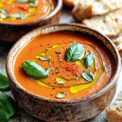 To make a rich and tasty creamy tomato basil soup, gather these key ingredients: - 2 tablespoons olive oil - 1 medium onion, finely chopped - 3 cloves garlic, minced - 2 cans (14.5 oz each) crushed tomatoes - 1 cup vegetable broth - 1 teaspoon sugar (optional) - 1 cup heavy cream or coconut milk for a dairy-free version - 1/2 cup fresh basil leaves, chopped - Salt and pepper to taste - A pinch of red pepper flakes (optional for heat) These ingredients blend well to create a delightful flavor. The crushed tomatoes are the star, giving the soup its lovely red color. The heavy cream adds richness, while fresh basil brings a bright, herbal note. You can also add a few optional ingredients to boost the flavor: - A splash of balsamic vinegar for acidity - Grated Parmesan cheese for a savory touch - Carrots or celery for extra sweetness and texture - A dash of lemon juice for brightness These additions can elevate your soup. For example, balsamic vinegar adds depth, while lemon juice brightens the overall flavor. If you have dietary needs, here are some easy substitutions: - Use olive oil or avocado oil instead of butter for a healthier fat. - For a vegan option, swap heavy cream with coconut milk. - If you cannot find fresh basil, use dried basil in a pinch. Just reduce the amount, as dried herbs are stronger. These options allow everyone to enjoy a bowl of this comforting soup. Feel free to adapt the recipe to suit your taste. For the complete recipe, check out the Full Recipe above. 1. In a large pot, heat the olive oil over medium heat. 2. Add the chopped onion and sauté until it is translucent, about 5-7 minutes. 3. Next, add the minced garlic and cook for 1-2 minutes until it smells good. 4. Stir in the crushed tomatoes and vegetable broth. If you like it sweeter, add the sugar. 5. Bring the mixture to a gentle boil, then reduce the heat to simmer for 15-20 minutes. 6. After simmering, use an immersion blender to puree the soup until it is smooth. 7. If you don’t have an immersion blender, carefully transfer the soup in batches to a blender. 8. Once blended, return the soup to the pot over low heat. 9. Stir in the heavy cream or coconut milk until it is combined and warmed through. 10. Add the chopped basil and season with salt, pepper, and red pepper flakes. 11. Stir well and let it simmer for another 5 minutes. Taste and adjust seasonings as needed. Using an immersion blender is easy and safe. Here are some tips: - Blend the soup on low speed first to avoid splashes. - Keep the blender submerged while blending to get a smooth texture. - Move the blender around the pot to ensure even mixing. - If you want a chunkier soup, blend less. The cooking time can change how thick your soup is. Here’s how: - For a thicker soup, let it simmer longer. - If it seems too thick, add a bit more vegetable broth. - For a thinner soup, blend less or add more cream. - Remember, it will thicken as it cools. This creamy tomato basil soup is quick and easy to make. You can find the Full Recipe above. Enjoy your cooking! To boost the flavor of your creamy tomato basil soup, use fresh ingredients. Fresh basil makes a big difference. Always sauté your onion until it is soft and sweet. This step adds depth to your soup. When you add garlic, let it cook just until fragrant. This prevents it from burning. If you want a touch of sweetness, add sugar to balance the acidity of the tomatoes. A pinch of red pepper flakes can also add a nice kick. Storing leftover soup is easy. Let the soup cool down before you store it. Use airtight containers for best results. You can keep it in the fridge for up to four days. If you want to save it longer, freeze it. Pour the soup in freezer-safe bags. Make sure to leave some space because liquids expand when frozen. Label the bags with the date for easy tracking. To make your meal more complete, serve the soup with crusty bread. Grilled cheese sandwiches are also a great match. For added nutrition, consider a fresh salad on the side. You can top the soup with a drizzle of olive oil and some extra basil. This adds a nice touch and makes it look fancy. These tips will help you enjoy your creamy tomato basil soup even more! For the full recipe, check out the Creamy Tomato Basil Bliss section above. {{image_2}} You can make this soup vegan by swapping out the heavy cream. Use coconut milk instead. It gives a lovely creaminess and a hint of flavor. You can also try cashew cream for a nutty twist. Just soak some cashews and blend them with water until smooth. This keeps the soup rich and tasty without dairy. The base of this soup is naturally gluten-free. The crushed tomatoes and vegetable broth do not contain gluten. Just check the labels to ensure they meet your needs. If you want to add some thickness, use gluten-free flour or cornstarch to thicken the soup without worry. Want to make your soup heartier? Add proteins like cooked lentils or shredded chicken. Both mix well with the flavors. You can also throw in some veggies like carrots or spinach. Just chop them small and add them while the soup simmers. This boosts nutrition and adds texture to your dish. Try these variations to make the recipe your own! For the full recipe, check the section above. After making your creamy tomato basil soup, let it cool down. Pour the soup into an airtight container. Make sure to seal it tightly. Store it in the fridge for up to five days. This keeps the flavors fresh. If you need to save it longer, freezing is a great option. To freeze the soup, use freezer-safe containers. Leave some space at the top because the soup expands when frozen. You can also use freezer bags. Lay them flat in the freezer for easy stacking. The soup can stay good for up to three months. When you're ready to eat, thaw it overnight in the fridge. To reheat, pour the soup into a pot over medium heat. Stir it gently to avoid sticking. Heat until warm, but do not boil. You can also use the microwave. Heat in short bursts, stirring in between. Add a splash of cream or broth if it gets too thick. This keeps the soup creamy and delicious. For extra flavor, add fresh basil on top when serving. To boost the flavor of creamy tomato basil soup, try these simple tips: - Use fresh herbs: Fresh basil adds a bright taste. - Roast your tomatoes: Roasting brings out natural sweetness. - Add seasonings: A pinch of sugar, red pepper flakes, or even Italian herbs can deepen the taste. The key is to layer flavors as you cook. Each step builds the final taste. Yes, you can use fresh tomatoes! Just peel and chop about 2 pounds. - Blanching: To peel, score the bottoms and dip in boiling water for 30 seconds. - Cooking: Fresh tomatoes may take longer to break down. Cook them for 30 minutes to soften. Using fresh tomatoes gives a vibrant flavor, perfect for this soup. Creamy tomato basil soup lasts about 3 to 4 days in the fridge. - Storage: Keep it in an airtight container to keep it fresh. - Cooling: Make sure the soup cools down before you put it in the fridge. This way, it stays tasty and safe to eat later. Absolutely! Making soup ahead of time is a great idea. - Make-ahead: You can prepare it a day or two in advance. - Storage: Just store the soup in the fridge. - Reheating: When ready to eat, reheat it on the stove over low heat. This allows the flavors to continue to develop, making it even better! For the full recipe, check the section above. You now have all the details to make creamy tomato basil soup. We covered essential ingredients, step-by-step instructions, and helpful tips. Don’t forget to explore variations and storage options. This soup is easy to make and perfect for any meal. Enjoy experimenting with flavors and ingredients. You can make it your own! This delicious soup brings warmth and comfort to your table. I hope you try this recipe soon and delight in every bowl.
