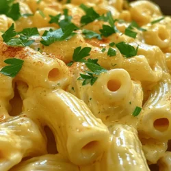 To make the best Instant Pot mac and cheese, you need a few key items: - 2 cups elbow macaroni - 4 cups vegetable broth - 2 tablespoons unsalted butter - 1 cup sharp cheddar cheese, shredded - 1 cup mozzarella cheese, shredded - 1 teaspoon garlic powder - 1 teaspoon onion powder - 1 teaspoon dried basil - 1 teaspoon dried parsley - ½ teaspoon smoked paprika - Salt and pepper to taste - ½ cup heavy cream - Optional: Fresh herbs for garnish (like parsley or chives) These ingredients come together to create a creamy, rich dish that delights everyone. Cheese plays a huge role in mac and cheese. I love using sharp cheddar for its strong flavor. It gives the dish a nice bite. Mozzarella adds creaminess, making it melt perfectly. You can also mix in some Gruyère or Monterey Jack for unique tastes. Experimenting with different cheeses can elevate your mac and cheese game. Choosing the right pasta is key for good mac and cheese. Elbow macaroni is the classic choice. It holds the cheese sauce well. You can also try cavatappi or shells for a fun twist. Just make sure the pasta can withstand pressure cooking. This way, it stays tender but not mushy. First, gather your ingredients. You need 2 cups of elbow macaroni and 4 cups of vegetable broth. Add the macaroni to the Instant Pot. Pour the broth over the macaroni. Make sure all the pasta is under the broth. This helps it cook evenly. Next, close the lid tightly. Seal the valve to trap the steam. Select the "Manual" or "Pressure Cook" setting. Set the timer for 4 minutes. Cooking under pressure makes the pasta soft and creamy. When the timer is up, let it release pressure for 5 minutes naturally. Then, do a quick release for any remaining steam. After releasing the pressure, remove the lid. Stir the macaroni. It should be tender and some liquid should remain. Add 2 tablespoons of butter, garlic powder, onion powder, dried basil, dried parsley, and smoked paprika. Mix it well until the butter melts completely. Now, add ½ cup of heavy cream. Stir until the pasta is coated. Finally, add 1 cup of shredded cheddar and 1 cup of mozzarella cheese. Keep stirring until all the cheese melts smoothly. If the sauce is too thick, add a splash of broth or cream. For the full recipe, check the details above. Enjoy your creamy mac and cheese! When making Instant Pot mac and cheese, a few mistakes can ruin your dish. First, don't skip the natural pressure release. It helps the pasta finish cooking and keeps it tender. Second, avoid using too much broth. The pasta needs enough liquid to cook, but too much can make it soupy. Lastly, don’t rush when mixing in the cheese. Stir it slowly to create that creamy texture you want. You can boost the flavor of your mac and cheese with some fun add-ins. Try adding cooked bacon for a smoky touch. You can also mix in sautéed onions or garlic for extra depth. If you like spice, toss in some jalapeños. For a fresh kick, add a squeeze of lemon juice or some chopped fresh herbs like basil or chives. To speed things up, prep your ingredients ahead of time. Measure out your cheese and spices before you start. You can also use pre-shredded cheese to cut down on prep time. If you’re in a hurry, consider using a quick-cooking pasta. Just adjust the cooking time in your Instant Pot. For the full recipe, check out the detailed steps above. {{image_2}} You can easily make this dish vegan. Swap the butter for plant-based butter. Use cashew cream or coconut milk instead of heavy cream. For cheese, try a vegan cheese blend. Nutritional yeast adds a cheesy flavor, too. This way, you get a rich and creamy mac without any dairy. If you like heat, add jalapeños. Chop fresh jalapeños and mix them in with the macaroni. You can also use pickled jalapeños for a tangy kick. Adjust the amount based on your spice level. This twist makes the dish exciting and flavorful. Add protein to your mac and cheese for a complete meal. Cook diced chicken in the Instant Pot before adding the pasta. For a smoky flavor, use crispy bacon. If you prefer plant-based protein, add cubed tofu. Mix any of these in before serving for extra taste and texture. For more ideas, check out the [Full Recipe]. To store your leftover Instant Pot mac and cheese, place it in an airtight container. This helps keep it fresh. Make sure to let it cool first. Store it in the fridge for up to three days. Always label your container with the date. This way, you know when to eat it. You can freeze mac and cheese for later enjoyment. First, let it cool down completely. Then, transfer it to a freezer-safe container. Leave some space at the top because it will expand when frozen. You can freeze it for up to three months. When you are ready to eat, just thaw it in the fridge overnight. Reheating mac and cheese can be tricky. To keep it creamy, add a splash of milk or broth before reheating. You can use the microwave or the stovetop. If using the microwave, heat it in short bursts and stir often. If using the stovetop, heat it over low heat while stirring. This helps avoid drying it out. Enjoy your creamy dish again! It takes about 20 minutes to make this dish. You spend 5 minutes prepping and 15 minutes cooking. The pressure cooking takes just 4 minutes. After that, you need a few minutes for pressure release. Yes, you can use gluten-free pasta! It works well in the Instant Pot. Just ensure you check the cooking time on the package. You may need to adjust it a bit if the pasta cooks faster or slower. If you want to avoid heavy cream, try using milk or a dairy-free option. Unsweetened almond milk or coconut milk works well. Your mac and cheese will still be creamy and delicious. To make a small batch, reduce the ingredients by half. Use 1 cup of elbow macaroni and 2 cups of vegetable broth. Adjust the cheese and cream accordingly. This way, you get just enough for one or two servings. Yes, you can make mac and cheese on the stovetop. Cook the pasta in a pot with boiling water. Once it’s tender, drain and return it to the pot. Add butter, cheese, and cream, mixing until creamy. It takes a bit longer but still tastes great. For the full recipe, check out the Creamy Garlic & Herb Instant Pot Mac and Cheese. In this blog post, we covered everything you need for Instant Pot mac and cheese. You learned about key ingredients and cheese types that boost flavor. I shared step-by-step instructions to make it easy. You also found tips to avoid common mistakes and variations to try. Remember, cooking should be fun. Enjoy experimenting with new flavors and textures. Make this dish your own, and share it with friends and family!