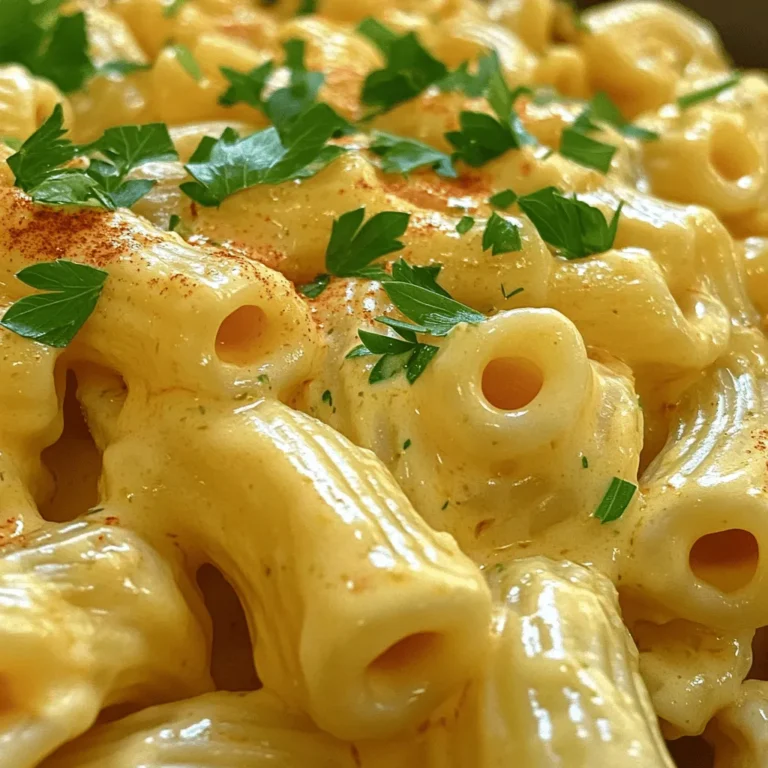 To make the best Instant Pot mac and cheese, you need a few key items: - 2 cups elbow macaroni - 4 cups vegetable broth - 2 tablespoons unsalted butter - 1 cup sharp cheddar cheese, shredded - 1 cup mozzarella cheese, shredded - 1 teaspoon garlic powder - 1 teaspoon onion powder - 1 teaspoon dried basil - 1 teaspoon dried parsley - ½ teaspoon smoked paprika - Salt and pepper to taste - ½ cup heavy cream - Optional: Fresh herbs for garnish (like parsley or chives) These ingredients come together to create a creamy, rich dish that delights everyone. Cheese plays a huge role in mac and cheese. I love using sharp cheddar for its strong flavor. It gives the dish a nice bite. Mozzarella adds creaminess, making it melt perfectly. You can also mix in some Gruyère or Monterey Jack for unique tastes. Experimenting with different cheeses can elevate your mac and cheese game. Choosing the right pasta is key for good mac and cheese. Elbow macaroni is the classic choice. It holds the cheese sauce well. You can also try cavatappi or shells for a fun twist. Just make sure the pasta can withstand pressure cooking. This way, it stays tender but not mushy. First, gather your ingredients. You need 2 cups of elbow macaroni and 4 cups of vegetable broth. Add the macaroni to the Instant Pot. Pour the broth over the macaroni. Make sure all the pasta is under the broth. This helps it cook evenly. Next, close the lid tightly. Seal the valve to trap the steam. Select the "Manual" or "Pressure Cook" setting. Set the timer for 4 minutes. Cooking under pressure makes the pasta soft and creamy. When the timer is up, let it release pressure for 5 minutes naturally. Then, do a quick release for any remaining steam. After releasing the pressure, remove the lid. Stir the macaroni. It should be tender and some liquid should remain. Add 2 tablespoons of butter, garlic powder, onion powder, dried basil, dried parsley, and smoked paprika. Mix it well until the butter melts completely. Now, add ½ cup of heavy cream. Stir until the pasta is coated. Finally, add 1 cup of shredded cheddar and 1 cup of mozzarella cheese. Keep stirring until all the cheese melts smoothly. If the sauce is too thick, add a splash of broth or cream. For the full recipe, check the details above. Enjoy your creamy mac and cheese! When making Instant Pot mac and cheese, a few mistakes can ruin your dish. First, don't skip the natural pressure release. It helps the pasta finish cooking and keeps it tender. Second, avoid using too much broth. The pasta needs enough liquid to cook, but too much can make it soupy. Lastly, don’t rush when mixing in the cheese. Stir it slowly to create that creamy texture you want. You can boost the flavor of your mac and cheese with some fun add-ins. Try adding cooked bacon for a smoky touch. You can also mix in sautéed onions or garlic for extra depth. If you like spice, toss in some jalapeños. For a fresh kick, add a squeeze of lemon juice or some chopped fresh herbs like basil or chives. To speed things up, prep your ingredients ahead of time. Measure out your cheese and spices before you start. You can also use pre-shredded cheese to cut down on prep time. If you’re in a hurry, consider using a quick-cooking pasta. Just adjust the cooking time in your Instant Pot. For the full recipe, check out the detailed steps above. {{image_2}} You can easily make this dish vegan. Swap the butter for plant-based butter. Use cashew cream or coconut milk instead of heavy cream. For cheese, try a vegan cheese blend. Nutritional yeast adds a cheesy flavor, too. This way, you get a rich and creamy mac without any dairy. If you like heat, add jalapeños. Chop fresh jalapeños and mix them in with the macaroni. You can also use pickled jalapeños for a tangy kick. Adjust the amount based on your spice level. This twist makes the dish exciting and flavorful. Add protein to your mac and cheese for a complete meal. Cook diced chicken in the Instant Pot before adding the pasta. For a smoky flavor, use crispy bacon. If you prefer plant-based protein, add cubed tofu. Mix any of these in before serving for extra taste and texture. For more ideas, check out the [Full Recipe]. To store your leftover Instant Pot mac and cheese, place it in an airtight container. This helps keep it fresh. Make sure to let it cool first. Store it in the fridge for up to three days. Always label your container with the date. This way, you know when to eat it. You can freeze mac and cheese for later enjoyment. First, let it cool down completely. Then, transfer it to a freezer-safe container. Leave some space at the top because it will expand when frozen. You can freeze it for up to three months. When you are ready to eat, just thaw it in the fridge overnight. Reheating mac and cheese can be tricky. To keep it creamy, add a splash of milk or broth before reheating. You can use the microwave or the stovetop. If using the microwave, heat it in short bursts and stir often. If using the stovetop, heat it over low heat while stirring. This helps avoid drying it out. Enjoy your creamy dish again! It takes about 20 minutes to make this dish. You spend 5 minutes prepping and 15 minutes cooking. The pressure cooking takes just 4 minutes. After that, you need a few minutes for pressure release. Yes, you can use gluten-free pasta! It works well in the Instant Pot. Just ensure you check the cooking time on the package. You may need to adjust it a bit if the pasta cooks faster or slower. If you want to avoid heavy cream, try using milk or a dairy-free option. Unsweetened almond milk or coconut milk works well. Your mac and cheese will still be creamy and delicious. To make a small batch, reduce the ingredients by half. Use 1 cup of elbow macaroni and 2 cups of vegetable broth. Adjust the cheese and cream accordingly. This way, you get just enough for one or two servings. Yes, you can make mac and cheese on the stovetop. Cook the pasta in a pot with boiling water. Once it’s tender, drain and return it to the pot. Add butter, cheese, and cream, mixing until creamy. It takes a bit longer but still tastes great. For the full recipe, check out the Creamy Garlic & Herb Instant Pot Mac and Cheese. In this blog post, we covered everything you need for Instant Pot mac and cheese. You learned about key ingredients and cheese types that boost flavor. I shared step-by-step instructions to make it easy. You also found tips to avoid common mistakes and variations to try. Remember, cooking should be fun. Enjoy experimenting with new flavors and textures. Make this dish your own, and share it with friends and family!