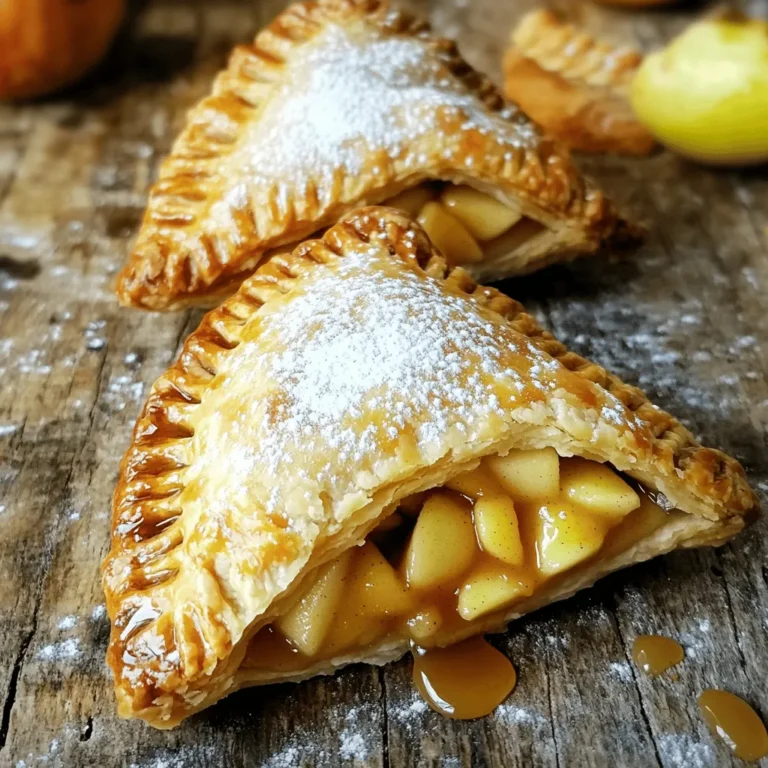 - Apples: For these hand pies, I suggest using Granny Smith or Honeycrisp apples. Granny Smith adds a nice tartness, while Honeycrisp offers sweetness. Both hold their shape well when cooked. - Sugar and spices: Sugar sweetens the filling. Ground cinnamon adds warmth and flavor. You can adjust the sugar based on your apple variety. If your apples are sweeter, reduce the sugar to 1/4 cup. - Pie crusts: You can use store-bought, refrigerated pie crusts, which are quick and easy. For a homemade touch, make your own crust from scratch. It takes more time but can enhance the flavor. - Egg wash: Brushing the tops with a beaten egg gives your hand pies a beautiful golden color. It also helps to create a nice crust. - Toppings: After baking, consider dusting your pies with powdered sugar. For a richer flavor, drizzle with caramel sauce. Both add a lovely finish that makes these pies even more tempting. For the full recipe, check the detailed instructions above. First, gather your apples, sugar, cinnamon, lemon juice, and cornstarch. In a medium bowl, mix the diced apples with 1/3 cup of sugar, 1 teaspoon of cinnamon, and 1 tablespoon of lemon juice. Add 1 tablespoon of cornstarch to help thicken the filling. Let this mixture sit for about 10 minutes. This resting time helps the flavors mix well, making the filling taste great. The cornstarch is key. It absorbs extra juice from the apples. This way, the filling stays thick and does not make your crust soggy. Next, roll out your refrigerated pie crusts on a floured surface. Use a round cutter or a glass about 4-5 inches wide to cut out circles. Aim for uniform sizes so that your hand pies cook evenly. You can usually get 6-8 circles from each crust. To seal the pies, place a tablespoon of the apple filling in the center of each circle. Fold the dough over to form a half-moon shape. Press the edges to seal them tightly. You can use a fork to crimp the edges, giving your pies a nice look and ensuring they stay closed. Preheat your air fryer to 350°F (175°C). This step is important for even cooking. If you skip this, your pies may not cook well. Once preheated, place the hand pies in the basket. Do not overcrowd them; give them space to cook. You might need to do this in batches. Air fry the hand pies for 12-15 minutes. Flip them halfway through to get that crispy texture on both sides. When they are golden and crispy, take them out. Let them cool slightly on a wire rack. Dust with powdered sugar and drizzle caramel sauce if you like. You can find the full recipe [here](#). To make your hand pies a hit, you must avoid soggy bottoms. A few simple tricks can help. First, make sure your filling isn't too wet. Use cornstarch to thicken it, as it absorbs extra moisture. Let the apple filling rest for about 10 minutes. This step allows the flavors to blend and helps with moisture control. Next, consider the pie crust. Pre-baking the crust for a minute or two in the air fryer can give you that extra crispiness. This technique helps create a barrier against moisture from the filling. Spices are another fun area to explore. While cinnamon is classic, don't be afraid to experiment. Try adding nutmeg or allspice for a warm twist. You could even use ginger for a zesty kick. Personalizing the flavor can make your hand pies unique! Pairing your hand pies with the right sides can elevate your dessert. A scoop of vanilla ice cream goes perfectly with warm hand pies. You can also serve them with a drizzle of caramel sauce. The sweetness complements the tart apples well. For leftover hand pies, store them in an airtight container. They can last for about three days in the fridge. To keep them fresh, place parchment paper between layers to avoid sticking. If you want to enjoy them later, freezing is a great option. Simply wrap each pie in plastic wrap and store them in a freezer bag. They can last up to three months. To reheat, use your air fryer at 350°F for about 5-8 minutes. This method keeps them crispy! For the full recipe, check out the detailed instructions. {{image_2}} You can mix up your apple hand pies with different fillings. For a fruity twist, try berries or peaches. - Berries: Use blueberries, raspberries, or strawberries. These fruits add a nice tartness. - Peaches: Fresh or canned peaches bring a juicy sweetness. If you want to get creative, consider savory fillings. Adding cheese or meat can change the game. - Cheese: Try a mix of cream cheese and herbs. This gives a rich flavor. - Meat: Cooked chicken or ham can make a fun hand pie. Making your hand pies fit different diets is easy. You can find options for gluten-free and vegan diets. - Gluten-Free: Use gluten-free pie crusts. Many brands offer great taste and texture. - Vegan: Substitute the egg wash with almond milk or a mix of flour and water. Use coconut oil instead of butter for the filling. These adjustments keep the deliciousness while meeting dietary needs. For more details, check the Full Recipe. To keep your air fryer apple hand pies fresh, store them in an airtight container. They can stay good in the fridge for up to three days. If you want them to last longer, freezing is a great option. To freeze, place the hand pies on a baking sheet and freeze them until solid. Then, transfer them to a freezer bag. They can last for up to three months in the freezer. For reheating, the air fryer is your best friend. It keeps the hand pies crispy. Set your air fryer to 350°F (175°C) and heat for about 5-7 minutes. You can also use the oven. Preheat it to the same temperature and bake for about 10 minutes. To keep them crispy, avoid using the microwave, as it makes them soggy. Enjoy your delicious hand pies warm! You can choose between homemade or refrigerated pie crust. Homemade crust gives you full control over texture and flavor. You can adjust the thickness and add spices. However, it takes more time. Refrigerated crust is quick and easy. It still provides a nice flaky texture. You can find it at most grocery stores. Both options work well, so pick what suits your time and skill level. Yes, you can use frozen apples. Thaw them first to avoid a soggy filling. Drain any extra liquid after thawing. This helps keep the hand pies crisp. You can add a bit more cornstarch if the filling is too wet. This will help thicken the mixture. Just remember to mix well before filling your crusts. Look for a golden brown color on the pies. This shows they are cooked through. The edges should also be crispy. If you notice any puffing, that’s a good sign too! You can also use a toothpick. Insert it into a pie to check if it's hot inside. If it comes out clean, they are ready. Enjoy your warm, crispy hand pies! You learned how to make tasty air fryer apple hand pies from scratch. We covered key ingredients like apples and spices, and explored crust options. You got step-by-step instructions on filling, assembling, and cooking. We also shared tips to perfect your pies and ideas for variations. Finally, we discussed storage and reheating methods to keep your hand pies fresh. Now, you can impress everyone with your delicious homemade treats! Enjoy every bite and share your creations with friends and family.