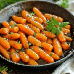 - 1 pound baby carrots, peeled - 2 tablespoons unsalted butter - 3 tablespoons pure maple syrup - 1 teaspoon ground cinnamon - 1/4 teaspoon nutmeg - Salt, to taste - Fresh parsley, chopped (for garnish) - Orange zest for added flavor - Maple-flavored syrup as a substitute - Additional spices like ginger or allspice In this recipe, use fresh baby carrots for the best sweet and tender flavor. They cook quickly, making them perfect for busy days. If you want a richer flavor, choose unsalted butter. Pure maple syrup gives a deep sweetness that pairs well with spices like cinnamon and nutmeg. If you want to change things up, consider adding orange zest. This adds a bright and fresh note to the dish. You can also swap maple syrup for maple-flavored syrup if you need a quick fix. Spices like ginger or allspice can offer a warm twist, too. For a beautiful finish, use fresh parsley to garnish your dish. This adds color and a hint of freshness. These ingredients combine to make maple glazed carrots a perfect side for any meal. You can find the full recipe and instructions below. - Rinse and peel the baby carrots. - Prepare your cooking tools (large skillet). First, you want to wash the baby carrots under cold water. This step is important. It removes any dirt and helps your dish taste fresh. If the carrots have skin, peel them to get a smooth finish. Next, grab a large skillet. This skillet will help cook the carrots evenly and allow for easy stirring. Set it aside for now; we will use it soon. - Melt butter in skillet over medium heat. - Sauté carrots for initial 5 minutes. - Add maple syrup and spices, cook until tender. Now, heat the skillet over medium heat. Add two tablespoons of unsalted butter. Watch it melt and start to bubble. This will add rich flavor to the dish. Once the butter is melted, toss in the peeled baby carrots. Stir them gently for about five minutes. This step helps them get a nice color and flavor. After five minutes, pour in three tablespoons of pure maple syrup. Stir the carrots well to coat them in the syrup. Then, add one teaspoon of ground cinnamon and a quarter teaspoon of nutmeg. These spices give the dish warmth and depth. Finally, sprinkle in a pinch of salt to balance the sweetness. Cook the carrots for another 10 to 15 minutes. Keep stirring until they become tender and the glaze thickens. Take your time here; the longer you cook, the more flavors blend. Once they reach your desired tenderness, remove the skillet from heat. If you want, adjust the seasoning one last time. Serve them warm and garnish with fresh parsley. This adds a pop of color and freshness to your dish. Enjoy this sweet and tender delight! For the full recipe, check out the details above. To get the best glaze, you want a mix of butter and maple syrup. Start by melting the butter in a skillet. Then, add the carrots and cook them for about five minutes. Once they soften, pour in the maple syrup. Stir well to coat every carrot. This helps them get that sweet glaze. For perfect tenderness, cook the carrots for 10 to 15 minutes. Check them with a fork. If they slide off easily, they are done. If not, give them a few more minutes. Remember, you can always add a pinch of salt to enhance the flavor. Maple glazed carrots pair well with roasted chicken or pork. They add a sweet touch to any meal. You can also serve them with a holiday feast. They shine next to turkey or ham. These carrots are great for family dinners as well. Their sweet taste makes them popular with kids. Serve them warm, and don’t forget to garnish with parsley for color. Enjoying these carrots brings a touch of joy to any table. For the complete recipe, check out the Full Recipe section. {{image_2}} You can change the type of carrots you use. Rainbow carrots add bright colors and unique flavors. They look great on the plate and taste sweet too. You can also try different sweeteners. Honey or agave syrup works well, but maple syrup gives the best flavor. Adding nuts can add crunch to your dish. Walnuts or pecans bring a nice texture contrast. You can chop them and mix them in right before serving. Herbs can also boost flavor. Try adding thyme or rosemary for a fresh taste. Just sprinkle them in while cooking. These swaps give you many ways to enjoy maple glazed carrots. To store leftovers, place the maple glazed carrots in an airtight container. Make sure they are cool before sealing. This helps keep them fresh. You can enjoy these sweet treats for up to 4 days in the fridge. If you want to store them longer, freezing is a great option. First, let the carrots cool completely. Then, spread them on a baking sheet in a single layer. Freeze them for about 1 hour until firm. After that, transfer the carrots to a freezer-safe bag. Squeeze out as much air as you can before sealing. They will keep well for up to 3 months. When you’re ready to eat, just thaw the carrots overnight in the fridge. To reheat, place them in a skillet over low heat. Add a splash of water or extra maple syrup to help them warm through. Stir gently until they are hot and ready to serve. Enjoy your tasty maple glazed carrots from the freezer! Can I use frozen carrots instead of fresh? Yes, you can use frozen carrots. They cook faster than fresh ones. Just reduce cooking time to ensure they do not get mushy. What is the best way to reheat maple glazed carrots? Reheat the carrots in a skillet over low heat. Add a little water or extra maple syrup. This keeps them moist and flavorful. Are maple glazed carrots healthy? Maple glazed carrots are healthy. They are packed with vitamins and minerals. The maple syrup adds a natural sweetness without refined sugars. How to adjust the sweetness level in the recipe? To adjust sweetness, add less maple syrup for a less sweet dish. You can also mix in a splash of lemon juice for balance. For a sweeter taste, increase the syrup a little. You can find the full recipe for maple glazed carrots to get started! In this article, we explored how to make delicious maple glazed carrots. You learned the main and optional ingredients you can use, along with simple steps to cook them. We discussed tips for perfect texture and suggested ways to serve these tasty carrots. Remember, variations can keep this dish fresh and exciting. Lastly, proper storage ensures you enjoy leftovers later. Maple glazed carrots are a great addition to any meal, bringing joy and flavor to your table.