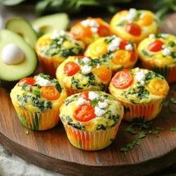 - 6 large eggs - 1 cup spinach, chopped - 1 bell pepper, diced (any color) - 1/2 cup cherry tomatoes, halved - 1/2 cup feta cheese, crumbled - 1/4 cup green onions, finely sliced - 1 tsp garlic powder - Salt and pepper to taste - Olive oil spray or muffin liners for greasing The mix of these ingredients makes breakfast egg muffins both tasty and healthy. Eggs provide protein, while spinach and bell peppers add vitamins. Cherry tomatoes bring sweetness, and feta cheese adds a tangy flavor. Green onions give a nice crunch. Each muffin has around 100 calories. They have about 7 grams of protein, 6 grams of carbs, and 6 grams of fat. This makes them a balanced option for breakfast. Want to make these muffins even better? You can add more veggies like zucchini or mushrooms. For extra protein, try adding cooked bacon or sausage. These add-ins can change the flavor and keep things fresh! Check out the Full Recipe for more ideas. - Preheat the oven to 350°F (175°C). - Prepare the muffin tin with grease or muffin liners. Start by getting your oven nice and hot. This helps the muffins cook evenly. Take a muffin tin and either spray it with olive oil or place liners inside. This makes for easy removal later. - Beat the eggs and season with spices. - Incorporate vegetables and cheese into the egg mixture. Next, grab a large bowl. Crack six large eggs into it. Beat them well, adding garlic powder, salt, and pepper for flavor. Now, it's time to add in the fun part. Toss in chopped spinach, diced bell pepper, halved cherry tomatoes, crumbled feta cheese, and sliced green onions. Stir everything together until it looks colorful and mixed. - Pour mixture into muffin tin. - Baking time and indicators for doneness. Now, carefully pour the egg mixture into the prepared muffin tin. Fill each cup about two-thirds full. Place the tin in your preheated oven. Bake for 18-20 minutes. You’ll know they’re done when they look set and slightly golden on top. Let them cool for a few minutes before you take them out. Enjoy these tasty treats warm or save them for later! For the full recipe, check out the detailed instructions. To batch cook and store egg muffins, start by making a large batch. You can double or triple the recipe. Once they cool, place them in an airtight container. Store them in the fridge for up to five days. For longer storage, freeze them. Wrap each muffin in plastic wrap. Then place them in a freezer bag. They can last up to three months in the freezer. For best practices when reheating, remove the muffin from the wrap. Place it on a microwave-safe plate. Heat for about 30 to 60 seconds. If you prefer the oven, preheat to 350°F (175°C) and bake for about 10 minutes. This keeps the muffins moist while warming. Adjusting baking time depends on your oven type. Most ovens heat unevenly. If you have a convection oven, reduce the baking time by about 2 to 3 minutes. For a regular oven, keep an eye on your muffins after the 18-minute mark. To avoid overcooked or undercooked muffins, check for doneness by inserting a toothpick. If it comes out clean, they are done. If the muffins jiggle, they need more time. For garnishing ideas, sprinkle fresh herbs like parsley or chives on top. This adds color and flavor. Serve the egg muffins on a nice platter for an inviting look. They pair well with sides like sliced avocado or fresh fruit. This not only adds flavor but also boosts nutrition. You can enjoy your breakfast muffins with a side of berries or a light salad for a refreshing start to your day. {{image_2}} You can make breakfast egg muffins fun by adding different flavors. For a Mediterranean twist, try sun-dried tomatoes and olives. This mix gives a bright taste that wakes up your palate. Simply chop and stir them into the egg mixture. For a Southwestern version, use black beans, corn, and cheddar cheese. This combo adds a hearty bite. Just fold them in with your other ingredients. The flavors work great together, creating a tasty meal. You can adapt these muffins for different diets. If you want a vegetarian or vegan option, replace eggs with a tofu scramble. Simply crumble tofu and cook it lightly before adding your veggies. This keeps the dish filling and delicious. For gluten-free options, make sure to check that your add-ins are gluten-free. Most veggies and cheeses work perfectly, so you can enjoy without worry. Using seasonal vegetables makes your muffins fresh and tasty. In winter, add hearty veggies like kale or butternut squash. In the summer, use zucchini or bell peppers. These choices keep your dish vibrant and full of flavor. You can also adapt the recipe based on what you find at the market. If you see something fresh, try it! This keeps your breakfast exciting and new. Want to try making your own? Check out the Full Recipe for more details! To keep your breakfast egg muffins fresh, I recommend storing them in the fridge or freezer. If you plan to eat them within a week, the fridge is perfect. Use an airtight container to lock in moisture and flavor. For longer storage, freeze your muffins in a single layer, then transfer them to a freezer bag. This helps prevent sticking and saves space. In the fridge, your egg muffins last about five days. After that, they may lose their taste and texture. When frozen, they can last up to three months. Just remember to label the bags with the date. This way, you know how long they’ve been in the freezer. You have two great options for reheating: the oven or microwave. For the oven, preheat it to 350°F (175°C) and heat the muffins for about 10 minutes. This keeps them warm and crispy. For the microwave, place one muffin on a plate and heat it for 30 seconds to a minute. To keep the texture nice, cover it with a damp paper towel. This helps prevent the muffins from drying out. By following these storage and reheating tips, you’ll enjoy delicious breakfast egg muffins anytime! For the full recipe, check out the Morning Glory Egg Muffins. Yes, you can make Breakfast Egg Muffins in advance. Here are some tips: - Batch Cooking: Make a large batch on the weekend. Store them in the fridge or freezer. - Storing: Cool them fully before storing. Use an airtight container for the fridge. For freezing, wrap them in plastic wrap and place in a freezer bag. - Reheating: For fridge muffins, reheat in the microwave for about 30 seconds. Frozen muffins need about 1-2 minutes in the microwave. To check if your muffins are done, look for these signs: - Firmness: The tops should feel firm to the touch. - Color: They should be slightly golden brown on top. - Toothpick Test: Insert a toothpick in the center. It should come out clean if they are done. Absolutely! Here are some great options for customization: - Vegetables: Add zucchini, mushrooms, or even broccoli for more greens. - Cheese: Swap feta for cheddar, mozzarella, or goat cheese. - Protein: Mix in cooked bacon, sausage, or even tofu for a vegetarian twist. You can also experiment with herbs and spices to find your favorite flavor! These breakfast egg muffins are easy to make and packed with flavor. We covered the key ingredients, from eggs to veggies. We also shared tips for cooking and storing, ensuring your muffins stay fresh. You can customize them based on your taste or dietary needs. Whether you want a quick breakfast or something to meal prep, these muffins fit the bill. Try these recipes to enjoy a tasty and healthy meal. Cooking should be fun, and these egg muffins make it simple.