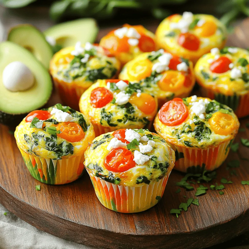 - 6 large eggs - 1 cup spinach, chopped - 1 bell pepper, diced (any color) - 1/2 cup cherry tomatoes, halved - 1/2 cup feta cheese, crumbled - 1/4 cup green onions, finely sliced - 1 tsp garlic powder - Salt and pepper to taste - Olive oil spray or muffin liners for greasing The mix of these ingredients makes breakfast egg muffins both tasty and healthy. Eggs provide protein, while spinach and bell peppers add vitamins. Cherry tomatoes bring sweetness, and feta cheese adds a tangy flavor. Green onions give a nice crunch. Each muffin has around 100 calories. They have about 7 grams of protein, 6 grams of carbs, and 6 grams of fat. This makes them a balanced option for breakfast. Want to make these muffins even better? You can add more veggies like zucchini or mushrooms. For extra protein, try adding cooked bacon or sausage. These add-ins can change the flavor and keep things fresh! Check out the Full Recipe for more ideas. - Preheat the oven to 350°F (175°C). - Prepare the muffin tin with grease or muffin liners. Start by getting your oven nice and hot. This helps the muffins cook evenly. Take a muffin tin and either spray it with olive oil or place liners inside. This makes for easy removal later. - Beat the eggs and season with spices. - Incorporate vegetables and cheese into the egg mixture. Next, grab a large bowl. Crack six large eggs into it. Beat them well, adding garlic powder, salt, and pepper for flavor. Now, it's time to add in the fun part. Toss in chopped spinach, diced bell pepper, halved cherry tomatoes, crumbled feta cheese, and sliced green onions. Stir everything together until it looks colorful and mixed. - Pour mixture into muffin tin. - Baking time and indicators for doneness. Now, carefully pour the egg mixture into the prepared muffin tin. Fill each cup about two-thirds full. Place the tin in your preheated oven. Bake for 18-20 minutes. You’ll know they’re done when they look set and slightly golden on top. Let them cool for a few minutes before you take them out. Enjoy these tasty treats warm or save them for later! For the full recipe, check out the detailed instructions. To batch cook and store egg muffins, start by making a large batch. You can double or triple the recipe. Once they cool, place them in an airtight container. Store them in the fridge for up to five days. For longer storage, freeze them. Wrap each muffin in plastic wrap. Then place them in a freezer bag. They can last up to three months in the freezer. For best practices when reheating, remove the muffin from the wrap. Place it on a microwave-safe plate. Heat for about 30 to 60 seconds. If you prefer the oven, preheat to 350°F (175°C) and bake for about 10 minutes. This keeps the muffins moist while warming. Adjusting baking time depends on your oven type. Most ovens heat unevenly. If you have a convection oven, reduce the baking time by about 2 to 3 minutes. For a regular oven, keep an eye on your muffins after the 18-minute mark. To avoid overcooked or undercooked muffins, check for doneness by inserting a toothpick. If it comes out clean, they are done. If the muffins jiggle, they need more time. For garnishing ideas, sprinkle fresh herbs like parsley or chives on top. This adds color and flavor. Serve the egg muffins on a nice platter for an inviting look. They pair well with sides like sliced avocado or fresh fruit. This not only adds flavor but also boosts nutrition. You can enjoy your breakfast muffins with a side of berries or a light salad for a refreshing start to your day. {{image_2}} You can make breakfast egg muffins fun by adding different flavors. For a Mediterranean twist, try sun-dried tomatoes and olives. This mix gives a bright taste that wakes up your palate. Simply chop and stir them into the egg mixture. For a Southwestern version, use black beans, corn, and cheddar cheese. This combo adds a hearty bite. Just fold them in with your other ingredients. The flavors work great together, creating a tasty meal. You can adapt these muffins for different diets. If you want a vegetarian or vegan option, replace eggs with a tofu scramble. Simply crumble tofu and cook it lightly before adding your veggies. This keeps the dish filling and delicious. For gluten-free options, make sure to check that your add-ins are gluten-free. Most veggies and cheeses work perfectly, so you can enjoy without worry. Using seasonal vegetables makes your muffins fresh and tasty. In winter, add hearty veggies like kale or butternut squash. In the summer, use zucchini or bell peppers. These choices keep your dish vibrant and full of flavor. You can also adapt the recipe based on what you find at the market. If you see something fresh, try it! This keeps your breakfast exciting and new. Want to try making your own? Check out the Full Recipe for more details! To keep your breakfast egg muffins fresh, I recommend storing them in the fridge or freezer. If you plan to eat them within a week, the fridge is perfect. Use an airtight container to lock in moisture and flavor. For longer storage, freeze your muffins in a single layer, then transfer them to a freezer bag. This helps prevent sticking and saves space. In the fridge, your egg muffins last about five days. After that, they may lose their taste and texture. When frozen, they can last up to three months. Just remember to label the bags with the date. This way, you know how long they’ve been in the freezer. You have two great options for reheating: the oven or microwave. For the oven, preheat it to 350°F (175°C) and heat the muffins for about 10 minutes. This keeps them warm and crispy. For the microwave, place one muffin on a plate and heat it for 30 seconds to a minute. To keep the texture nice, cover it with a damp paper towel. This helps prevent the muffins from drying out. By following these storage and reheating tips, you’ll enjoy delicious breakfast egg muffins anytime! For the full recipe, check out the Morning Glory Egg Muffins. Yes, you can make Breakfast Egg Muffins in advance. Here are some tips: - Batch Cooking: Make a large batch on the weekend. Store them in the fridge or freezer. - Storing: Cool them fully before storing. Use an airtight container for the fridge. For freezing, wrap them in plastic wrap and place in a freezer bag. - Reheating: For fridge muffins, reheat in the microwave for about 30 seconds. Frozen muffins need about 1-2 minutes in the microwave. To check if your muffins are done, look for these signs: - Firmness: The tops should feel firm to the touch. - Color: They should be slightly golden brown on top. - Toothpick Test: Insert a toothpick in the center. It should come out clean if they are done. Absolutely! Here are some great options for customization: - Vegetables: Add zucchini, mushrooms, or even broccoli for more greens. - Cheese: Swap feta for cheddar, mozzarella, or goat cheese. - Protein: Mix in cooked bacon, sausage, or even tofu for a vegetarian twist. You can also experiment with herbs and spices to find your favorite flavor! These breakfast egg muffins are easy to make and packed with flavor. We covered the key ingredients, from eggs to veggies. We also shared tips for cooking and storing, ensuring your muffins stay fresh. You can customize them based on your taste or dietary needs. Whether you want a quick breakfast or something to meal prep, these muffins fit the bill. Try these recipes to enjoy a tasty and healthy meal. Cooking should be fun, and these egg muffins make it simple.