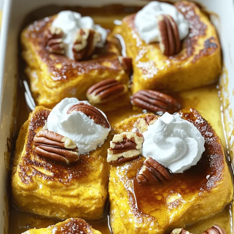 - 1 loaf of brioche bread - 4 large eggs - 2 cups whole milk - 1 cup canned pumpkin puree - 1/2 cup brown sugar - 1 tablespoon vanilla extract - Spices: cinnamon, nutmeg, ginger, salt - 1/2 cup chopped pecans - Whipped cream for serving - Maple syrup for serving In this Pumpkin Spice French Toast Casserole, I use simple and tasty ingredients. The brioche bread works best for its soft texture. You can feel the warmth of the pumpkin puree mixed with eggs and milk. I love adding brown sugar for a sweet touch. The vanilla extract gives a nice depth of flavor. Don't forget the spices! Cinnamon, nutmeg, and ginger add that cozy fall taste. You can adjust these spices based on your taste. If you like nuts, try adding chopped pecans for crunch. Serve this casserole warm. Drizzle it with maple syrup and add whipped cream if you like. Enjoy the mix of flavors that come together so well! For the full recipe, check out the details on how to make this delicious dish. - Preheat your oven to 350°F (175°C). - Grease a 9x13-inch baking dish with butter or cooking spray. - In a large bowl, whisk together the eggs, milk, and pumpkin puree. - Add brown sugar, vanilla, cinnamon, nutmeg, ginger, and salt. Mix well. - Gently fold in the brioche bread cubes until they are soaked in the mixture. - Let the mixture sit for 10-15 minutes so the bread can absorb flavors. - Pour the mixture into the greased baking dish, spreading it evenly. - Cover the dish with foil and bake for 30 minutes. - Uncover and bake for an additional 15-20 minutes until the top is golden brown. Enjoy this easy and tasty Pumpkin Spice French Toast Casserole! You can find the [Full Recipe](#) for more details. To get the best texture in your casserole, use thick bread. Brioche works great here. It soaks up the pumpkin mixture well. Let the bread cubes sit in the mix for 10-15 minutes. This helps them absorb the flavors. If you skip this step, your casserole may turn out soggy. Avoiding a soggy casserole is key. Make sure not to add too much liquid. Stick to the recipe's amounts for eggs and milk. If your mixture seems too wet, add more bread. You want a nice balance. Adjusting spices can change the taste. You can add more cinnamon or nutmeg if you love these flavors. For a twist, try adding a pinch of cloves or allspice. These spices add warmth and depth. Consider toppings too. Chopped pecans add a crunchy texture. You can also mix in chocolate chips or dried fruit for extra sweetness. Drizzling maple syrup on top is a must! Pair your casserole with fresh fruit. Sliced bananas or berries work well. A side of crispy bacon adds a savory touch. For drinks, serve with coffee or spiced apple cider. The warm flavors blend nicely. When it comes to presentation, serve in a large dish. This makes it easy for guests to help themselves. Add a sprinkle of powdered sugar on top for a lovely finish. Try the Full Recipe for all the details. Enjoy your cooking! {{image_2}} If you want a gluten-free version, choose the right bread. Look for gluten-free bread made from rice or almond flour. These options work well in the casserole and still taste great. Be sure to check the ingredients to avoid hidden gluten. This makes it safe for those with gluten sensitivity. To make this dish vegan, swap out the eggs and milk. Use flaxseed meal mixed with water for eggs. A common ratio is one tablespoon of flaxseed meal and three tablespoons of water per egg. For milk, use almond or oat milk. These alternatives give you a creamy base without dairy. You can still enjoy the same warm and cozy flavors. For a fun twist, consider adding seasonal fruits. Diced apples or cranberries bring a nice tartness. They pair well with pumpkin spice. You can also sprinkle in some chopped pecans for extra crunch. Don’t be afraid to get creative with other fall flavors. Adding a touch of maple or even a hint of caramel can elevate your casserole. Explore flavors that remind you of autumn! To store leftovers of your Pumpkin Spice French Toast Casserole, let it cool first. Place it in an airtight container. This helps keep it fresh for up to three days in the fridge. When you want to eat it, you can just reheat it. Make sure to cover it to avoid drying out. If you want to freeze the casserole, cut it into portions first. Wrap each piece tightly in plastic wrap and then in foil. This keeps it fresh for up to three months. When you are ready to eat, thaw it in the fridge overnight. Reheat it in the oven at 350°F (175°C) for about 20-25 minutes. This method helps keep the texture nice. You can also microwave individual pieces for a quick meal. This Pumpkin Spice French Toast Casserole is easy to make and even easier to store! For the full recipe, check the earlier sections. You can prepare this casserole the night before. Just follow these steps: - Mix all ingredients as per the recipe. - Pour the mixture into your greased baking dish. - Cover with plastic wrap or foil. - Refrigerate overnight. In the morning, just bake it straight from the fridge. You may need to add a few extra minutes to the baking time. This makes breakfast easy and fun! Yes, you can switch up the bread! Here are some great options: - Challah: This bread holds moisture well. - Sourdough: It adds a nice tang. - Whole grain: For a healthier twist. Just make sure the bread is a bit stale or dry. This helps it soak up the egg mixture better. To reheat your casserole, follow these tips: - Preheat your oven to 350°F (175°C). - Place the casserole in an oven-safe dish. - Cover with foil to keep it moist. - Heat for about 15-20 minutes. This method keeps your casserole warm without drying it out. You can easily cut back on the sweetness. Here are some ideas: - Reduce the brown sugar to 1/4 cup. - Use a sugar substitute like stevia or monk fruit. - Add more spices like cinnamon or nutmeg for flavor. These changes will help you enjoy the dish without too much sugar! You can now create a delicious Pumpkin Spice French Toast Casserole with confidence. This dish uses brioche, eggs, milk, and pumpkin puree as the stars. Adding spices and sugar brings warmth and flavor. Remember to soak the bread well for the best texture. You can adapt the recipe for gluten-free or vegan diets too. Serve it up with whipped cream and maple syrup for a treat. Enjoy all the cozy flavors of fall with this easy recipe. Try it; you won't regret it!
