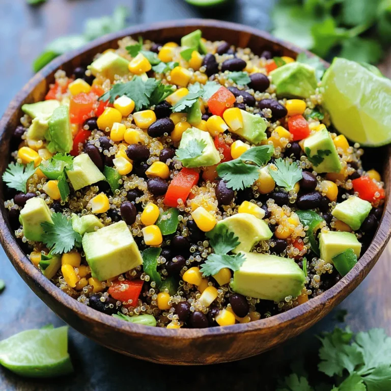 - 1 cup quinoa, rinsed - 2 cups vegetable broth - 1 can (15 oz) black beans, drained and rinsed - 1 cup corn (fresh or frozen) - 1 red bell pepper, diced - 1 avocado, diced - 1 small red onion, finely chopped - 1/4 cup fresh cilantro, chopped When making a Southwest quinoa salad, you need fresh, tasty ingredients. Quinoa acts as the base, giving a nice texture. It cooks quickly and absorbs flavors well. Black beans add protein and fiber, making this dish more filling. Corn gives sweetness and color. The red bell pepper adds crunch and a pop of color. The avocado provides creaminess and healthy fats. Finally, red onion adds a slight bite. Together, these ingredients create a vibrant, nutritious salad that’s perfect for any meal. - Juice of 2 limes - 2 tablespoons olive oil - 1 teaspoon cumin - 1 teaspoon chili powder - Salt and pepper to taste The dressing is key to this salad's flavor. Lime juice adds brightness and tang. Olive oil brings richness and helps blend the spices. Cumin gives a warm, earthy taste. Chili powder adds a little kick. Salt and pepper round out the flavors. These ingredients create a zesty dressing that makes the salad shine. - Additional cilantro - Lime wedges - Diced jalapeños For extra flavor and flair, consider optional toppings. Fresh cilantro gives a burst of freshness. Lime wedges allow you to add more tang to each bite. Diced jalapeños add heat for those who love spice. These toppings enhance the salad's taste and make it visually appealing. For the full recipe, refer to the detailed instructions provided above. First, rinse your quinoa well under cold water. This helps remove any bitter taste. Next, in a medium saucepan, combine one cup of rinsed quinoa with two cups of vegetable broth. Bring this to a boil over medium heat. Once it boils, reduce the heat to low and cover the pot. Cook for about 15 minutes. You will know it's done when the quinoa is fluffy and all the liquid is absorbed. Remove it from heat and let it cool. Now, let’s chop the veggies. Start with the red bell pepper. Cut off the top and bottom, then slice it in half. Remove the seeds and white parts. Dice it into small pieces. Next, grab your avocado. Cut it in half and remove the pit. Then scoop the flesh out with a spoon and dice it. For the red onion, cut off both ends and peel the outer layer. Finely chop it into small pieces. These veggies add crunch and flavor to your salad. In a large mixing bowl, combine the black beans, corn, diced red bell pepper, and chopped red onion. When your quinoa has cooled, add it to the bowl with the other ingredients. In a small bowl, whisk lime juice, olive oil, cumin, chili powder, salt, and pepper together until smooth. Pour this dressing over the quinoa salad. Gently toss everything to coat. Finally, fold in the diced avocado and fresh cilantro just before serving. This keeps them fresh and tasty. You can find the full recipe above to guide you through each step! To cook quinoa just right, use a 2:1 water-to-quinoa ratio. This means for every cup of quinoa, use two cups of liquid. I prefer vegetable broth for added flavor. Bring the broth to a boil, then lower the heat. Cover and let it simmer for about 15 minutes. When done, fluff it with a fork. If you need a substitute, try using chicken broth or water. Just remember, rinsing the quinoa well removes its bitter coating. Boost the flavor of your salad by adding spices and herbs. I love to use cumin and chili powder for that Southwest kick. Fresh herbs like cilantro make a huge difference too. Add diced jalapeños for heat or lime zest for extra zing. You can also mix in some diced tomatoes or even mango for a sweet twist. The more flavors, the better! A beautiful presentation makes the meal more inviting. Serve the quinoa salad in a large bowl or on individual plates. Garnish with extra cilantro and lime wedges on the side. You can even add a sprinkle of feta cheese for color and taste. Using a colorful dish can also enhance the look. Enjoy the beauty of your cooking by making it as appealing as it is tasty. For the full recipe, check out the details above. {{image_2}} You can easily boost your Southwest Quinoa Salad with protein. Here are some tasty options: - Chicken: Grilled or shredded chicken makes a great addition. It adds heartiness and flavor. - Shrimp: Sauteed shrimp brings a nice seafood twist. Cook them in a bit of olive oil for extra taste. - Tofu: For a plant-based option, use firm tofu. Marinate it and grill or pan-fry for a savory kick. These proteins make your salad more filling and fun to eat! This salad is super flexible! You can make it fit any diet: - Gluten-free: This recipe is already gluten-free. Quinoa is a great choice. - Vegan: Skip any animal products. The salad is naturally vegan with black beans and corn. - Vegetarian: Add cheese if you want. Feta or queso fresco pairs nicely with the flavors. These changes keep everyone happy and satisfied! Fresh ingredients can change your salad game. Here’s how to use seasonal produce: - Spring: Add peas or radishes for a crunchy bite. - Summer: Toss in diced tomatoes or zucchini for a refreshing twist. - Fall: Roasted sweet potatoes or butternut squash add warmth and sweetness. - Winter: Try using kale or spinach for extra nutrients and color. Using seasonal ingredients keeps your salad fresh and exciting! For the full recipe, check out the details earlier in this article. To keep your Southwest Quinoa Salad fresh, store it in an airtight container. Glass or plastic containers work well. Ensure the salad has cooled completely before sealing it. This helps avoid condensation, which can make the salad soggy. I recommend using a container that fits the salad snugly to minimize air exposure. You can freeze Southwest Quinoa Salad for longer storage. To do this, place the salad in a freezer-safe container. Leave some space at the top to allow for expansion. However, I suggest avoiding freezing the avocado. It can become mushy when thawed. Instead, add fresh avocado when you serve the salad after thawing. In the fridge, your salad will last for about 3 to 5 days. Check for signs of spoilage, like an off smell or discoloration. If the salad starts to look slimy or has a strange taste, it's best to throw it away. Keep an eye on the freshness of the avocado, too, as it may brown faster than the other ingredients. Proper storage helps you enjoy this zesty dish for days! For the full recipe, check the earlier section. Making Southwest Quinoa Salad is quick and easy. The prep time is about 15 minutes. Cooking the quinoa takes around 15 minutes. So, the total time is about 30 minutes. You can enjoy this tasty salad fast! Yes, you can make this salad ahead of time! It stores well in the fridge. Just prepare it and place it in an airtight container. You can keep it in the fridge for up to three days. To keep it fresh, add avocado just before serving. If you don’t have black beans, use kidney beans or chickpeas. For quinoa, you can swap in rice or farro. If you lack corn, try peas or diced zucchini. Use what you have on hand to enjoy this flavorful dish. For the full recipe, check the section above. This blog post guided you through making a tasty Southwest Quinoa Salad. We covered key ingredients like quinoa, black beans, and fresh veggies. You learned to prepare and assemble the salad with a flavorful dressing. Together, we explored tips for perfect cooking, variations for different diets, and storage options for leftovers. Now, you can mix and match ingredients to create your own twist on this dish. With these steps, your salad can be a hit at any meal. Enjoy making it your own!